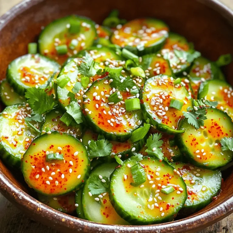 - 2 large cucumbers, thinly sliced - 1 teaspoon salt - 2 tablespoons gochugaru (Korean red pepper flakes) - 1 tablespoon sesame oil - 2 tablespoons soy sauce - 1 tablespoon rice vinegar - 1 tablespoon honey (or agave syrup for a vegan option) - 1 garlic clove, minced - 1 scallion, finely chopped - 1 tablespoon sesame seeds - A handful of cilantro, roughly chopped (optional) What are the nutritional benefits of cucumbers? Cucumbers are low in calories and high in water. They help keep you hydrated. They also contain vitamins K and C, plus potassium. These nutrients support your bones and skin health. Why is gochugaru important in Korean cuisine? Gochugaru gives dishes a smoky heat. It is a key spice in many Korean meals. This red pepper adds flavor and color, making it essential for authentic taste. What role does sesame oil play in flavor development? Sesame oil adds a rich, nutty taste to dishes. It enhances the overall flavor profile. This oil also brings warmth and depth, making it a favorite in many Asian recipes. For the full recipe, check out the complete instructions and tips to make this refreshing Spicy Korean Cucumber Salad. - Preparing the cucumbers: Salting and rinsing Start by slicing the cucumbers thinly. Use a sharp knife for clean cuts. Place the slices in a colander and sprinkle with salt. Let them sit for about 15 minutes. This step draws out excess water, making the salad crisp. Afterward, rinse the cucumber slices gently under cold water. Pat them dry with paper towels to remove any leftover salt. - Mixing the spicy dressing: Combining key ingredients In a large bowl, add gochugaru, sesame oil, soy sauce, rice vinegar, honey, and minced garlic. Whisk these ingredients well until they blend into a smooth dressing. This spicy mix is what gives the salad its bold flavor. - Final assembly: Tossing the salad together Add the dried cucumber slices to your bowl of dressing. Toss the cucumbers thoroughly to coat them evenly. Stir in the chopped scallion and sesame seeds for added flavor. This step makes sure every bite is flavorful. - How to properly slice cucumbers for the best texture Use a sharp knife to slice cucumbers thinly. Aim for uniform slices, about ¼ inch thick. This helps each piece soak up the dressing well and adds crunch. - Ensuring an even coating of the dressing After you toss the salad, check if all cucumber pieces are well coated. Use a spatula to mix gently. This ensures every bite has the same great flavor. - Importance of marinating time for flavor enhancement Let the salad sit in the fridge for at least 30 minutes. This time helps the flavors blend and deepen. The longer you let it marinate, the better it tastes. For the full recipe and more tips, check out the Full Recipe above. Spicy Korean cucumber salad shines as a side dish. It pairs well with rice or meats. Serve it alongside bulgogi or grilled chicken for a full meal. I love how the fresh crunch cuts through rich flavors. For drinks, try a chilled soju or a light beer. If you want a non-alcoholic drink, serve it with iced green tea. The lightness of these drinks complements the salad’s spice. Want a different sweetness? Swap honey for maple syrup or agave. Each brings a unique taste to the salad. You can also use brown sugar for a deep flavor. Add crunch by tossing in nuts or seeds. Chopped peanuts or toasted sesame seeds work well. They add texture and make each bite more exciting. You might also add sunflower seeds for a nut-free option. Experimenting with these can elevate your salad even more. {{image_2}} You can change up this salad to fit your taste. Instead of cucumbers, try using radishes or carrots. These veggies add crunch and unique flavors. If you need a gluten-free option, swap soy sauce for tamari. Tamari has a similar taste but is safe for gluten-free diets. This keeps your salad just as tasty. Adjusting the spice level is easy. To make it hotter, add more gochugaru or even some sliced chili peppers. Start small and taste as you go. If you want less heat, reduce the gochugaru. You can also add a splash of fresh lime juice or ginger. These flavors brighten the salad and balance the spice. For the full recipe, check out the crispy spicy Korean cucumber salad. To keep your Spicy Korean Cucumber Salad fresh, store it in the refrigerator. Use an airtight container to protect the flavors. Make sure to keep the salad chilled until you are ready to eat. This will help the cucumbers stay crisp. You can keep leftovers for about three days. After that, the cucumbers start to lose their crunch. If you notice extra liquid forming, drain it before serving again. This keeps the salad from getting soggy. Freezing the salad is not recommended. When you freeze cucumbers, they become mushy when thawed. This can ruin the salad's texture and taste. Instead, store the dressing separately if you want to save it for later. Put it in a clean jar and keep it in the fridge. It should last for about a week. When you're ready to enjoy the salad again, just mix the dressing with freshly cut cucumbers. This keeps your dish fresh and flavorful. For the full recipe, check the earlier section. Spicy Korean Cucumber Salad is a fresh and crunchy dish from Korea. It often appears at meals as a side dish. The salad features cucumbers tossed in a spicy dressing made with gochugaru. This salad is not only tasty but also brings a bright, colorful touch to your table. It shows how simple ingredients can create bold flavors. Yes, you can prepare this salad ahead of time. The flavors will deepen as it sits. To make it in advance, follow these steps: - Prepare the cucumbers and the dressing. - Combine them but wait to add scallions and sesame seeds. - Store the salad in the fridge for up to a day before serving. - Add scallions and sesame seeds just before serving for freshness. Absolutely! This dish is easy to adapt for dietary needs. To make it vegan, simply swap honey with agave syrup. All other ingredients are already plant-based. The spice level of this salad can vary. It depends on how much gochugaru you use. If you want it milder, reduce the amount of gochugaru. For more heat, add extra. Your preference will guide the spice level. This salad pairs well with many dishes. It complements grilled meats or rice dishes. You can also serve it with Korean BBQ for a complete meal. For a lighter option, enjoy it with steamed vegetables or fish. The salad adds a refreshing crunch to any plate. For the full recipe, check out the complete guide! This guide highlighted the key elements for making a Spicy Korean Cucumber Salad. We reviewed the important ingredients, how to prepare them, and tips for serving. You can enjoy this dish with various Korean meals or adjust it to fit your tastes. Don't forget, the best part is making it your own. Whether you like it spicy or mild, this salad fits many diets and occasions. Dive in and start experimenting today.