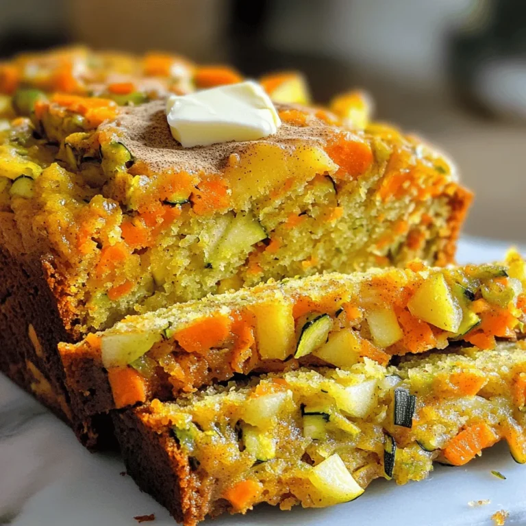 To make Carrot Apple Zucchini Bread, gather these ingredients: - 1 cup grated carrots - 1 cup grated zucchini - 1 cup grated apple (like Granny Smith or Honeycrisp) - 1/2 cup granulated sugar - 1/2 cup brown sugar, packed - 1/2 cup vegetable oil or melted coconut oil - 3 large eggs - 1 teaspoon vanilla extract - 2 cups all-purpose flour - 1 teaspoon baking powder - 1 teaspoon baking soda - 1 teaspoon ground cinnamon - 1/2 teaspoon ground nutmeg - 1/2 teaspoon salt - 1/2 cup chopped walnuts or pecans (optional) - 1/2 cup raisins or dried cranberries (optional) I recommend using fresh produce for the best flavor. If you want to swap, you can use: - Applesauce instead of oil for a healthier option. - Whole wheat flour for a heartier texture. - Coconut sugar instead of granulated sugar for a lower glycemic index. You can make this bread even more special by adding: - Chocolate chips for a sweet touch. - Shredded coconut for a tropical vibe. - Ground ginger for an extra zing. - Chopped dried fruits for added sweetness. These choices can change the flavor and texture, so feel free to experiment! If you want the complete recipe with instructions, check the Full Recipe link. First, set your oven to 350°F (175°C). This is key for even baking. Next, take a 9x5-inch loaf pan. Grease it with butter or oil, then sprinkle flour on it. This helps the bread come out easily. If you want, you can line the pan with parchment paper. In a large bowl, gather your grated carrots, zucchini, and apple. This mix adds moisture and flavor. In another bowl, whisk together granulated sugar, brown sugar, and oil until they blend well. Add three large eggs, one at a time. Mix after each egg. Finally, stir in one teaspoon of vanilla extract for a sweet touch. Take a clean bowl and mix the dry ingredients. This includes two cups of all-purpose flour, one teaspoon of baking powder, one teaspoon of baking soda, one teaspoon of ground cinnamon, half a teaspoon of ground nutmeg, and half a teaspoon of salt. Stir well to mix everything evenly. Now, carefully add the dry mix to the wet mix. Stir gently until just combined. Do not overmix! Next, fold in the grated carrots, zucchini, and apple. You can also add nuts or dried fruits if you like. This extra step boosts the flavor and texture of your bread. Pour the batter into your prepared loaf pan. Smooth the top with a spatula. Place it in your heated oven. Bake for 55-65 minutes. To check if it’s done, insert a toothpick into the center. If it comes out clean, your bread is ready! Let it cool in the pan for about 10 minutes, then transfer it to a wire rack. Enjoy your delicious creation! For more details, see the Full Recipe. To keep your Carrot Apple Zucchini Bread moist, use fresh ingredients. Grate the carrots, zucchini, and apples just before mixing. This helps them retain water. Adding both granulated and brown sugar also helps keep the bread moist. Brown sugar has more moisture than white sugar. You can also add a bit of yogurt or applesauce to the batter. This will add extra moisture without changing the flavor. One big mistake is overmixing the batter. This makes the bread tough. Mix just until the dry and wet ingredients combine. Another issue is not checking your oven temperature. An oven that's too hot can burn the bread outside while leaving it raw inside. Use an oven thermometer to ensure the right heat. Lastly, don’t forget to grease your loaf pan. This avoids sticking and makes removal easy. After baking, let the bread cool for about 10 minutes in the pan. This helps it firm up. Then, transfer it to a wire rack. Cooling it completely allows the flavors to develop. When slicing, use a serrated knife. This keeps the slices neat and prevents squishing. If you want warm slices, serve them with butter or cream cheese. A sprinkle of cinnamon on top adds a nice touch too. For the full recipe, check the details above. {{image_2}} To make this bread gluten-free, swap all-purpose flour for a gluten-free blend. Look for a blend that includes xanthan gum. This helps mimic the texture of regular flour. Measure by weight for accuracy. You can also use almond flour or coconut flour, but adjust the liquid to keep it moist. For a vegan version, replace eggs with flax eggs. Mix one tablespoon of ground flaxseed with three tablespoons of water. Let it sit for five minutes to thicken. Use plant-based oil, like coconut or olive oil, instead of regular oil. You can also substitute the granulated sugar with coconut sugar for a healthier option. You can enhance the flavor of your bread with spices. Add a pinch of ginger or cloves for warmth. Try tossing in some chopped nuts, like walnuts or pecans, for crunch. Dried fruits like cranberries or apricots can add sweetness. Experiment with different combinations to find your favorite mix. For the complete recipe, check out the [Full Recipe]. To keep your carrot apple zucchini bread fresh, store it in an airtight container. This helps to keep the moisture inside. You can also wrap it in plastic wrap. If you plan to eat it within a few days, leave it at room temperature. If not, the fridge is a good choice. It may dry out a bit, but it will stay safe to eat. Freezing is a great way to save your bread for later. First, let the bread cool completely. Next, wrap it tightly in plastic wrap. Then, place it in a freezer bag or container. Label it with the date. It can last up to three months in the freezer. When you're ready to enjoy it, thaw it in the fridge overnight or on the counter for a few hours. To reheat your bread, slice it first. This helps it warm evenly. You can use a toaster, oven, or microwave. For the oven, preheat it to 350°F (175°C). Place the slices on a baking sheet and heat for about 10 minutes. If you use a microwave, warm a slice for about 15-20 seconds. Enjoy it warm with butter or cream cheese from the full recipe. You can tell when the bread is done by using a toothpick. Insert it into the center of the loaf. If it comes out clean, your bread is ready. The top should also be golden brown. It will feel firm to the touch. If it jiggles, it needs more time. Bake for about 55 to 65 minutes for best results. Yes, you can use different types of apples. Each kind will give a unique flavor. Granny Smith apples add tartness. Honeycrisp apples bring sweetness and crunch. You can also mix apple types for more flavor depth. Just make sure to grate them for even mixing. This bread pairs well with many things. You can serve it warm with butter. Cream cheese is another great option. Try adding a sprinkle of cinnamon or a drizzle of honey on top. Fresh fruit or yogurt also makes a nice side. To boost nutrition, use whole wheat flour instead of all-purpose flour. You can also add chia seeds or flaxseeds. They add fiber and omega-3 fatty acids. Another idea is to reduce sugar. You can replace half the sugar with applesauce for natural sweetness. Absolutely! You can add extra grated vegetables. Try using spinach or shredded sweet potato. They blend well and add more vitamins. Just keep the total amount of grated veggies the same. This will help the bread stay moist and fluffy. For the full recipe, check out the earlier section. In this blog post, we explored ingredients and steps for baking delicious Carrot Apple Zucchini Bread. We covered measurements, optional add-ins, and tips for keeping your bread moist. You learned about variations like gluten-free and vegan options, along with best storage practices. Baking can be simple and fun. With these tips, you can create tasty bread that everyone loves. Enjoy experimenting with flavors and watching your baking skills grow!