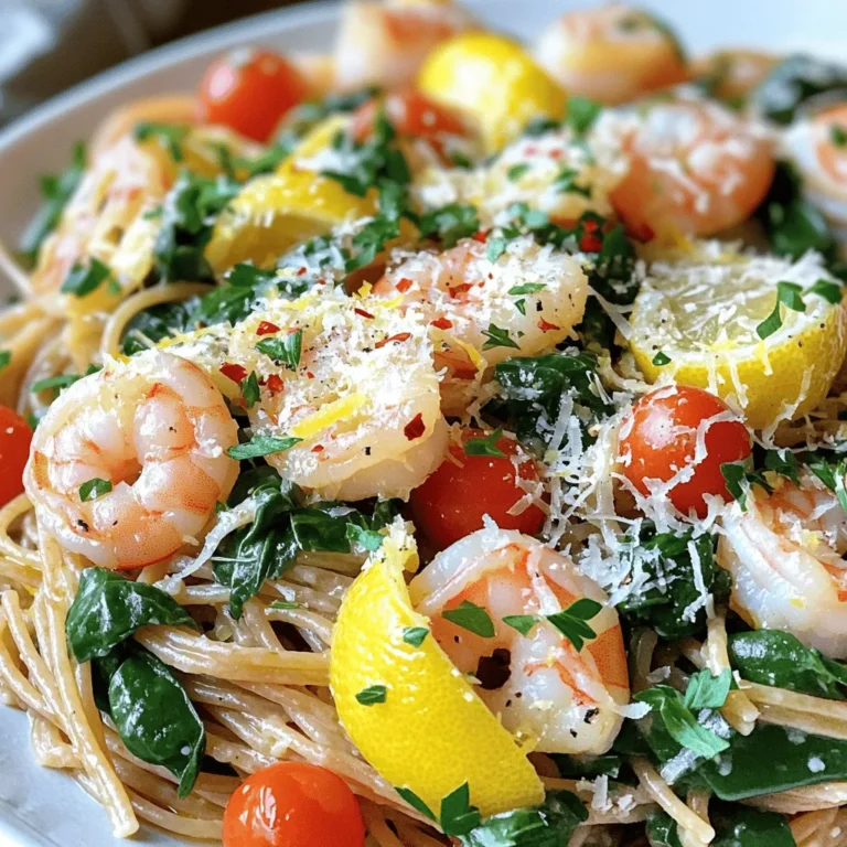To make the best healthy shrimp pasta, you need these key ingredients: - 8 oz whole wheat spaghetti - 1 lb large shrimp, peeled and deveined - 2 tablespoons olive oil - 3 cloves garlic, minced - Zest and juice of 1 lemon - 1 cup cherry tomatoes, halved - 2 cups fresh spinach - 1/4 cup grated Parmesan cheese (optional) - 1 teaspoon red pepper flakes (adjust to taste) - Salt and pepper, to taste - Fresh parsley, chopped for garnish These ingredients create a tasty and healthy dish. Whole wheat spaghetti adds fiber. Shrimp provides lean protein. Fresh spinach and tomatoes bring vitamins and color. You can boost flavor with a few more ingredients. Consider adding: - Capers for a briny kick. - Fresh basil for a sweet note. - Lemon zest for extra brightness. - A splash of white wine for depth. Feel free to mix and match these additions. They elevate your dish while keeping it healthy. Each serving of this shrimp pasta dish provides balanced nutrition. Here’s what you can expect per serving: - Calories: about 400 - Protein: 30g - Carbs: 50g - Fiber: 6g - Fat: 10g This dish packs in protein and fiber. It's a filling meal that won't weigh you down. For the full recipe, check out the details above. Start by gathering all your ingredients. You need whole wheat spaghetti, shrimp, olive oil, garlic, lemon, cherry tomatoes, spinach, Parmesan cheese, red pepper flakes, salt, and pepper. Ensure your shrimp is peeled and deveined. This saves time and makes cooking easier. Next, fill a large pot with water. Add a generous amount of salt. Bring it to a boil. This salty water will flavor the pasta as it cooks. Once the water is boiling, add the spaghetti. Cook it according to the package instructions until it is al dente. This usually takes about 8 to 10 minutes. While the pasta cooks, heat olive oil in a large skillet over medium heat. After a few moments, add minced garlic. Sauté it for about 30 seconds until it smells great. Now, toss in the shrimp. Cook them for 2-3 minutes. They will change color to pink and opaque. Make sure to stir them occasionally for even cooking. After the shrimp are cooked, add the zest and juice of the lemon. Then, mix in the halved cherry tomatoes and spinach. Cook them for about 2 minutes. The spinach will wilt nicely, adding color and nutrients. Once that’s done, add the cooked spaghetti to the skillet. Toss everything together gently. If the dish feels dry, pour in some reserved pasta water to help it blend. Finally, season your dish with red pepper flakes, salt, and pepper. If you like, sprinkle some grated Parmesan cheese on top. This adds creaminess and flavor. Let the dish sit for a minute. This step helps all the flavors meld together. Serve your tasty shrimp pasta right away, garnished with fresh parsley. For more cooking details, check the Full Recipe. To cook shrimp well, focus on timing. Shrimp cooks fast, so watch it closely. Start with a hot skillet and add oil. Once the oil shimmers, add shrimp. Cook for 2-3 minutes. When they turn pink and opaque, they are done. Overcooking makes shrimp tough. Always remove them from heat as soon as they’re ready. To boost the taste of your dish, use simple seasonings. Fresh garlic and lemon zest add brightness. I love adding red pepper flakes for heat. You can adjust the amount to your liking. Salt and black pepper enhance all the flavors. Mix your seasonings into the shrimp while cooking. This helps the flavors marry well. Cooking pasta seems easy, but small mistakes can ruin it. Always boil your pasta in salted water. This adds flavor from the start. Stir the pasta in the pot to prevent sticking. Test for doneness a minute before the time on the package. For perfect texture, aim for al dente. Lastly, reserve a bit of pasta water before draining. This water helps bind your sauce later. For the full recipe, check out the Zesty Lemon Shrimp Pasta. {{image_2}} If you want to mix things up, consider using other proteins. Chicken or scallops work well. They both cook quickly and soak up flavors. You can even use firm tofu for a nice twist. Just ensure you season it well. This keeps your meal tasty and fun. For a veggie delight, skip the shrimp and add more greens. You can use mushrooms, zucchini, or bell peppers. These add flavor and texture. Try adding chickpeas for protein too. They make the dish filling without meat. Just sauté them with the garlic for best results. Switching the pasta can boost health benefits. Whole wheat spaghetti is great, but you could try lentil or chickpea pasta. These options are high in protein and fiber. Zucchini noodles, or zoodles, are also fun. They are low in carbs and add freshness. Each choice gives a unique taste and texture to your dish. To keep your shrimp pasta fresh, you need to store it right. First, let the pasta cool down to room temperature. Then, place it in an airtight container. It’s best to use a container that fits snugly to avoid air exposure. Store it in the fridge for up to three days. Remember, the longer it sits, the more the flavors change. When you're ready to enjoy the leftovers, reheating is key. I suggest using a pan on medium heat. Add a splash of water or olive oil to help the pasta steam. Stir it often to heat evenly. If you prefer the microwave, use a microwave-safe dish. Cover it with a damp paper towel and heat for 1-2 minutes. Check and stir halfway to ensure it warms up well. Freezing is great for longer storage. To freeze shrimp pasta, first, let it cool completely. Portion it into freezer-safe bags or containers. Remove as much air as possible before sealing. You can freeze it for up to three months. To reheat, thaw it overnight in the fridge. Then, use the same reheating tips to enjoy your tasty meal again. For the full recipe, check out Zesty Lemon Shrimp Pasta. For pasta dishes, large shrimp work best. They hold flavor well and cook fast. Look for shrimp that are firm and pink. Fresh shrimp is great, but frozen shrimp is fine too. Just be sure to thaw them before cooking. You can choose wild-caught shrimp for better taste and health. They often have a sweeter flavor than farmed shrimp. Yes, you can easily make this recipe gluten-free. Just swap whole wheat spaghetti for gluten-free pasta. There are many good brands available now. Some options include brown rice pasta and chickpea pasta. These alternatives still taste good and hold up well. Always check the package for cooking times. Remember to adjust the sauce if needed, as gluten-free pasta may absorb more liquid. To make this dish healthier, use less oil and cheese. You can add more vegetables like zucchini or bell peppers. This boosts fiber and vitamins without adding too many calories. You can also swap shrimp for a leaner protein, like chicken breast. If you like spice, add more red pepper flakes for flavor without the calories. Another tip is to use whole grain pasta, which has more nutrients than regular pasta. In this blog post, we covered the key ingredients for healthy shrimp pasta, from essential ingredients to tasty additions. We shared step-by-step cooking tips, including how to combine flavors and avoid mistakes. You learned about variations for different diets and how to store leftovers effectively. In closing, this dish is simple and full of flavor. Experiment with ingredients and enjoy the health benefits.