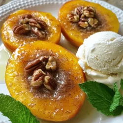 To make this tasty treat, you need just a few key items: - 4 ripe peaches, halved and pitted - 1/2 cup brown sugar - 1 teaspoon ground cinnamon - 1/4 teaspoon nutmeg - 1 tablespoon melted butter These ingredients create a sweet and warm flavor. The peaches become soft, juicy, and full of taste. The brown sugar and cinnamon give a lovely aroma while baking. You can add a few optional items for extra flavor: - 1/4 cup pecans, chopped - Vanilla ice cream (for serving) - Fresh mint leaves (for garnish) Chopped pecans add crunch, while vanilla ice cream gives a creamy touch. Fresh mint leaves also add a pop of color and freshness. You can change this recipe to fit your taste. Try using other fruits like nectarines or plums. For a spice twist, add a pinch of cardamom or ginger. You can also switch brown sugar for honey or maple syrup for a different sweetness. These variations make it fun to experiment while enjoying the same warm, baked goodness. For the full recipe, check out the details above. Preheating the Oven Start by preheating your oven to 350°F (175°C). This step is key for even baking. A hot oven helps the peaches cook well and caramelize nicely. Preparing the Cinnamon Sugar Mixture Next, grab a small bowl. Mix together 1/2 cup of brown sugar, 1 teaspoon of ground cinnamon, and 1/4 teaspoon of nutmeg. This blend creates a warm, sweet flavor. Stir it well to combine the spices and sugar evenly. Arranging Peach Halves and Adding Butter Take 4 ripe peaches and cut them in half. Remove the pits. Place the peach halves cut-side up in a baking dish. Drizzle 1 tablespoon of melted butter over each half. The butter adds richness and moisture to the peaches. Timing and Temperature Guidelines Sprinkle the cinnamon sugar mixture generously over the peaches. If you want a crunch, add chopped pecans on top. Bake the peaches in your preheated oven for 25-30 minutes. You’ll know they are done when they are soft and caramelized. The smell will fill your kitchen, making it hard to wait! You can find the full recipe above to follow along easily. Enjoy! Choose ripe peaches for this recipe. They should feel soft but not mushy. Look for peaches with a sweet smell. Yellow or golden skin shows they are ripe. You can use white peaches too. They are sweeter and very tasty. Always wash the peaches before using them. To get great caramelization, use brown sugar. It melts and adds a rich flavor. Mix it with cinnamon and nutmeg for warmth. Drizzle melted butter on the peaches. This helps them cook evenly and enhances the taste. Bake them until they are tender and golden. Keep an eye on them to prevent burning. Serve these baked peaches warm. A scoop of vanilla ice cream pairs well. The cold ice cream contrasts nicely with the hot peaches. You can also add fresh mint leaves for a pop of color. Chopped pecans add a nice crunch too. For the full recipe, check the details above. Enjoy this delightful dish! {{image_2}} You can easily make this dish gluten-free. The main ingredients are naturally gluten-free. Use fresh peaches and the cinnamon sugar mix without any gluten-filled items. Just ensure any toppings, like pecans, are also gluten-free. This way, everyone can enjoy this sweet treat. If you prefer less sugar, try alternative sweeteners. Options like honey or maple syrup work well. You can also use stevia for a low-calorie choice. For toppings, consider adding coconut flakes or crushed nuts. Each adds a unique flavor and texture to your baked peaches. Want a lighter version? Swap out the butter for coconut oil. This gives a nice flavor and cuts calories. You can also use a sugar substitute. Try using a mix of Greek yogurt instead of ice cream. It adds creaminess without the extra sugar and fat. For a fresh twist, add a squeeze of lemon juice before baking. After you enjoy your cinnamon sugar baked peaches, store any leftovers. Place them in an airtight container. Make sure to let them cool first. Keep the container in the fridge. These peaches will stay fresh for a few days. To reheat your baked peaches, use the oven for the best results. Preheat the oven to 350°F (175°C). Place the peaches on a baking sheet. Heat them for about 10 minutes. This keeps them warm and brings back their lovely caramelized flavor. Baked peaches last about 3 to 5 days in the fridge. If you want to keep them longer, freezing is a great option. Wrap each peach half in plastic wrap. Then, place them in a freezer bag. They can last up to 3 months in the freezer. When ready to eat, thaw them in the fridge overnight. You can reheat them as described above for a tasty treat. For baking, I prefer ripe freestone peaches. They are easy to pit and slice. Look for peaches that are firm yet slightly soft when pressed. Their sweetness shines when baked. If freestone peaches are not available, clingstone peaches work too. Just remember to pit them carefully. Yes, you can prepare these peaches in advance. Bake them and let them cool. Store the baked peaches in an airtight container in the fridge for up to three days. When you’re ready to serve, warm them in the oven. This keeps the flavors fresh and delicious. You can serve Cinnamon Sugar Baked Peaches with a scoop of vanilla ice cream. The cold ice cream pairs well with warm peaches. Try drizzling caramel sauce or honey for extra sweetness. For a fun twist, add a sprinkle of sea salt. Fresh mint leaves add a nice touch too! Cinnamon Sugar Baked Peaches is a simple yet satisfying dessert. You learned about key ingredients and how to bake them perfectly. I shared tips for selecting the best peaches and how to store leftovers. Remember, you can customize this dish to fit your taste. Enjoy experimenting with flavors and toppings. Happy baking!