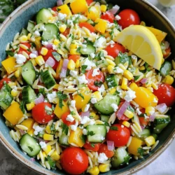 To make a vibrant Rainbow Orzo Salad, gather these key ingredients: - 1 cup orzo pasta - 1 cup cherry tomatoes, halved - 1 yellow bell pepper, diced - 1 cucumber, diced - 1 cup corn kernels (fresh, frozen, or canned) - 1/2 red onion, finely chopped - 1/2 cup feta cheese, crumbled - 1/4 cup fresh parsley, chopped - 1/4 cup olive oil - 3 tablespoons lemon juice - Salt and pepper to taste You can add some extra zing to your salad: - 1/4 teaspoon chili flakes for a kick These optional ingredients boost the taste and make it unique. For this recipe, you’ll need: - A large pot for cooking orzo - A colander for draining pasta - A large mixing bowl for combining ingredients - A whisk for mixing the dressing - A sharp knife for chopping vegetables - A cutting board for safe prep These tools make your cooking experience smooth and fun. Enjoy making this colorful salad! For the full recipe, check out the specific instructions. To start, you need to cook the orzo pasta. Boil water in a pot. Add a pinch of salt. Once the water is boiling, pour in 1 cup of orzo pasta. Cook it for about 8 to 10 minutes, or until it’s tender. Stir occasionally to keep it from sticking. When it’s done, drain the pasta in a colander. Rinse it under cold water to stop the cooking. This keeps the orzo firm. Set it aside for now. Now, let’s mix the fun stuff! In a large bowl, combine the colorful ingredients. Add 1 cup of halved cherry tomatoes, 1 diced yellow bell pepper, and 1 diced cucumber. Toss in 1 cup of corn kernels and 1/2 finely chopped red onion. These veggies bring great crunch and color. Next, add the cooled orzo to this mix. Make sure to stir gently so everything combines well. Now, we need to make the dressing. In a small bowl, pour in 1/4 cup of olive oil and 3 tablespoons of lemon juice. Whisk them together until they blend. This dressing adds a fresh zing. Drizzle it over the orzo and veggies. Season with salt and pepper to taste. If you like a bit of heat, add 1/4 teaspoon of chili flakes. Mix everything well to coat the salad evenly. Let it chill in the fridge for at least 30 minutes. This helps the flavors blend. For the full recipe, check the section above. To get that ideal orzo texture, cook it al dente. This means it should still have a little bite. Follow the package instructions closely. After cooking, drain and rinse the orzo under cold water. This stops the cooking and cools it down. It also helps the orzo stay separate. No one wants clumpy pasta in their salad! You can easily boost the flavor in your Rainbow Orzo Salad. Try adding herbs like basil or mint. These herbs bring a fresh taste. Lemon zest also adds a bright touch. If you love spice, add chili flakes. You can even use different cheeses, like goat cheese or mozzarella. For a fun twist, toss in some olives or sun-dried tomatoes. This lets you create your own unique flavor profile. Presentation matters! Serve your salad in a big bowl for sharing. Garnish with extra parsley and a lemon wedge. This adds color and makes it look fresh. For individual servings, use mason jars. They look cute and are easy to grab. You can layer the ingredients for a nice effect. Check out the Full Recipe for more ideas! {{image_2}} You can easily make this salad even more vibrant. Add in some diced avocado for creaminess. Consider tossing in steamed broccoli or roasted beets for extra color. These veggies blend well with the other fresh ingredients. You can also swap out the feta cheese for a vegan option, like almond feta. This keeps the dish light and fresh. To turn this salad into a filling meal, add protein. Grilled chicken or shrimp pairs nicely with the flavors. You can also use chickpeas or black beans for a vegetarian option. They add great texture and protein. If you like fish, try adding canned tuna or smoked salmon. Each option makes it heartier and more satisfying. Use seasonal produce to keep your salad fresh and fun. In spring, add asparagus or peas for a crisp touch. In summer, swap in diced zucchini or tomatoes for sweetness. In fall, roasted sweet potatoes or butternut squash can be a great choice. In winter, add roasted Brussels sprouts or kale to stay cozy. This way, your Rainbow Orzo Salad stays exciting all year round! To keep your Rainbow Orzo Salad fresh, store it in an airtight container. Make sure to place it in the fridge right after making it. This keeps the flavors vibrant and the veggies crisp. If you have leftovers, store them in the same way. The salad stays tasty for a few days. Rainbow Orzo Salad is perfect for meal prep. You can cook the orzo and chop the veggies ahead of time. Keep the dressing separate until you are ready to eat. This ensures the salad does not get soggy. Each day, mix the salad with the dressing for a fresh meal. Rainbow Orzo Salad lasts about three to five days in the fridge. If you want to freeze it, keep in mind that the veggies may lose their crunch. To freeze, place the salad in a freezer-safe bag. When you're ready to eat it, thaw it in the fridge overnight. Enjoy the bright flavors with a fresh touch, even after freezing! For the complete recipe, see the Full Recipe. If you cannot find orzo pasta, don't worry! You can use other small pasta types like ditalini or acini di pepe. Rice, quinoa, or couscous work well too. Just make sure to cook them according to package instructions. This keeps the texture light and fluffy. Yes, you can make this salad ahead of time! I recommend preparing it the day before. This allows the flavors to mix and deepen. Just keep it in the fridge in a sealed container. Before serving, give it a quick stir. To make Rainbow Orzo Salad for a crowd, simply double or triple the recipe. Use larger bowls for mixing. You might also want to add more veggies or proteins. This makes the salad heartier and more filling. The Full Recipe will guide you through it all! Rainbow Orzo Salad is colorful, tasty, and easy to make. We explored the key ingredients, cooking steps, and useful tips. You now know how to customize the dish with various flavors and ideas. Remember to store it properly to keep it fresh and delicious. This salad is not just a side; it can be a main meal with protein. Enjoy experimenting with your version of Rainbow Orzo Salad! Happy cooking!