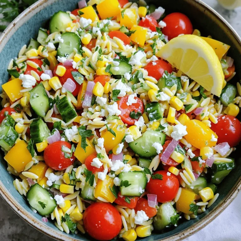 To make a vibrant Rainbow Orzo Salad, gather these key ingredients: - 1 cup orzo pasta - 1 cup cherry tomatoes, halved - 1 yellow bell pepper, diced - 1 cucumber, diced - 1 cup corn kernels (fresh, frozen, or canned) - 1/2 red onion, finely chopped - 1/2 cup feta cheese, crumbled - 1/4 cup fresh parsley, chopped - 1/4 cup olive oil - 3 tablespoons lemon juice - Salt and pepper to taste You can add some extra zing to your salad: - 1/4 teaspoon chili flakes for a kick These optional ingredients boost the taste and make it unique. For this recipe, you’ll need: - A large pot for cooking orzo - A colander for draining pasta - A large mixing bowl for combining ingredients - A whisk for mixing the dressing - A sharp knife for chopping vegetables - A cutting board for safe prep These tools make your cooking experience smooth and fun. Enjoy making this colorful salad! For the full recipe, check out the specific instructions. To start, you need to cook the orzo pasta. Boil water in a pot. Add a pinch of salt. Once the water is boiling, pour in 1 cup of orzo pasta. Cook it for about 8 to 10 minutes, or until it’s tender. Stir occasionally to keep it from sticking. When it’s done, drain the pasta in a colander. Rinse it under cold water to stop the cooking. This keeps the orzo firm. Set it aside for now. Now, let’s mix the fun stuff! In a large bowl, combine the colorful ingredients. Add 1 cup of halved cherry tomatoes, 1 diced yellow bell pepper, and 1 diced cucumber. Toss in 1 cup of corn kernels and 1/2 finely chopped red onion. These veggies bring great crunch and color. Next, add the cooled orzo to this mix. Make sure to stir gently so everything combines well. Now, we need to make the dressing. In a small bowl, pour in 1/4 cup of olive oil and 3 tablespoons of lemon juice. Whisk them together until they blend. This dressing adds a fresh zing. Drizzle it over the orzo and veggies. Season with salt and pepper to taste. If you like a bit of heat, add 1/4 teaspoon of chili flakes. Mix everything well to coat the salad evenly. Let it chill in the fridge for at least 30 minutes. This helps the flavors blend. For the full recipe, check the section above. To get that ideal orzo texture, cook it al dente. This means it should still have a little bite. Follow the package instructions closely. After cooking, drain and rinse the orzo under cold water. This stops the cooking and cools it down. It also helps the orzo stay separate. No one wants clumpy pasta in their salad! You can easily boost the flavor in your Rainbow Orzo Salad. Try adding herbs like basil or mint. These herbs bring a fresh taste. Lemon zest also adds a bright touch. If you love spice, add chili flakes. You can even use different cheeses, like goat cheese or mozzarella. For a fun twist, toss in some olives or sun-dried tomatoes. This lets you create your own unique flavor profile. Presentation matters! Serve your salad in a big bowl for sharing. Garnish with extra parsley and a lemon wedge. This adds color and makes it look fresh. For individual servings, use mason jars. They look cute and are easy to grab. You can layer the ingredients for a nice effect. Check out the Full Recipe for more ideas! {{image_2}} You can easily make this salad even more vibrant. Add in some diced avocado for creaminess. Consider tossing in steamed broccoli or roasted beets for extra color. These veggies blend well with the other fresh ingredients. You can also swap out the feta cheese for a vegan option, like almond feta. This keeps the dish light and fresh. To turn this salad into a filling meal, add protein. Grilled chicken or shrimp pairs nicely with the flavors. You can also use chickpeas or black beans for a vegetarian option. They add great texture and protein. If you like fish, try adding canned tuna or smoked salmon. Each option makes it heartier and more satisfying. Use seasonal produce to keep your salad fresh and fun. In spring, add asparagus or peas for a crisp touch. In summer, swap in diced zucchini or tomatoes for sweetness. In fall, roasted sweet potatoes or butternut squash can be a great choice. In winter, add roasted Brussels sprouts or kale to stay cozy. This way, your Rainbow Orzo Salad stays exciting all year round! To keep your Rainbow Orzo Salad fresh, store it in an airtight container. Make sure to place it in the fridge right after making it. This keeps the flavors vibrant and the veggies crisp. If you have leftovers, store them in the same way. The salad stays tasty for a few days. Rainbow Orzo Salad is perfect for meal prep. You can cook the orzo and chop the veggies ahead of time. Keep the dressing separate until you are ready to eat. This ensures the salad does not get soggy. Each day, mix the salad with the dressing for a fresh meal. Rainbow Orzo Salad lasts about three to five days in the fridge. If you want to freeze it, keep in mind that the veggies may lose their crunch. To freeze, place the salad in a freezer-safe bag. When you're ready to eat it, thaw it in the fridge overnight. Enjoy the bright flavors with a fresh touch, even after freezing! For the complete recipe, see the Full Recipe. If you cannot find orzo pasta, don't worry! You can use other small pasta types like ditalini or acini di pepe. Rice, quinoa, or couscous work well too. Just make sure to cook them according to package instructions. This keeps the texture light and fluffy. Yes, you can make this salad ahead of time! I recommend preparing it the day before. This allows the flavors to mix and deepen. Just keep it in the fridge in a sealed container. Before serving, give it a quick stir. To make Rainbow Orzo Salad for a crowd, simply double or triple the recipe. Use larger bowls for mixing. You might also want to add more veggies or proteins. This makes the salad heartier and more filling. The Full Recipe will guide you through it all! Rainbow Orzo Salad is colorful, tasty, and easy to make. We explored the key ingredients, cooking steps, and useful tips. You now know how to customize the dish with various flavors and ideas. Remember to store it properly to keep it fresh and delicious. This salad is not just a side; it can be a main meal with protein. Enjoy experimenting with your version of Rainbow Orzo Salad! Happy cooking!