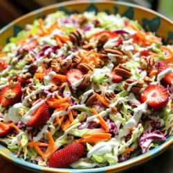 To make a tasty Crisp Strawberry Coleslaw, you need simple, fresh ingredients: - 4 cups green cabbage, finely shredded - 1 cup red cabbage, finely shredded - 1 cup carrots, grated - 1 cup strawberries, hulled and sliced - 1/2 cup red onion, thinly sliced - 1/2 cup Greek yogurt - 2 tablespoons apple cider vinegar - 2 tablespoons honey - 1 tablespoon Dijon mustard - Salt and black pepper to taste - 1/4 cup toasted pecans for garnish (optional) Each type of cabbage adds a unique crunch and vibrant color. The strawberries bring a sweet burst, making each bite refreshing. The Greek yogurt gives the dressing a creamy base, while apple cider vinegar adds a tang. Honey sweetens the mix, and Dijon mustard brings a slight kick. This coleslaw is not just tasty; it's also good for you. Each serving has about 150 calories. - Strawberries are rich in vitamins C and K. - Cabbage contains fiber and vitamin C, too. - Greek yogurt offers protein and probiotics for gut health. Including these ingredients in your diet can support your immune system and digestive health. This coleslaw is a perfect, healthy addition to any meal. You can find the full recipe to make this dish and enjoy its flavors. To make Crisp Strawberry Coleslaw, start by shredding the cabbage and onion. Use a sharp knife or a box grater. Cut the green and red cabbage into thin strips. Then, slice the red onion into thin pieces. This adds a nice crunch and flavor to your salad. Next, grate the carrots. A box grater works well for this. Grate until you have one cup of carrots. After that, hull and slice the strawberries. Make sure to cut them into thin pieces for easy mixing. This brightens the coleslaw and adds sweetness. Now, let’s focus on the dressing. You will need Greek yogurt, apple cider vinegar, honey, and Dijon mustard. These ingredients combine to create a creamy and tangy dressing. To get the right texture, whisk them together in a bowl. Aim for a smooth and creamy mix. If it feels too thick, add a bit more vinegar. Taste it and adjust with salt and pepper. This will enhance the flavor of your coleslaw. It’s time to bring everything together! In a large mixing bowl, combine the shredded cabbages, grated carrots, and sliced strawberries. Toss them gently to mix all the colors and flavors well. Next, pour the dressing over the salad mix. Toss everything again, making sure every piece is coated evenly. This step is important for flavor. Let the coleslaw sit for about 10-15 minutes before serving. This helps the flavors blend nicely. If you like it cold, refrigerate for up to 30 minutes. Just before serving, sprinkle some toasted pecans on top for a nice crunch. This adds both flavor and a beautiful look to your dish. For the full recipe, see the earlier section. To make your coleslaw taste great, adjust the sweetness. If you like it sweeter, add more honey. For a tangy flavor, increase the apple cider vinegar. Letting the coleslaw sit for 10-15 minutes allows the flavors to blend well. If you want it colder, chill it in the fridge for up to 30 minutes. Serving this coleslaw in a large bowl makes it look nice. You can also serve it in individual cups for a fun touch. For garnish, sprinkle toasted pecans on top just before serving. They add a nice crunch and look pretty, too. One mistake is overdressing the coleslaw. If you add too much dressing, it can become soggy. Another mistake is using unripe strawberries. They lack sweetness and flavor. Always choose ripe, juicy strawberries for the best taste. {{image_2}} You can easily swap Greek yogurt for sour cream or mayonnaise if you prefer. This change will give your coleslaw a different taste and texture. If you want to add more fruit, try apples, blueberries, or even pineapple. These fruits can add sweetness and extra color to your dish. For a vegan option, replace Greek yogurt with a dairy-free yogurt. You can also use maple syrup instead of honey to keep it plant-based. To make it gluten-free, check that your Dijon mustard does not contain any gluten. For a low-calorie version, use less dressing or skip the nuts. Crisp Strawberry Coleslaw pairs well with grilled chicken or fish. It makes a bright side dish that complements many meals. You can also use it as a topping for tacos or burgers, adding a crunchy and fresh flavor. This dish is versatile and can fit into many meal plans. To keep your Crisp Strawberry Coleslaw fresh, use airtight containers. Glass or plastic containers work well. Make sure to fill the container, leaving little air space. This keeps the coleslaw from drying out. It’s best to store it in the fridge right after serving. Crisp Strawberry Coleslaw lasts about three days in the fridge. Always check for signs of spoilage. If the coleslaw looks watery or smells off, it’s best to toss it. Fresh strawberries can spoil faster, so be mindful of that. Can you freeze coleslaw? Yes, but I don't recommend it for this recipe. Freezing changes the texture of the cabbage and strawberries. If you still want to freeze it, use a freezer-safe container. Remove as much air as possible. Use it within two months for the best flavor. To spice up your Crisp Strawberry Coleslaw, add sliced jalapeños. You can also mix in a pinch of cayenne pepper or red pepper flakes. These will give your dish a nice kick. Start with small amounts, then taste it. Adjust as needed to match your heat level. Crisp Strawberry Coleslaw can safely sit out for about two hours. After that, it may not be safe to eat. If it's hot outside, reduce this time to just one hour. Always cover the coleslaw to keep it fresh. Using frozen strawberries is possible, but fresh ones work best. Frozen berries may turn mushy when thawed. If you choose frozen, let them thaw first and drain excess water. This helps keep your coleslaw crunchy. Yes, you can make Crisp Strawberry Coleslaw ahead of time. Prepare it a few hours before serving. Mix everything except the dressing. Store the veggies in the fridge. Just before serving, add the dressing to keep it fresh. For the full recipe, check out the complete guide. We've explored how to create a delicious Crisp Strawberry Coleslaw, from gathering fresh ingredients to mixing it all together. You learned about the health benefits of cabbage and strawberries, the art of making a tasty dressing, and tips for presentation. Remember to store leftovers properly for the best taste and texture. This salad brings a burst of flavor and nutrition to any meal. Keep experimenting with variations to make it your own, and enjoy the fresh, crisp goodness!