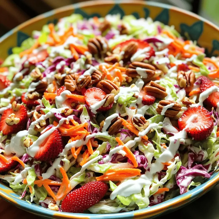 To make a tasty Crisp Strawberry Coleslaw, you need simple, fresh ingredients: - 4 cups green cabbage, finely shredded - 1 cup red cabbage, finely shredded - 1 cup carrots, grated - 1 cup strawberries, hulled and sliced - 1/2 cup red onion, thinly sliced - 1/2 cup Greek yogurt - 2 tablespoons apple cider vinegar - 2 tablespoons honey - 1 tablespoon Dijon mustard - Salt and black pepper to taste - 1/4 cup toasted pecans for garnish (optional) Each type of cabbage adds a unique crunch and vibrant color. The strawberries bring a sweet burst, making each bite refreshing. The Greek yogurt gives the dressing a creamy base, while apple cider vinegar adds a tang. Honey sweetens the mix, and Dijon mustard brings a slight kick. This coleslaw is not just tasty; it's also good for you. Each serving has about 150 calories. - Strawberries are rich in vitamins C and K. - Cabbage contains fiber and vitamin C, too. - Greek yogurt offers protein and probiotics for gut health. Including these ingredients in your diet can support your immune system and digestive health. This coleslaw is a perfect, healthy addition to any meal. You can find the full recipe to make this dish and enjoy its flavors. To make Crisp Strawberry Coleslaw, start by shredding the cabbage and onion. Use a sharp knife or a box grater. Cut the green and red cabbage into thin strips. Then, slice the red onion into thin pieces. This adds a nice crunch and flavor to your salad. Next, grate the carrots. A box grater works well for this. Grate until you have one cup of carrots. After that, hull and slice the strawberries. Make sure to cut them into thin pieces for easy mixing. This brightens the coleslaw and adds sweetness. Now, let’s focus on the dressing. You will need Greek yogurt, apple cider vinegar, honey, and Dijon mustard. These ingredients combine to create a creamy and tangy dressing. To get the right texture, whisk them together in a bowl. Aim for a smooth and creamy mix. If it feels too thick, add a bit more vinegar. Taste it and adjust with salt and pepper. This will enhance the flavor of your coleslaw. It’s time to bring everything together! In a large mixing bowl, combine the shredded cabbages, grated carrots, and sliced strawberries. Toss them gently to mix all the colors and flavors well. Next, pour the dressing over the salad mix. Toss everything again, making sure every piece is coated evenly. This step is important for flavor. Let the coleslaw sit for about 10-15 minutes before serving. This helps the flavors blend nicely. If you like it cold, refrigerate for up to 30 minutes. Just before serving, sprinkle some toasted pecans on top for a nice crunch. This adds both flavor and a beautiful look to your dish. For the full recipe, see the earlier section. To make your coleslaw taste great, adjust the sweetness. If you like it sweeter, add more honey. For a tangy flavor, increase the apple cider vinegar. Letting the coleslaw sit for 10-15 minutes allows the flavors to blend well. If you want it colder, chill it in the fridge for up to 30 minutes. Serving this coleslaw in a large bowl makes it look nice. You can also serve it in individual cups for a fun touch. For garnish, sprinkle toasted pecans on top just before serving. They add a nice crunch and look pretty, too. One mistake is overdressing the coleslaw. If you add too much dressing, it can become soggy. Another mistake is using unripe strawberries. They lack sweetness and flavor. Always choose ripe, juicy strawberries for the best taste. {{image_2}} You can easily swap Greek yogurt for sour cream or mayonnaise if you prefer. This change will give your coleslaw a different taste and texture. If you want to add more fruit, try apples, blueberries, or even pineapple. These fruits can add sweetness and extra color to your dish. For a vegan option, replace Greek yogurt with a dairy-free yogurt. You can also use maple syrup instead of honey to keep it plant-based. To make it gluten-free, check that your Dijon mustard does not contain any gluten. For a low-calorie version, use less dressing or skip the nuts. Crisp Strawberry Coleslaw pairs well with grilled chicken or fish. It makes a bright side dish that complements many meals. You can also use it as a topping for tacos or burgers, adding a crunchy and fresh flavor. This dish is versatile and can fit into many meal plans. To keep your Crisp Strawberry Coleslaw fresh, use airtight containers. Glass or plastic containers work well. Make sure to fill the container, leaving little air space. This keeps the coleslaw from drying out. It’s best to store it in the fridge right after serving. Crisp Strawberry Coleslaw lasts about three days in the fridge. Always check for signs of spoilage. If the coleslaw looks watery or smells off, it’s best to toss it. Fresh strawberries can spoil faster, so be mindful of that. Can you freeze coleslaw? Yes, but I don't recommend it for this recipe. Freezing changes the texture of the cabbage and strawberries. If you still want to freeze it, use a freezer-safe container. Remove as much air as possible. Use it within two months for the best flavor. To spice up your Crisp Strawberry Coleslaw, add sliced jalapeños. You can also mix in a pinch of cayenne pepper or red pepper flakes. These will give your dish a nice kick. Start with small amounts, then taste it. Adjust as needed to match your heat level. Crisp Strawberry Coleslaw can safely sit out for about two hours. After that, it may not be safe to eat. If it's hot outside, reduce this time to just one hour. Always cover the coleslaw to keep it fresh. Using frozen strawberries is possible, but fresh ones work best. Frozen berries may turn mushy when thawed. If you choose frozen, let them thaw first and drain excess water. This helps keep your coleslaw crunchy. Yes, you can make Crisp Strawberry Coleslaw ahead of time. Prepare it a few hours before serving. Mix everything except the dressing. Store the veggies in the fridge. Just before serving, add the dressing to keep it fresh. For the full recipe, check out the complete guide. We've explored how to create a delicious Crisp Strawberry Coleslaw, from gathering fresh ingredients to mixing it all together. You learned about the health benefits of cabbage and strawberries, the art of making a tasty dressing, and tips for presentation. Remember to store leftovers properly for the best taste and texture. This salad brings a burst of flavor and nutrition to any meal. Keep experimenting with variations to make it your own, and enjoy the fresh, crisp goodness!