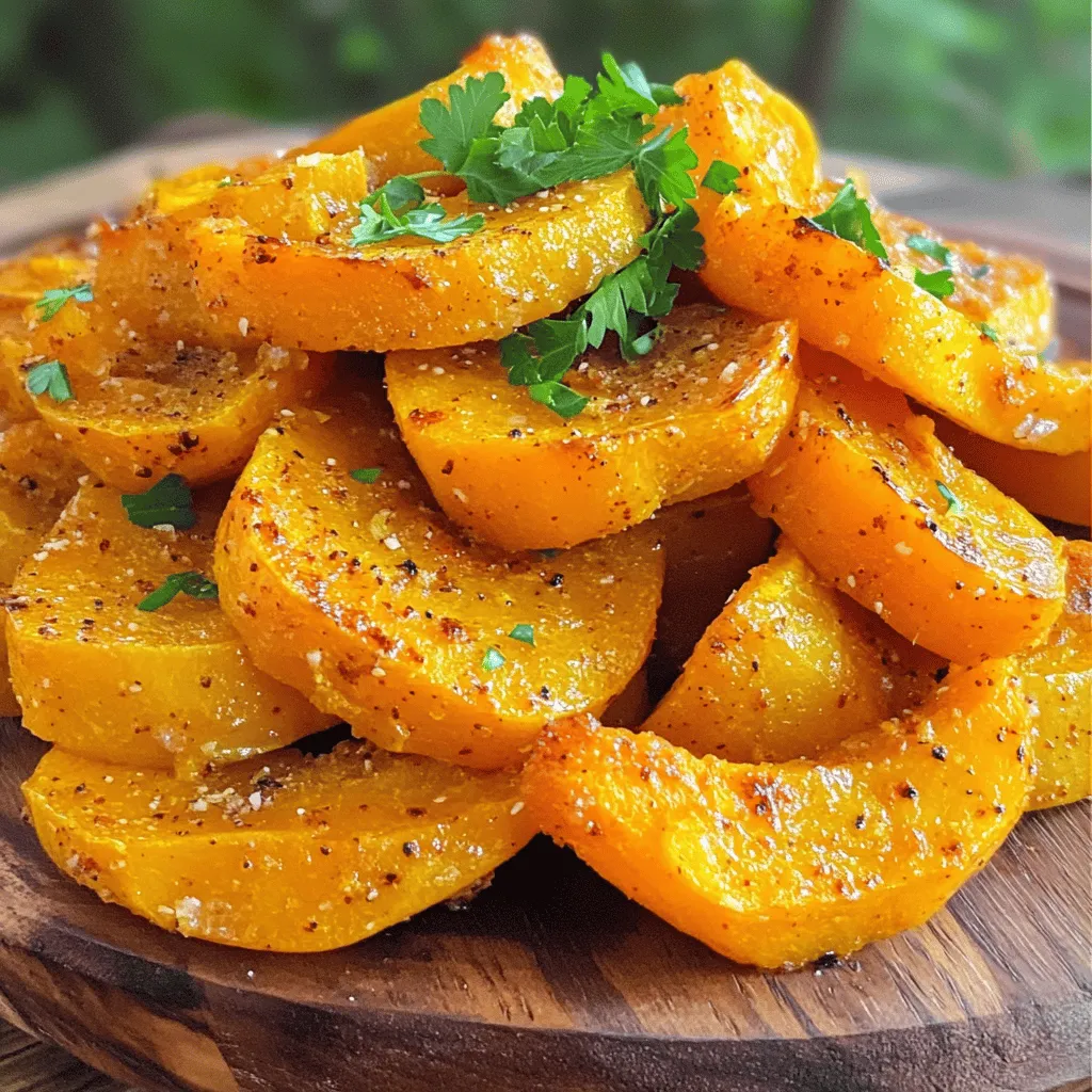 To make crispy roasted squash, you will need: - 1 medium butternut squash, peeled and diced - 2 tablespoons olive oil - 1 teaspoon smoked paprika - 1 teaspoon garlic powder - 1/2 teaspoon ground cumin - Salt and pepper to taste - 1/4 teaspoon cayenne pepper (optional for a kick) - Fresh parsley, chopped (for garnish) These ingredients work together to create a tasty dish. The squash brings sweetness and creaminess. Olive oil helps it crisp up nicely. The spices add warmth and depth. You can try a few optional ingredients to boost flavor. Consider adding: - A squeeze of lemon juice for brightness - Maple syrup for a sweet touch - Fresh herbs like thyme or rosemary for earthiness These extras can make your dish unique. Feel free to mix and match based on your taste. Here’s a quick look at the nutrition of the main ingredients: - Butternut squash is low in calories and high in vitamins. - Olive oil contains healthy fats and antioxidants. - Spices like paprika and cumin offer various health benefits. This dish is not only delicious but also nutritious. It's a great way to enjoy veggies while keeping meals fun. You can find the full recipe for crispy roasted squash in the provided link. To start, you need to prep the squash. Grab a medium butternut squash. Peel it first, then dice it into small cubes. This will help it roast evenly. Next, take a large bowl. Add the diced squash to the bowl. Pour in 2 tablespoons of olive oil. Then, add 1 teaspoon of smoked paprika. Next, toss in 1 teaspoon of garlic powder and 1/2 teaspoon of ground cumin. Don’t forget to add salt and pepper to taste. If you like some heat, add 1/4 teaspoon of cayenne pepper. Toss everything until the squash is well coated. For the best crispiness, spread the seasoned squash onto a baking sheet. Make sure to lay it in a single layer. This allows hot air to flow around each piece. Avoid overcrowding the pan. It will cause the squash to steam rather than roast. Flipping the squash halfway through cooking is key. This will help all sides get that golden, crispy look. Set your oven to 425°F (220°C) to get it hot. Place the baking sheet in the oven. Roast the squash for about 25 to 30 minutes. Keep an eye on it as it cooks. When it turns golden brown and crispy on the edges, it’s ready. Once it’s done, take it out and let it cool for a couple of minutes. For a nice touch, add freshly chopped parsley on top before serving. For the full recipe, check out the detailed cooking instructions. Picking the right squash makes all the difference. Look for butternut squash that is firm and heavy. The skin should be smooth and free from soft spots. A good squash will have a dull, beige color. If you find one with a green tint, it is not ripe yet. Seasoning can boost the taste of your squash. Use olive oil to help the spices stick. I love adding smoked paprika for a warm, smoky flavor. Garlic powder brings depth, while cumin adds a nice earthiness. For a bit of heat, sprinkle in some cayenne pepper. Don't forget to salt well; it brings out the natural sweetness of the squash. Many people make mistakes when roasting squash. One common error is not cutting the squash evenly. Make sure the pieces are similar in size for even cooking. Another mistake is overcrowding the baking sheet. If too many pieces are close together, they will steam instead of roast. Always spread them out in a single layer for the best crispiness. {{image_2}} You can use different types of squash for this recipe. Acorn squash works well and adds a sweet flavor. Delicata squash is another great choice. It’s easy to slice and has a creamy taste. If you want something unique, try kabocha squash. It has a rich, buttery texture. While smoked paprika is tasty, you can mix things up. Try using Italian herbs like oregano and thyme. For a spicy kick, add chili powder or cayenne. If you love sweetness, sprinkle a bit of cinnamon or nutmeg. These extra flavors can change the whole dish. Crispy roasted squash is versatile for any meal. Serve it as a side dish with meats like chicken or pork. It’s also great on a salad for lunch. For a cozy dinner, pair it with soup. You can even serve it as a snack with your favorite dip. Explore the [Full Recipe] for more ideas. To keep your crispy roasted squash fresh, let it cool first. Then, place it in an airtight container. This helps retain its crispiness. Store it in the fridge for up to three days. If you want to keep it longer, freezing is a great option. When reheating, aim for that crispy texture. Preheat your oven to 375°F (190°C). Spread the squash on a baking sheet in a single layer. Heat for about 10-15 minutes. This will help it regain some of its original crunch. Avoid using the microwave, as it can make the squash soft. To freeze your squash, first, cool it completely. Spread the pieces on a baking sheet and freeze for an hour. Once frozen, transfer the pieces to a freezer bag. Squeeze out the air and seal tightly. This way, you can enjoy your crispy roasted squash for up to three months. When you’re ready to eat, just reheat as mentioned above. Roasted squash is packed with vitamins and minerals. It is high in fiber, which aids digestion. Squash also contains antioxidants that help fight cell damage. Eating roasted squash can improve your vision due to its vitamin A content. It’s low in calories, making it a great choice for healthy meals. To make your squash crispier, start by cutting it into smaller cubes. This increases the surface area for roasting. Use a hot oven, around 425°F (220°C). Ensure the squash pieces are in a single layer on the baking sheet. Adding a bit more olive oil can also help achieve that golden crunch. Flip the squash halfway through cooking for even crispiness. Yes, you can use other types of squash. Acorn squash and spaghetti squash work well. Each type has its unique flavor and texture. Just remember to adjust the cooking time based on the size of the pieces you cut. Crispy roasted squash can last about 3 to 5 days in the fridge. Store it in an airtight container for best results. To keep it crispy, try to avoid sealing it while it’s still warm. Crispy roasted squash pairs well with many dishes. You can serve it alongside grilled chicken or fish for a balanced meal. It also works great in salads or as a topping for grain bowls. For a cozy dish, serve it with warm quinoa or brown rice. Explore the Full Recipe for more inspiration! This blog covered everything about making crispy roasted squash. We explored the ingredients, cooking steps, and tips for great flavor. You learned about different squash types and how to store leftovers. Remember, choosing the right squash and seasoning can make a big difference. Enjoy your cooking journey and experiment with serving suggestions. Crispy roasted squash can be a tasty treat on any table!