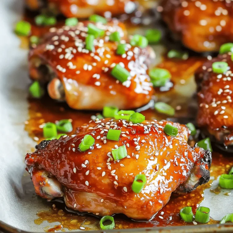 - 4 boneless, skinless chicken thighs - 4 tablespoons honey - 4 tablespoons low sodium soy sauce - 6 minced garlic cloves - 1 tablespoon grated fresh ginger - 1 tablespoon sesame oil - 2 sliced green onions (for garnish) - 1 tablespoon sesame seeds (optional for garnish) - Salt and pepper to taste In this recipe, the chicken thighs form the base. They are juicy and tender, perfect for soaking up flavors. Honey adds sweetness, while low sodium soy sauce gives a savory kick. The garlic brings a rich aroma and taste. Grated ginger adds warmth and depth. If you want a hint of nuttiness, use sesame oil. Don't forget the green onions! They add color and a fresh touch. Sesame seeds are optional but make for a nice crunch. For seasoning, just salt and pepper do the trick. These simple ingredients combine to create a dish that is both easy and delicious. You can find the full recipe in the main article for a step-by-step guide. First, gather your ingredients. You will need honey, soy sauce, garlic, ginger, sesame oil, salt, and pepper. In a medium bowl, whisk these ingredients together. Mix until they blend well. This marinade gives your chicken its sticky and sweet flavor. Next, take your chicken thighs and place them in a zip-top bag. Pour the marinade over the chicken. Make sure to seal the bag tightly. This keeps the flavors inside. Let the chicken marinate for at least 30 minutes. For a bolder taste, you can let it marinate for up to 2 hours. Now, preheat your oven to 400°F (200°C). While it heats, prepare a baking sheet with parchment paper. This helps the chicken not stick. After marinating, take the chicken out of the bag. Place it on the baking sheet. Bake the chicken for about 25 to 30 minutes. Use a meat thermometer to check the internal temperature. It should reach 165°F (75°C). This will ensure the chicken is safe to eat and juicy. For the best flavor, marinate your chicken for at least 30 minutes. If you have the time, let it sit for up to 2 hours. This longer marinating time allows the flavors to soak deep into the meat. The garlic and ginger will really shine through when you give it time to mingle. You can cook this sticky garlic chicken in the oven or on the grill. Baking it in the oven gives you a nice, even cook and helps the glaze set. If you prefer grilling, it adds a smoky flavor that pairs well with the sweet glaze. Whichever method you choose, make sure the chicken reaches an internal temperature of 165°F for safety. To get that perfect sticky glaze, reserve some marinade before cooking the chicken. Once the chicken is almost done baking, heat the reserved marinade in a saucepan. Bring it to a boil, then simmer it until it thickens. Brush this thickened glaze over the chicken right out of the oven, and watch it shine! This extra step makes the dish look and taste gourmet. For the full recipe, check out the provided link. {{image_2}} You can swap chicken thighs for other proteins. Chicken breast works great if you like lean meat. Tofu is a fantastic choice for a vegetarian option. Just press it to remove excess water. Shrimp also shines in this dish. They cook quickly and soak up all the flavors. Feel free to add your favorite veggies. Bell peppers add color and crunch. Broccoli gives a nice texture and boosts nutrition. You can toss them in with the chicken before baking. This makes the dish even more vibrant and satisfying. Want to make this dish lighter? Use less honey for a lower-sugar option. You can also choose low-sodium soy sauce to cut down on salt. These simple swaps keep the flavor while making it healthier. Enjoy delicious meals that fit your diet! For the full recipe, check out the [Full Recipe]. To keep your leftover sticky garlic chicken fresh, store it right. First, let it cool down. Place the chicken in an airtight container. If you want to freeze it, wrap each piece tightly in plastic wrap, then put it in a freezer bag. This will help prevent freezer burn. Refrigerate the leftovers within two hours of cooking to ensure safety. When you’re ready to enjoy your leftovers, reheating is key. You can use an oven or microwave. If using an oven, preheat it to 350°F (175°C). Place the chicken on a baking sheet and cover it with foil. Heat for about 15-20 minutes or until warm. If you're in a hurry, the microwave works too. Heat in short bursts, about 1-2 minutes, checking often. This keeps the chicken juicy and tasty. Leftover sticky garlic chicken stays good in the fridge for about 3-4 days. If you freeze it, it can last for about 2-3 months. Just remember to check for any signs of freezer burn or odd smells before eating. Always trust your senses! For the best taste and quality, enjoy it sooner rather than later. You can enjoy Easy Sticky Garlic Chicken with many tasty sides. Here are some great options: - Steamed rice or jasmine rice - Quinoa or couscous - Roasted vegetables like broccoli or carrots - A fresh green salad with light dressing - Stir-fried noodles for added flavor These sides will balance the sweet and savory notes of the chicken. Yes, you can use other proteins. Here are some alternatives: - Chicken breast for a leaner option - Pork tenderloin for a different flavor - Shrimp or scallops for seafood lovers - Tofu for a vegetarian choice Each protein will bring its own taste and texture. To ensure your chicken is ready, check the internal temperature. Use a meat thermometer to confirm it reaches 165°F (75°C). This temperature guarantees it is safe to eat. Cooking times may vary based on thickness, so always measure. Yes, you can prepare Easy Sticky Garlic Chicken in advance. Here are some tips: - Marinate the chicken up to two hours ahead. - Bake the chicken and let it cool. - Store it in an airtight container in the fridge for up to three days. You can also freeze it. Just reheat it when ready to enjoy. If you need a substitute for honey, try these options: - Maple syrup for a similar sweetness - Agave nectar as a vegan choice - Brown sugar dissolved in water for a quick fix Each option will change the flavor slightly, but they will still taste great! This blog post covered making Easy Sticky Garlic Chicken. We explored key ingredients, marinating, and baking steps. You learned tips for flavor and variations to suit your needs. Remember, you can swap proteins or add veggies to this dish. Store leftovers properly for later enjoyment. With these insights, you can create a tasty meal that your family will love. Enjoy your cooking journey and feel free to experiment!