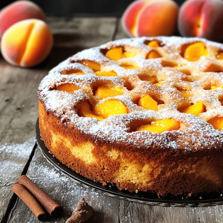 To make a great peach cake, start with fresh, ripe peaches. Choose peaches that are firm yet slightly soft to the touch. They should smell sweet and fragrant. For this recipe, you will need: - 3 ripe peaches, pitted and chopped - 1 cup granulated sugar - 1/2 cup unsalted butter, softened - 2 large eggs - 1 teaspoon vanilla extract - 1 1/2 cups all-purpose flour - 1 teaspoon baking powder - 1/2 teaspoon baking soda - 1/4 teaspoon salt - 1/2 cup buttermilk - 1 teaspoon cinnamon - 1/4 teaspoon nutmeg - Powdered sugar for dusting (optional) If you can't find ripe peaches, you might use nectarines. They work well too. You can also swap buttermilk with plain yogurt or milk mixed with a splash of vinegar. You will need some basic kitchen tools to bake this peach cake. Here’s what you should gather: - Mixing bowls - Whisk - Electric mixer or wooden spoon - Measuring cups and spoons - 9-inch round cake pan (greased and floured) Using a round cake pan gives the cake a nice shape. If you want, you can use a square pan instead, but the baking time might change. Make sure to check for doneness with a toothpick. For the full recipe, you can refer to the Peach Paradise Cake section earlier. To make your peach cake, start by preparing the batter. First, cream the softened butter and sugar together in a large bowl. Mix them until the mixture looks light and fluffy. This step is key to making your cake rise well. Next, beat in the eggs one at a time. Make sure each egg is fully mixed in before adding the next one. Then, stir in the vanilla extract for that tasty flavor. Now, it’s time to mix the dry ingredients. In a different bowl, whisk together the flour, baking powder, baking soda, salt, cinnamon, and nutmeg. This mix adds depth and warmth to your cake. Gradually combine the dry mix with the wet ingredients. Alternate adding this mix with the buttermilk. Start and end with the flour mixture. Mix until just combined to keep your cake soft. For the peaches, wash them well. Cut them in half, remove the pit, and chop them into small pieces. Gently fold these chopped peaches into the batter. This way, you spread the peach flavor throughout the cake. Set your oven to 350°F (175°C) to preheat. While it heats, grease and flour a 9-inch round cake pan. This helps your cake come out smoothly after baking. Pour the batter into the prepared pan, spreading it evenly. Bake the cake for about 35 to 40 minutes. To check if it’s done, insert a toothpick into the center. If it comes out clean, your cake is ready. If not, give it a few more minutes and check again. Once your cake is out of the oven, let it cool in the pan for 10 minutes. This short time helps it firm up. After that, carefully transfer it to a wire rack to cool completely. Cooling it fully helps to keep the texture just right. When you’re ready to serve, you can dust the top with powdered sugar for a sweet touch. Pair your peach cake with whipped cream or ice cream for a delightful treat. Enjoy the sweet and fruity flavors as you share it with friends and family! To bake the best fresh peach cake, avoid common mistakes. One key mistake is overmixing the batter. Mix just enough to combine the ingredients. Overmixing can make your cake tough and dry. Another mistake is not using ripe peaches. Select peaches that are soft to the touch. Firm peaches will not release enough juice, making your cake dry. To ensure a moist cake, use buttermilk. It adds richness and helps make the cake tender. Also, consider adding more fresh peaches. Extra fruit gives moisture and flavor. You can elevate your fresh peach cake with simple flavor additions. Try adding a pinch of nutmeg or a touch of almond extract. These flavors complement the peaches well. For frosting, a light cream cheese frosting pairs perfectly. It adds a nice tang and creaminess. Alternatively, a simple glaze made from powdered sugar and lemon juice works great too. Both options enhance the sweet peach flavor. For the full recipe, check out the details above. Happy baking! {{image_2}} You can change up your peach cake in fun ways. One great option is a peach upside-down cake. This cake has a sweet, caramel layer of peaches on the bottom. When you flip it over, you get a beautiful, tasty top. To make this cake, start with the same batter from the Full Recipe. Then, layer sliced peaches and brown sugar on the bottom of your pan before adding the batter on top. Bake as usual, and enjoy the surprise topping! Another idea is to make a peach cobbler or crumble cake. For this style, use the same peach filling but top it with a crumbly mixture. Mix oats, flour, sugar, and butter. Spread this over the peaches before baking. This gives you a crunchy topping that is simply delicious. You can also swap out peaches for other fruits. Try using ripe plums, nectarines, or even apples. Each fruit adds a different taste and texture to your cake. Just make sure the fruit is ripe and sweet for the best flavor. For a fun twist, mix peaches with berries or nuts. Blueberries, raspberries, or chopped walnuts work well. They add color and a unique taste. Just fold them into the batter along with the peaches. This mix not only looks great but also adds layers of flavor that you will love. To keep your peach cake fresh, wrap it tightly. Use plastic wrap or store it in an airtight container. This helps prevent it from drying out. I recommend placing it in the fridge if you won’t eat it within two days. The cold air keeps the cake moist and tasty. If you want to store it for longer, freezing is a great option. Slice the cake first, then wrap each piece in plastic wrap. Place the wrapped slices in a freezer bag. Press out the air before sealing. This way, you can enjoy a piece whenever you want! At room temperature, your fresh peach cake will last about two days. Make sure to keep it in a cool, dry spot. If it has cream frosting, refrigerate it right away. This keeps it safe to eat longer. If you freeze your cake, it will stay good for up to three months. To thaw, take it out of the freezer and leave it in the fridge overnight. For a quick thaw, leave it at room temperature for about an hour. Enjoy your cake at its best! When baking, I recommend using freestone peaches. They are juicy and sweet. Varieties like yellow peaches or white peaches work well too. For the best flavor, use ripe peaches. In the U.S., peaches are in season from June to September. This is the time to find the freshest and sweetest peaches. Yes, you can use canned peaches if fresh ones are not available. Canned peaches save time and are convenient. However, they might not taste as bright as fresh peaches. If you choose canned peaches, drain them well and pat them dry. This helps reduce extra moisture in the cake. Look for a golden-brown top and a slight spring when touched. The edges should pull away from the pan slightly. A toothpick test is the best way to check. Insert a toothpick into the center of the cake. If it comes out clean, the cake is done. If it has batter on it, bake a bit longer. You learned how to make a delicious fresh peach cake. We covered needed ingredients, equipment, and safe baking steps. I shared tips for great flavor and ways to adapt the recipe. You also found smart ways to store leftovers and answers to common questions about baking. Baking a peach cake can be fun and tasty. I hope you try it and enjoy every bite!