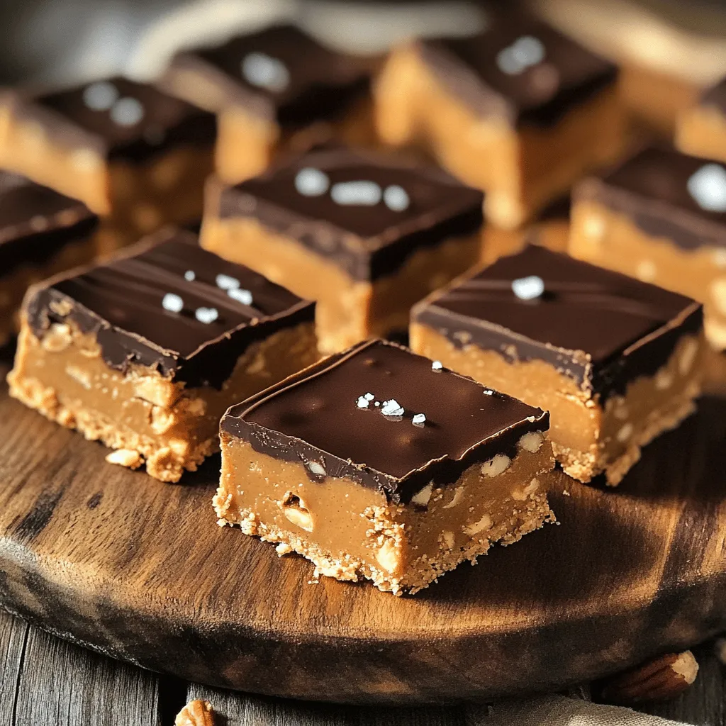 To make your no-bake peanut butter bars, you need these key items: - 1 cup creamy peanut butter - 1/2 cup honey or maple syrup - 2 cups rolled oats These ingredients work together to create a sweet and chewy treat. The peanut butter gives a rich flavor, while the honey adds sweetness. The rolled oats hold everything together. You can make these bars even better with a few extra ingredients: - 1/2 cup vanilla protein powder - 1/4 cup dark chocolate chips - 1/4 cup chopped nuts Adding protein powder boosts nutrition. Dark chocolate chips add a sweet touch. Chopped nuts give a nice crunch and extra flavor. For an extra kick, add: - A pinch of sea salt This small amount of salt balances the sweetness. It makes every bite taste even better. Follow the [Full Recipe] for complete steps and tips on how to make these delicious no-bake peanut butter bars. First, grab a medium mixing bowl. In it, combine 1 cup of creamy peanut butter and 1/2 cup of honey or maple syrup. Mix well until these two are smooth and creamy. Next, add 2 cups of rolled oats into your mixture. If you want, you can also add 1/2 cup of vanilla protein powder for an extra boost. Stir until every oat is coated and the texture is even. Now it's time to make these bars even better. Gently fold in 1/4 cup of dark chocolate chips and 1/4 cup of chopped nuts, like almonds or walnuts. Be careful not to break the chocolate chips as you mix. This adds a delightful crunch and rich flavor to the bars. Let’s prepare for the final step. Line an 8x8 inch baking dish with parchment paper. Make sure to leave some paper hanging over the edges. This will help you lift the bars out later. Now, take your mixture and transfer it into the dish. Press it down firmly using a spatula or your hands. Make sure it’s even and smooth. For a nice touch, sprinkle a pinch of sea salt on top. Cover the dish with plastic wrap and refrigerate for at least 2 hours. This helps the bars set up nicely. Once they are chilled, lift the bars out using the parchment paper and cut them into squares. You can find the full recipe for more detailed instructions. To avoid dry bars, use creamy peanut butter. This keeps your bars moist and tasty. If you find your mix too thick, add a splash of water or extra honey. This helps bind the oats and keeps your bars soft. When pressing down the mixture, use a spatula or your hands. Make sure to press firmly but gently. This will help the mixture hold together. If you don't press it down enough, your bars may crumble. Aim for an even surface, so every bite is just as good. You can add toppings to boost flavor. Try drizzling some melted chocolate on top. Chopped fruits like bananas or strawberries also work well. For a crunchy twist, sprinkle more nuts on top. If you want to use alternative sweeteners, consider agave syrup or coconut sugar. These can change the taste a bit. They might also add a unique flavor to your bars. To save time, prepare the bars in advance. Mix and press the mixture into the baking dish the night before. Then, let them chill in the fridge overnight. This makes it easy to grab a bar for breakfast or a snack. You can also double the recipe. This way, you'll have extra bars ready for later. Just remember to store them in an airtight container to keep them fresh. {{image_2}} You can change the taste of these bars easily. If you want a different nut butter, try almond or cashew butter. Both options are creamy and tasty. They will give your bars a unique flavor. You can also switch up the chocolate. Instead of dark chocolate chips, use milk or white chocolate. Each type brings its own sweetness. This change can make your no-bake peanut butter bars even more fun. If you follow a vegan diet, you can still enjoy these bars. Just use maple syrup instead of honey. It works well and keeps the bars sweet. For those who need gluten-free options, rolled oats are safe. Just check that they are certified gluten-free. This way, everyone can enjoy these tasty treats without worry. You can add fruits to make your bars more special. Dried fruits like cranberries or raisins add sweetness and chewiness. Fresh fruit slices, like bananas or strawberries, can also be tasty. Just remember to adjust the oats if you add a lot of fruit. These variations let you make the bars your own. You can mix and match to find your favorite flavors. For the full recipe, check the earlier section! To keep your no-bake peanut butter bars fresh, use airtight containers. Glass or plastic containers work well. Make sure the bars are cool before sealing the container. This prevents moisture from building up. Store the bars in the fridge for best results. They can also go in the freezer for longer storage. These bars last about one week in the fridge. If you freeze them, they can last up to three months. Always check for signs of spoilage. If you see any mold or if they smell off, it’s best to throw them out. Fresh bars should be firm and smell sweet and nutty. For easy snacks, cut the bars into small squares. This makes portioning simple. You can wrap each square in parchment paper for grab-and-go convenience. This way, you have tasty snacks ready whenever you need them. You can also keep them in a lunch box or snack bag for your kids. Yes, you can freeze No-Bake Peanut Butter Bars. To freeze, first cut the bars into squares. Then, wrap each piece in plastic wrap. Place the wrapped bars in an airtight container or a freezer bag. This keeps them fresh and safe from freezer burn. They can last in the freezer for up to three months. When you want to eat them, let them thaw in the fridge overnight. This keeps their texture nice. You can make these bars healthier by using less honey or maple syrup. Try swapping half the amount for mashed bananas or unsweetened applesauce. You can also use sugar-free peanut butter. If you want to lower the calories, skip the chocolate chips. Instead, you can add more nuts or seeds. This keeps the flavor while cutting down the sugar. If you need a substitute for peanut butter, here are some options: - Almond butter: Creamy and nutty, great for taste. - Sunflower seed butter: Good for nut allergies. - Cashew butter: Smooth and slightly sweet. - Soy nut butter: A nut-free option that’s rich in flavor. These substitutes work well and can change the taste while keeping it yummy. You learned how to make no-bake peanut butter bars. We covered ingredients, both essential and optional. I provided step-by-step instructions for mixing and setting your bars. You also received tips to perfect texture and enhance flavor. In the end, these bars are easy to customize. Try different flavors and add-ins to make them yours. You can enjoy a tasty treat that's also healthy. Go ahead and make your own batch!
