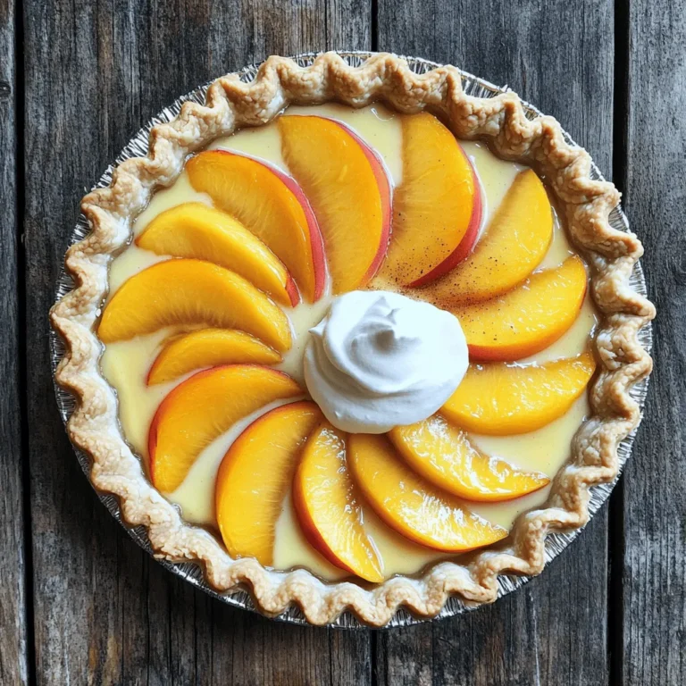 To make this pie shine, start with fresh peaches. You need about 1 ½ cups of peaches, peeled and sliced. Select ripe, sweet peaches for the best flavor. They should feel soft but firm when gently pressed. The juice from the peaches adds a lovely freshness to the custard. In addition to peaches, gather the following items: - 1 pre-made pie crust (9-inch) - ¾ cup granulated sugar - 3 tablespoons cornstarch - 2 large eggs - 1 cup heavy cream - 1 teaspoon vanilla extract - ½ teaspoon ground cinnamon - Pinch of salt These ingredients work together to create a rich and creamy custard that perfectly balances the sweetness of the peaches. To prepare your pie, you will need a few essential tools: - A 9-inch pie plate to hold the crust and filling - A mixing bowl for combining the custard ingredients - A whisk to blend the eggs and cream smoothly - A fork to prick the pie crust Having these tools ready will make the process easier and more enjoyable. For the full recipe, refer to the provided instructions. First, preheat your oven to 375°F (190°C). Grab your pre-made pie crust and place it in a 9-inch pie plate. Use a fork to prick the bottom. This helps stop bubbling. Pre-bake the crust for 10 minutes. This gives it a nice start. Once done, take it out and let it cool a bit. In a mixing bowl, combine the sugar, cornstarch, ground cinnamon, and salt. Mix these well. In a different bowl, whisk the eggs until they are smooth. Add the heavy cream and vanilla extract. Stir this mixture until it's blended well. Now, slowly pour the egg mixture into the sugar blend. Stir constantly until it becomes smooth. Next, take your sliced peaches and spread them evenly in the pre-baked pie crust. Make sure they cover the bottom well. Carefully pour the custard mixture over the peaches. Make sure all the fruit is covered. Now, place the pie in the preheated oven. Bake for 30 to 35 minutes. The custard should set and look lightly golden. After baking, let the pie cool on a wire rack for about an hour. For the best taste, refrigerate it for at least 2 hours. This will help the custard firm up even more. For more details, check out the Full Recipe. To make a great pie crust, use a pre-made crust. It saves time and effort. Make sure to prick the bottom with a fork. This helps prevent bubbles. Pre-bake the crust for 10 minutes. This step keeps it crisp. Let it cool slightly before adding the filling. For a smooth custard, mix the sugar and cornstarch well. Whisk the eggs until fluffy. Then, add the heavy cream slowly. Stir constantly while mixing. This helps avoid lumps. Pour the custard over the peaches gently. Be careful not to disturb the fruit. Bake until the custard is set and slightly golden. Serve the pie with a dollop of whipped cream on top. A sprinkle of cinnamon adds warmth. For a fresh touch, add a slice of peach. Chill the pie for at least 2 hours before serving. This helps the flavors blend well. You can find the full recipe to guide you through this delightful dessert. {{image_2}} You can use many peach types for this pie. Yellow peaches are sweet and juicy. White peaches are softer and have a floral taste. Clingstone peaches hold onto the pit, while freestone peaches release easily. Try mixing different peaches for a fun twist. Each type brings its own flavor and texture to the pie. You can enhance the custard with other flavors. Adding almond extract gives a nutty touch. A little fresh lemon juice adds brightness. You might even try mixing in some fresh berries. Blueberries or raspberries can add a nice burst of flavor. Experiment with spices too, like nutmeg or ginger, for a unique twist. To make this pie gluten-free, use a gluten-free pie crust. Many brands offer ready-made options. For a dairy-free version, swap heavy cream with coconut cream. This gives a rich taste without dairy. You can also use almond milk or oat milk for a lighter custard. These options let everyone enjoy this pie without worry. For the complete recipe, check out the Fresh Peach Custard Pie 🥧. To keep your pie fresh, cover it with plastic wrap. Place it in the fridge. Leftover pie stays good for up to three days. Make sure to keep it sealed to avoid drying out. If you want the pie to stay fresh longer, store it without the whipped cream topping. You can freeze leftover pie. First, let it cool completely. Wrap it tightly in plastic wrap, then place it in a freezer-safe bag. This pie can last up to three months in the freezer. When you're ready to eat it, thaw it in the fridge overnight before serving. To reheat your Fresh Peach Custard Pie, preheat your oven to 350°F (175°C). Place the pie in the oven for about 15-20 minutes. This softens the custard and warms the peaches. Avoid using the microwave, as it can make the crust soggy and the custard uneven. For a special touch, add fresh whipped cream before serving. Fresh Peach Custard Pie stays good for about three to four days. Store it in the fridge. Make sure to cover it with plastic wrap or foil. This keeps the pie fresh and tasty. After a few days, the crust might get soggy. Enjoy it soon for the best flavor and texture. Yes, you can use canned peaches in this recipe. If you do, drain them well. Canned peaches can be soft and watery, so remove excess juice. Fresh peaches offer the best taste and texture, but canned can work in a pinch. Just remember that fresh is always preferred for that summer vibe! You can swap heavy cream with half-and-half or whole milk. If you want a lighter option, use coconut cream. This gives a nice twist to the flavor. For a dairy-free choice, almond milk or soy milk can work, too. Each option may change the pie's texture slightly, so choose what you like best. For the full recipe, refer to the main article. We explored how to make a delicious Fresh Peach Custard Pie. We covered fresh peaches, other key ingredients, and tools needed. You learned step-by-step how to prepare the pie crust and custard, then assemble it all together. With tips for perfecting the crust and custard, plus fun variations, you can customize your pie. Don't forget storage tips to keep your leftovers fresh. Enjoy making this tasty dessert and experimenting with flavors. Your homemade pie will impress!