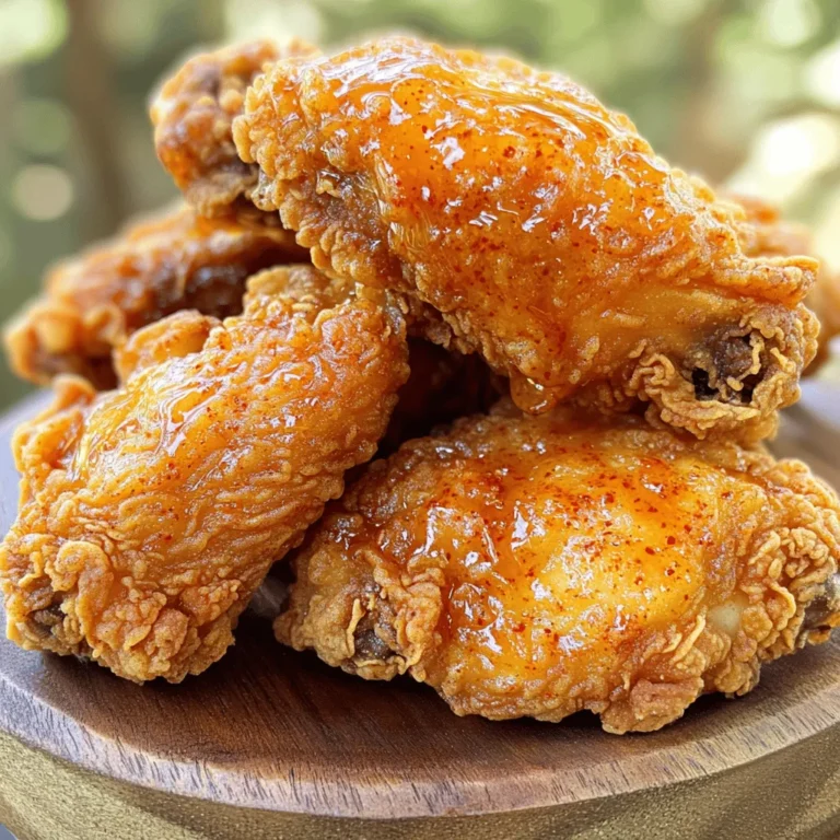 To make Spicy Honey Butter Fried Chicken, you need a few key items. Here’s what you will need: - Chicken and Marinade Ingredients - 4 chicken thighs (bone-in, skin-on) - 1 cup buttermilk - 1 tablespoon hot sauce (adjust according to spice preference) - Flour and Seasoning Ingredients - 1 cup all-purpose flour - 1 teaspoon paprika - 1 teaspoon garlic powder - 1 teaspoon onion powder - 1 teaspoon cayenne pepper - Salt and black pepper to taste - Oil for frying (canola or vegetable oil) - Honey Butter Ingredients - ½ cup unsalted butter - ¼ cup honey - 1 tablespoon chili powder These ingredients come together to create a meal full of flavor. The chicken gets nice and crispy, while the honey butter adds a sweet and spicy touch. For the complete preparation steps, check the Full Recipe. Start by mixing buttermilk and hot sauce in a bowl. Whisk them together until smooth. Add the chicken thighs, making sure they are well-coated. Cover the bowl and let it sit in the fridge. Marinate for at least one hour, but overnight is best. This step makes the chicken juicy and tender. In another bowl, combine flour, paprika, garlic powder, onion powder, cayenne pepper, salt, and black pepper. Stir well to mix the spices evenly. This seasoned flour will give your chicken a tasty crunch. Make sure every bite is packed with flavor. Next, heat about one inch of oil in a large skillet over medium-high heat. Use a thermometer to check the oil temperature. It should reach 350°F (175°C). While the oil heats, take the marinated chicken out. Let any extra liquid drip off, then dredge each piece in the flour mixture. Press gently to coat well. Carefully place the chicken in the hot oil. Fry each piece for 8-10 minutes on each side. Look for a golden brown color. The chicken is done when it reaches an internal temperature of 165°F (74°C). Fry in batches if needed to avoid crowding. In a small saucepan, melt the unsalted butter over low heat. Once melted, stir in the honey and chili powder. Mix until it’s smooth and well combined. This spicy honey butter adds a sweet and tangy kick to your chicken. After frying, let the chicken sit on a wire rack or paper towels for a couple of minutes. This helps drain any excess oil. While the chicken is warm, brush the spicy honey butter generously over each piece. Serve hot alongside your favorite sides. Enjoy the sweet and spicy flavors! For the full recipe, check out the details above. Marinating chicken adds flavor and moisture. Use buttermilk and hot sauce for the best results. The acid in buttermilk helps to tenderize the meat. I recommend marinating for at least one hour. For extra flavor, try marinating overnight. Always cover the bowl to keep the marinade fresh. Frying chicken requires the right oil temperature. Heat the oil to 350°F (175°C) before adding chicken. If the oil is too cold, the chicken will absorb oil. If it's too hot, the coating will burn. Fry in batches to avoid crowding the pan. This ensures even cooking and a crispy crust. Aim for golden brown on all sides. Use a meat thermometer to check that it reaches 165°F (74°C). Melt unsalted butter over low heat for a smooth mix. Stir in honey and chili powder. This blend should be thick but pourable. If it’s too thick, add a tiny bit of warm water. Brush the honey butter on the chicken while it’s still warm. This allows the butter to soak in better. Enjoy your delicious, spicy honey butter fried chicken! For the complete recipe, check out the Full Recipe. {{image_2}} You can use many cuts of chicken for this recipe. Chicken thighs are juicy and tender. They hold flavor well and stay moist when cooked. If you prefer, use drumsticks or even chicken breasts. Breasts can dry out, so watch the cooking time closely. Each cut brings a unique texture and flavor. Make this dish as spicy as you want. If you love heat, add more cayenne to the flour mix. You can also increase the hot sauce in the buttermilk. For less spice, reduce both. You could even use a mild hot sauce for a gentle kick. Taste your honey butter sauce and adjust too. A pinch of chili powder adds flavor without too much heat. While spicy honey butter is a star, you can try other flavors. Mix in garlic for a savory twist. Lemon zest can add a bright kick. For sweetness, swap honey for maple syrup. This gives a fun twist to the dish. Play around with spices like smoked paprika or herbs. This makes your chicken unique every time. Check out the Full Recipe for more ideas on how to customize your dish! After enjoying your Spicy Honey Butter Fried Chicken, let it cool. Place the chicken in an airtight container. You can keep it in the fridge for up to four days. If you want to keep it longer, freezing is a great option. To reheat your chicken, use your oven for the best results. Preheat the oven to 350°F (175°C). Place the chicken on a baking sheet. Cover it loosely with foil to keep it moist. Heat for about 15-20 minutes until it's warm. You can also use an air fryer for a crispy finish. Set it at 350°F (175°C) for about 5-7 minutes. Freezing is easy and smart! Wrap each piece of chicken tightly in plastic wrap. Then, place them in a freezer bag or container. Make sure to remove as much air as possible. This way, your chicken can last for up to three months. When you're ready to eat, just thaw it in the fridge overnight before reheating. For more details, check the Full Recipe. You can serve this dish with many sides. Some great options include: - Macaroni and cheese - Coleslaw - Cornbread - Baked beans - Green salad These sides balance the flavors well. They add creaminess, crunch, or freshness. You can mix and match based on what you like. Yes, you can use other oils for frying. Good options are: - Peanut oil - Sunflower oil - Olive oil These oils have high smoke points. They can help achieve a crispy chicken skin. However, avoid oils with low smoke points like butter or extra virgin olive oil. To make this recipe gluten-free, use gluten-free flour. You can find blends easily in stores. Or, you can use almond flour or rice flour too. Just make sure all other ingredients are gluten-free. This way, you can enjoy the same great taste. You can keep leftovers for up to four days in the fridge. Store them in an airtight container. For longer storage, freeze the chicken for up to three months. Just remember to reheat it thoroughly before eating. This blog covered how to make delicious spicy honey butter fried chicken. You learned about the key ingredients, step-by-step instructions, and tips for perfect results. I shared different variations, how to store leftovers, and addressed common questions. In summary, with the right steps and a few tips, your chicken will shine. Enjoy cooking and savoring each bite of your creation!