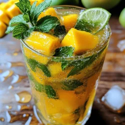 To make a delicious Mango Mojito, you need these simple ingredients: - Ripe mango - Fresh mint leaves - Lime juice - Honey or agave syrup - Sparkling water (or club soda) - Ice cubes - Garnishes (mint sprigs and lime slices) The ripe mango gives your drink a sweet and fruity flavor. Choose a mango that feels soft to the touch. Fresh mint leaves add a cool and refreshing taste. The lime juice brings a tangy kick that balances the sweetness. Honey or agave syrup is your choice for sweetness, but you can skip it for a lighter drink. Sparkling water or club soda adds fizz. Ice cubes keep your drink cold and refreshing. Finally, garnishes like mint sprigs and lime slices make your drink look pretty. These ingredients come together to create a fun and tasty summer cocktail that you can enjoy anytime. For the full recipe, check out the details provided above! To make a great Mango Mojito, start by muddling the mango and mint. Place the diced mango and fresh mint leaves in a sturdy glass or cocktail shaker. Use a muddler or the back of a spoon to press down on the mango and mint. You want to mash them gently to release the mint oil and mango juice. This step is important because it helps release the flavors. The more you release, the more vibrant your drink will taste. Next, add the lime juice and honey or agave syrup to the muddled mixture. Stir it gently to combine the sweet and tart flavors. Now it’s time to add ice cubes to your glass. Fill it up, leaving some room at the top. Pour in the sparkling water or club soda, letting it fizz up. This adds that refreshing sparkle to your drink. After mixing, use a spoon or straw to give the drink a gentle stir. This helps blend all the ingredients together nicely. For the final touch, garnish your Mojito with extra mint sprigs and a slice of lime on top. This adds a pop of color and makes it look beautiful. Serve your Mango Mojito right away for the best taste! Enjoy the refreshing flavors! To create the best mango mojito, use ripe mangoes. Look for bright color and a sweet smell. Fresh mint leaves are key too. Avoid bruised or wilted leaves. A common mistake is not muddling enough. You want to release all the mint and mango flavors. Too much lime juice can make it sour; start with less. Adjust to your taste as you mix. For glassware, a sturdy tumbler works best. It holds the drink well and looks nice. A good muddler is essential. Use one with a flat end for better results. If you have a cocktail shaker, it helps mix the drink well. Just be gentle when shaking to keep the fizz. Sweetness is important in a mango mojito. If it’s too sweet, add a bit more lime juice. If it’s too tart, add more honey or agave syrup. Mint flavor is also vital. To enhance it, muddle the mint leaves more. Mixing in the mint gently will keep its fresh taste. If you want more mint, add a few extra leaves before serving. {{image_2}} You can use white rum for a light taste. It blends well with mango and mint. Dark rum adds depth with its rich flavor. Choose based on what you like best. If you want a twist, try a non-alcoholic option. Use coconut water or a zero-proof rum substitute. These options keep the drink fresh without the buzz. Want to elevate your Mango Mojito? Add fruit purees like raspberry or strawberry. These purees mix well with the mango and mint. You can also try juices, like passionfruit or pineapple. They add a tropical twist. Don’t forget about herbs! Basil or cilantro can give your drink a new spin. Experiment to find your favorite mix. Switching fruits is a fun way to change the drink. In summer, berries are perfect. In fall, use apples or pears for a cozy feel. For festive gatherings, think about holiday flavors. Add cinnamon or nutmeg to your Mojito. You can even use spiced rum for a warming touch. Each season brings new tastes to explore. To keep your fresh mint long-lasting, store it in water. Place the mint stems in a glass of water, like a bouquet. Cover it with a plastic bag and place it in the fridge. This method helps keep the mint green and vibrant. For ripe mango storage, keep it at room temperature until it’s soft. Once soft, you can store it in the fridge. Wrap it in plastic to prevent it from drying out. Always check for any brown spots, as this means it may spoil soon. You can prepare components for your mango mojito in advance. Dice the mango and store it in an airtight container in the fridge. Mint leaves can also be muddled ahead of time. Just add lime juice and sweetener later. This way, you save time when friends come over. For batch preparation, mix a larger quantity of mango and mint. Store this mix in a pitcher. When ready to serve, pour in the sparkling water and ice. This keeps the drink fresh and fizzy for everyone! Most ingredients in your mango mojito last about 3 to 5 days in the fridge. Fresh mint usually wilts after a week. Ripe mango can spoil faster, usually in 2 to 3 days once cut. Look for signs of spoilage. If your mint looks brown or mushy, it’s time to discard it. For mango, if it smells off or shows dark spots, don’t use it. Always trust your senses when checking for freshness. Use the Full Recipe to enjoy this drink at its best! To make a non-alcoholic Mango Mojito, simply skip the rum. Use the same ingredients: fresh mango, mint, lime juice, and sparkling water. You can add a splash of ginger ale for extra fizz. This mocktail tastes just as refreshing. Enjoy it anytime, even for kids or those who don't drink. Experiment with flavors by adding a bit of coconut water or some fresh berries. Yes, you can use frozen mango! It works well in a Mango Mojito. Just make sure to thaw it slightly before using. This helps with muddling and releasing those tasty juices. If the mango is too hard, your drink may end up chunky. For best results, blend the frozen mango into a puree. It gives a nice texture and flavor boost. The best mint for Mojitos is spearmint. It has a sweet flavor that pairs well with mango. Other types, like peppermint, can be too strong. Look for fresh mint at your store or farmer's market. Always choose bright green leaves without brown spots. You can also grow mint at home. It’s easy and adds freshness to your drinks. To make Mango Mojitos for a group, simply multiply the ingredients. For every 10 drinks, use 10 ripe mangoes, 100 mint leaves, and 20 ounces of lime juice. Mix all ingredients in a large pitcher. Add the sparkling water just before serving to keep the fizz. Serve over ice in individual glasses. This way, you can enjoy a fun party without stress. This blog post has shown you how to make a delicious mango mojito. We covered the key ingredients, like ripe mango and fresh mint, and detailed step-by-step instructions for muddling and mixing. I shared tips on perfecting the drink and discussed variations, storage information, and answered common questions. In conclusion, a mango mojito is easy to make and offers a refreshing taste. With the right balance of flavors and a few tricks, you can impress anyone. Enjoy your cocktail journey and have fun experimenting!