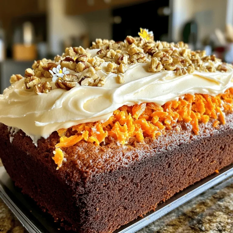 To make a delicious carrot cake loaf with cream cheese frosting, gather these simple ingredients. - 1 ½ cups all-purpose flour - 1 teaspoon baking powder - 1 teaspoon baking soda - ½ teaspoon salt - 1 teaspoon ground cinnamon - ½ teaspoon ground nutmeg - ¼ teaspoon ground ginger - 1 cup granulated sugar - ½ cup packed brown sugar - 1 cup vegetable oil - 3 large eggs - 2 cups shredded carrots (about 4 medium carrots) - ½ cup crushed pineapple, drained - ½ cup chopped walnuts (optional) For the cream cheese frosting, you need: - 8 oz cream cheese, softened - ¼ cup unsalted butter, softened - 2 cups powdered sugar - 1 teaspoon vanilla extract - A pinch of salt These ingredients come together to create a moist and flavorful loaf. The spices add warmth, while the carrots and pineapple keep it moist. If you like nuts, toss in some walnuts for crunch. The cream cheese frosting is the perfect sweet touch on top. Check the [Full Recipe] for more details on how to bring these ingredients together. First, preheat your oven to 350°F (175°C). Next, prepare a 9x5-inch loaf pan. You can grease it with non-stick spray or line it with parchment paper for easy removal later. In a medium bowl, mix the dry ingredients. Combine 1 ½ cups of all-purpose flour, 1 teaspoon of baking powder, 1 teaspoon of baking soda, ½ teaspoon of salt, 1 teaspoon of ground cinnamon, ½ teaspoon of ground nutmeg, and ¼ teaspoon of ground ginger. Whisk them together until they are well blended. Set this bowl aside. Now, in a large bowl, combine your wet ingredients. Start with 1 cup of granulated sugar and ½ cup of packed brown sugar. Add 1 cup of vegetable oil and mix these well until they are smooth. Add the eggs one at a time to the oil mixture. Mix well after each egg until it is fully combined. Stir in 1 teaspoon of vanilla extract for added flavor. Next, carefully mix the dry ingredients into the wet ingredients. Stir just until they come together. Be gentle; overmixing will make your loaf dense. Now it’s time to fold in the fun stuff! Add 2 cups of shredded carrots, ½ cup of crushed pineapple (make sure it’s drained), and ½ cup of chopped walnuts if you want that extra crunch. Gently fold everything until you see even distribution. Pour the batter into your prepared loaf pan. Smooth the top with a spatula to make it even. Bake in your preheated oven for 50 to 60 minutes. To check if it’s done, insert a toothpick into the center. If it comes out clean, your loaf is ready. If the top starts to brown too much, cover it loosely with aluminum foil. Once baked, let the loaf cool in the pan for about 10 minutes. After that, transfer it to a wire rack to cool completely. This cooling time is vital before you frost with your cream cheese frosting from the full recipe. - Soften your ingredients: Softening cream cheese and butter helps mix them easily. This step creates a smooth batter and a rich frosting. - Avoid overmixing: Mix your batter just enough. Overmixing makes the loaf dense and tough. Stir until the ingredients are combined, then stop. - Adjust bake time: Every oven is different. If your oven runs hot or cool, check the loaf early or bake it longer. Use a toothpick to test for doneness. - Perfect frosting consistency: To get smooth cream cheese frosting, beat cream cheese and butter well. Gradually add powdered sugar, mixing until creamy. - Alternative flavors: Want to switch it up? Try adding zest from lemon or orange for a fresh twist. You can also mix in a bit of cocoa powder for a chocolatey taste. - When to frost: Always apply frosting to a completely cooled loaf. If the loaf is warm, the frosting will melt and slide off. Wait for the loaf to cool on a wire rack first. For the full recipe, refer to the detailed guide above. {{image_2}} You can make your carrot cake loaf unique by changing some ingredients. - Dried Fruits: Adding dried fruits like raisins or cranberries gives a sweet twist. These fruits add chewy texture and extra flavor. - Nuts: Swap walnuts for pecans or almonds. Each nut brings its own crunch and taste. - Spices: Add cardamom or allspice for a new flavor. These spices add warmth and depth to your cake. You can adapt this carrot cake loaf to fit different diets. - Gluten-Free: Use gluten-free flour instead of all-purpose flour. This makes the loaf safe for those with gluten allergies. - Vegan Options: Substitute eggs with flax eggs and butter with coconut oil. This keeps the loaf tasty without animal products. - Lower Sugar: Use applesauce or mashed bananas to cut sugar. These options keep the cake sweet without adding too much sugar. For the complete recipe, check out the Full Recipe link. After baking your carrot cake loaf, let it cool completely. This step is key. If you wrap it too soon, moisture builds up. This makes the loaf soggy. Once cool, wrap the loaf tightly in plastic wrap. You can also use aluminum foil. Store it in an airtight container. This keeps it fresh for up to five days. If you want to slice it, wait until right before serving. This keeps each slice nice and moist. You can freeze the carrot cake loaf for longer storage. First, ensure it's completely cool. Wrap the loaf tightly in plastic wrap, then in foil. This double wrap prevents freezer burn. Place it in a freezer-safe bag or container. It can last up to three months in the freezer. When you're ready to enjoy it, take it out. Leave it in the fridge overnight to thaw. For best texture, let it sit at room temperature for a few hours. This way, each slice will taste as fresh as the day you baked it. For the full recipe, check out the instructions above. To make the carrot cake loaf moist, you can add a few key ingredients. Here are my tips: - Use crushed pineapple: It adds moisture and a sweet flavor. - Incorporate shredded carrots: Fresh carrots bring natural moisture and sweetness. - Add oil: Vegetable oil keeps the loaf soft and tender. - Do not overmix: This can make the loaf dense. Mix just until combined. Adding these moisture-rich ingredients ensures your carrot cake loaf stays soft and delicious. Yes, you can make this carrot cake loaf ahead of time! Here are the best practices: - Bake the loaf: Allow it to cool completely after baking. - Wrap it well: Use plastic wrap or foil to keep it fresh. - Store in the fridge: It can last up to a week in the fridge. - Freeze for longer storage: It can be frozen for up to three months. Just wrap it tightly. Making this recipe ahead saves time and allows the flavors to meld beautifully. If you want a different frosting, here are some great options: - Buttercream frosting: This is sweet and fluffy, perfect for topping. - Whipped cream: Light and airy, it balances the loaf's richness. - Mascarpone cheese: It has a smooth texture and mild flavor, making it a great alternative. These options can be just as tasty as cream cheese frosting and add a fun twist to your carrot cake loaf. For the full recipe, check the detailed instructions above! You now know how to create a tasty carrot cake loaf. We covered all the key ingredients, step-by-step instructions, and helpful tips. You learned about flavor and dietary variations, plus storage and freezing info. Keep these details in mind to impress your friends and family. Baking is fun and sharing treats makes it better. Enjoy your baking journey and remember that practice makes perfect. Your delicious carrot cake loaf awaits!