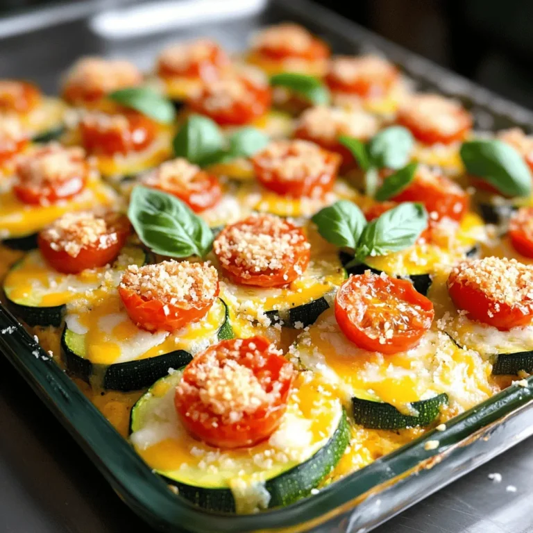 - 4 medium zucchinis - 1 cup cherry tomatoes - 1 small onion - 2 cloves garlic When I make Cheesy Baked Zucchini Casserole, I start with fresh zucchinis. They should be firm and bright. I slice them into rounds for even cooking. Cherry tomatoes add a burst of flavor. I halve them to let their juices mix in. A small onion gives a base of sweetness. I chop it finely so it blends well. Lastly, I use two cloves of garlic for a nice kick. Mince the garlic to release its full taste. - 1 cup mozzarella cheese - 1 cup cheddar cheese - 1/2 cup grated parmesan cheese - 1/2 cup breadcrumbs Cheese makes this dish creamy and rich. I use one cup each of mozzarella and cheddar. They melt beautifully together. For a salty touch, I add half a cup of grated parmesan. It gives a nice crust on top. To add crunch, I mix in half a cup of breadcrumbs. I prefer panko for extra texture. - 2 tablespoons olive oil - 1 teaspoon dried oregano - Red pepper flakes and salt & pepper Good seasonings bring all the flavors alive. I drizzle two tablespoons of olive oil to coat the veggies. It helps them roast well. I sprinkle in one teaspoon of dried oregano for a herby taste. For those who like some heat, I add red pepper flakes. Salt and pepper help balance the dish. Adjust these to your taste. For the Full Recipe, you can follow the detailed steps to make this delicious meal. - Preheat the oven to 375°F (190°C). - Grease a 9x13 inch baking dish with cooking spray or olive oil. - Slice 4 medium zucchinis into rounds. - Chop 1 small onion and mince 2 cloves of garlic. - In a large bowl, mix the sliced zucchinis, halved cherry tomatoes, chopped onion, and minced garlic. - Drizzle with 2 tablespoons of olive oil and add 1 teaspoon of dried oregano, salt, and pepper. Toss until well coated. - Layer half of the zucchini mixture evenly in the baking dish. - Sprinkle half of the mozzarella and cheddar cheeses over the vegetables. - Add the rest of the zucchini mixture on top, followed by the remaining mozzarella and cheddar cheese. - In another bowl, mix 1/2 cup of breadcrumbs with 1/2 cup of grated parmesan cheese and red pepper flakes (if using). Sprinkle this evenly over the top layer. - Cover the baking dish with foil and bake for 25 minutes. - After 25 minutes, remove the foil and bake for another 15 to 20 minutes. - Look for a golden brown and bubbly top. - Remove from the oven and let it cool for about 5 minutes. Garnish with fresh basil leaves before serving. For more details, check the Full Recipe. Salting zucchinis is key to getting the right texture. When you salt them, it draws out extra moisture. This way, your casserole won’t turn out soggy. Slice the zucchinis into rounds and sprinkle salt over them. Let them sit for 15 minutes, then rinse and pat dry. Choosing the right cheese types also matters. I love using a mix of mozzarella and cheddar. Mozzarella gives that gooey melt, while cheddar adds sharpness. You can also add parmesan for a nice crunch on top. To boost flavor, consider adding fresh herbs and spices. Basil and oregano work great with zucchini. You can also use thyme or parsley if you like. A dash of garlic powder or onion powder can deepen the taste too. If you want a heartier dish, add proteins like cooked ground turkey or sausage. This makes the casserole more filling and adds extra flavor. Garnishing with fresh herbs makes your dish pop. I recommend using basil leaves or chopped parsley. Just sprinkle them on top right before serving. It adds color and freshness. For serving, cut the casserole into squares. Each piece should be about the size of your palm. This makes it easy for everyone to enjoy. Serve it with a side salad for a balanced meal. You can find the full recipe to get started! {{image_2}} You can switch up the veggies in this casserole. Eggplant makes a great substitute. It has a soft texture and absorbs flavors well. Bell peppers add a sweet crunch. You can also mix in spinach or mushrooms. These veggies add nutrients and flavor depth. Spinach wilts nicely, while mushrooms give a nice earthy taste. If you want a dairy-free option, try using dairy-free cheese. It melts well and tastes great. You can also experiment with different cheese blends. Mixing gouda, fontina, or even feta can add unique flavors. This keeps your casserole exciting and fresh. If you're watching calories, reduce the amount of cheese. You can still enjoy flavor without all the fat. Another option is to use whole grain breadcrumbs. They offer more fiber and nutrients. This way, you can enjoy your meal and feel good about it. Store your Cheesy Baked Zucchini Casserole in an airtight container. This keeps it fresh and tasty. I recommend using glass or plastic containers with tight lids. Allow the dish to cool completely before sealing it. This helps prevent moisture buildup. To freeze the casserole, cut it into portions. Wrap each piece tightly in plastic wrap, then place them in a freezer bag. This method protects against freezer burn. When you are ready to eat, thaw it overnight in the fridge. Reheat in the oven until warm, about 20 minutes at 350°F (175°C). The casserole lasts about 3-5 days in the fridge. If frozen, it can keep for up to 2-3 months. Check for signs of spoilage, like off smells or mold. If you see any, it’s best to toss it out. Yes, you can! This dish is flexible. You can swap zucchinis for other veggies. Try using eggplant, bell peppers, or spinach. Each option brings its flavor. For a heartier meal, add mushrooms or yellow squash. The key is to cut them into even pieces. This helps them cook well. To make this casserole gluten-free, choose gluten-free breadcrumbs. Many brands offer tasty options. You can also use crushed gluten-free crackers. For flour, substitute with almond flour or coconut flour. These will bind well without gluten. Always check the labels. This ensures no hidden gluten sneaks in. This dish pairs well with many sides! A fresh salad adds a nice crunch. You could also serve it with grilled chicken or fish. For more comfort, try garlic bread or roasted veggies. The options are endless! Mix and match to please everyone at your table. For the full recipe, check out the Cheesy Baked Zucchini Casserole section. This blog post covered how to make a delicious Cheesy Baked Zucchini Casserole. We looked at the main ingredients, from fresh zucchinis to tasty cheeses. I shared step-by-step cooking instructions and helpful tips to ensure great flavor and texture. You can adapt this dish with different veggies or cheese based on your taste. Remember, you can store your leftovers well, too! Enjoy this dish as a healthy, comforting meal that everyone will love. Happy cooking!