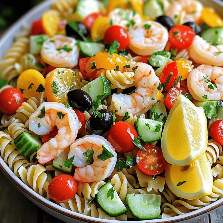 - 8 oz. rotini pasta - 1 cup cooked shrimp, peeled and deveined - 1 cup cooked scallops - 1/2 cup cherry tomatoes, halved - 1/4 cup black olives, sliced - 1/4 cup red bell pepper, diced - 1/4 cup red onion, finely chopped - 1/2 cup cucumber, diced - 1/4 cup fresh parsley, chopped In this seafood pasta salad, rotini pasta serves as the base. It holds the dressing and adds a fun twist to each bite. Shrimp and scallops bring a sweet, briny flavor that pairs well with the fresh veggies. Cherry tomatoes add a burst of color and taste. Black olives give a slight saltiness. Red bell pepper and cucumber provide crunch. Finally, parsley adds freshness and a pop of green. - 1/3 cup olive oil - 2 tablespoons lemon juice - 1 teaspoon Dijon mustard - Salt and pepper to taste The dressing combines olive oil, lemon juice, and Dijon mustard. This blend gives the salad a zesty kick. You can adjust the salt and pepper to your liking. A good dressing ties all the flavors together. - Additional seafood (like crab or lobster) - Capers or artichoke hearts - Different types of pasta Feel free to get creative! You can add crab or lobster for extra richness. Capers or artichoke hearts can bring a unique taste. You can also swap rotini for any pasta you enjoy. For the Full Recipe, you can check out the detailed instructions and tips to make this salad a delight. To cook the rotini pasta, start by boiling water in a large pot. Add a pinch of salt to the water. When the water bubbles, add 8 oz. of rotini pasta. Stir the pasta to keep it from sticking. Cook for about 8-10 minutes, or until it's tender but still firm. Drain the pasta in a colander. To cool the pasta quickly, rinse it under cold water. This stops the cooking and keeps the pasta from getting mushy. After rinsing, set the pasta aside in a large mixing bowl while you prepare the dressing. For the dressing, grab a medium bowl. Whisk together 1/3 cup of olive oil, 2 tablespoons of lemon juice, and 1 teaspoon of Dijon mustard. Add salt and pepper to taste. This creates a bright and tangy flavor. You can also try variations in the dressing. For a creamier twist, mix in a tablespoon of mayonnaise. If you like spice, add a dash of hot sauce. The dressing can be adjusted to fit your taste. Now it’s time to mix everything. Add the cooled rotini pasta to the bowl. Next, include the cooked shrimp, scallops, halved cherry tomatoes, sliced black olives, diced red bell pepper, chopped red onion, diced cucumber, and fresh parsley. Drizzle the dressing over the salad and toss gently. Make sure everything is coated well. Cover the bowl and refrigerate the salad for at least 30 minutes. This helps the flavors blend together nicely before serving. When you pick seafood, you can choose between fresh and frozen. Fresh seafood often tastes better. It can be a bit pricier. Frozen seafood is good too. It lasts longer and is often just as tasty. At the seafood market, look for bright eyes and clear skin. Smell it; it should smell like the ocean, not fishy. Ask the person behind the counter about when it was caught. Fresh seafood is key to a great seafood pasta salad. Using herbs and spices can boost the flavor. Fresh parsley adds a nice touch. You might also try dill or basil. A little garlic can make it pop. Balancing acidity and sweetness is important. Lemon juice adds a nice acidity. You can add a touch of honey for sweetness. Mix these to find your favorite taste. Pair your salad with side dishes like garlic bread or a light green salad. A crisp white wine or sparkling water will also go well. For garnishing, add lemon wedges on the side. Sprinkle extra fresh parsley on top for a pop of color. This makes your dish look as good as it tastes. For the full recipe, check out Seafood Pasta Salad Delight. {{image_2}} You can easily make a seafood-free salad. Swap out seafood for hearty veggies. Here are some great options: - Chickpeas: They add protein and a nice bite. - Avocado: Creamy and rich, it makes the salad smooth. - Bell Peppers: Use a mix of colors for a fun look. - Zucchini: Add diced or spiralized zucchini for crunch. - Spinach: Fresh spinach adds a nice touch of green. These swaps bring flavor and texture. You still get a satisfying meal without seafood. You can mix up the seafood to keep things fresh. Here are some ideas: - Crab: Adds sweetness and a delicate flavor. - Calamari: Provides a chewiness that some love. - Lobster: For a touch of luxury. - Tuna: Canned tuna works well and is easy to find. Regional flavors can change your salad too. In Italy, you might find this dish with pesto. In Greece, use feta and olives for a Mediterranean twist. The dressing can change your dish's whole vibe. Here are some ideas: - Creamy Dressing: Mix yogurt or sour cream for a rich taste. - Spicy Dressing: Add chili flakes or hot sauce for a kick. - Herbed Vinaigrette: Use fresh herbs to brighten the flavor. You can customize the dressing to fit your diet. If you're vegan, try a simple olive oil and lemon mix. Want a low-fat option? Use less oil and more vinegar. For the full recipe, check out the details above. To keep your seafood pasta salad fresh, use airtight containers. Glass or plastic containers work well. Make sure to seal them tightly. Store the salad in the fridge. It stays good for about 3 days. The flavors will meld, making it taste even better! If you want to freeze the salad, follow these steps: 1. Place the salad in a freezer-safe container. 2. Leave some space at the top for expansion. 3. Seal the container tightly. To serve, move the salad to the fridge to thaw overnight. This makes sure the texture stays good. Reheating seafood pasta salad can be tricky. It’s best served cold. If you want to warm it, do this: - Use the microwave on low heat. - Heat in short bursts, stirring often. Always check the temperature. Seafood should reach 145°F for safety. Enjoy your meal! Yes, you can make seafood pasta salad ahead of time. I recommend making it a few hours in advance. This allows the flavors to blend well. If you need to prepare it a day before, store it in the fridge. Use an airtight container to keep it fresh. For this seafood pasta salad, I love using shrimp and scallops. They work great together. You can also try crab or lobster for a richer taste. When buying seafood, choose fresh or frozen, depending on what you find. Look for brands that are known for quality. Always check for freshness and proper storage. To keep pasta from getting soggy, cook it al dente. This means it should still have a firm bite. After cooking, rinse the pasta under cold water. This stops the cooking process and cools it quickly. Store the salad in the fridge and cover it well. Avoid letting it sit too long before serving. This seafood pasta salad is simple and colorful. We covered key ingredients like rotini, shrimp, and scallops. You learned how to make a tasty dressing and the best ways to mix everything. Also, we explored serving ideas and how to tweak the recipe for your taste. In the end, this dish is versatile and fun. You can make it your own while keeping it fresh. Enjoy creating your perfect seafood pasta salad!