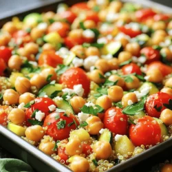 For the One-Pan Mediterranean Quinoa Bake, you need: - 1 cup quinoa, rinsed - 2 cups vegetable broth - 1 can (15 oz) chickpeas, drained and rinsed - 1 cup cherry tomatoes, halved - 1 red bell pepper, diced - 1 zucchini, diced - 1 teaspoon dried oregano - 1 teaspoon garlic powder - ½ teaspoon smoked paprika - Salt and pepper to taste - 2 tablespoons olive oil - ¼ cup feta cheese, crumbled (optional) - Fresh parsley, chopped for garnish Using fresh vegetables and herbs makes a big difference in taste. Fresh produce gives your dish more flavor and nutrients. Plus, it helps keep the meal vibrant and colorful. When you use quality ingredients, you elevate your cooking and impress anyone you serve. You can easily add protein to your bake, like: - Tofu, cubed and sautéed - Tempeh, crumbled and cooked These options boost your meal's nutrition. You can also play with herbs and spices for new flavors. Try: - Basil for a sweet touch - Thyme for a warm flavor - Chili flakes for some heat Mix and match to find what you love! The choices are endless, making your dinner unique each time. 1. First, rinse 1 cup of quinoa under cold water. This helps remove bitter flavors. 2. Chop your veggies: halve 1 cup of cherry tomatoes, dice 1 red bell pepper, and 1 zucchini. 3. Drain and rinse 1 can (15 oz) of chickpeas. This adds protein and fiber. 4. Preheat your oven to 375°F (190°C). This ensures even cooking. 5. Grease your large, oven-safe skillet or baking dish with a little olive oil. This keeps the dish from sticking. 1. In your greased skillet, combine the rinsed quinoa and 2 cups of vegetable broth. 2. Add the chickpeas, cherry tomatoes, red bell pepper, and zucchini to the pan. 3. Sprinkle 1 teaspoon of dried oregano, 1 teaspoon of garlic powder, and ½ teaspoon of smoked paprika over the mixture. 4. Season with salt and pepper to taste, then drizzle with 2 tablespoons of olive oil. 5. Stir all ingredients until well combined. This ensures every bite is tasty. 6. Cover the skillet with a lid or aluminum foil and bake for 25 minutes. 7. After 25 minutes, remove the cover, stir in ¼ cup of feta cheese (if using), and bake for an additional 10 minutes. 8. The quinoa should be fluffy and the veggies tender after baking. Remove from the oven and let it cool slightly. 9. Garnish with fresh parsley before serving. Enjoy your one-pan Mediterranean quinoa bake! For easy cleanup, let the skillet soak before washing. This makes it simple! To get the best texture for quinoa, rinse it well. This removes the bitter coating called saponin. Use two cups of broth for each cup of quinoa. This gives it a fluffy feel. Roasting veggies can bring out their natural sweetness. Cut them into equal sizes for even cooking. Toss them with olive oil, salt, and herbs. Bake them at 425°F (220°C) for great flavor. Keep an eye on them and stir halfway through for even browning. One-pan cooking makes cleanup simple. After serving, let the pan soak in warm, soapy water. This helps loosen stuck bits. Wipe the pan with a sponge before washing. To reduce mess, use a few handy tools. A silicone spatula can help scrape food off easily. A large cutting board keeps your counters clean. Use parchment paper on baking sheets to avoid sticking. For an easy, flavorful meal, try the Full Recipe for One-Pan Mediterranean Quinoa Bake. Enjoy your time cooking! {{image_2}} You can easily modify the One-Pan Mediterranean Quinoa Bake to fit your needs. For a vegan version, skip the feta cheese. The dish still tastes great without it. You can also add nutritional yeast for a cheesy flavor. This gives you a boost of vitamins, too! If you need a gluten-free option, use certified gluten-free quinoa. It’s a smart choice since quinoa is naturally gluten-free. Check the vegetable broth label to ensure it meets gluten-free standards. This way, you can enjoy the dish without worry. To change things up, you can add creative ingredients for different flavors. Try adding olives for a briny kick. You can also mix in sun-dried tomatoes for a rich taste. If you want a spicy twist, add red pepper flakes. This gives the dish a fun heat. Seasonal vegetables keep the recipe fresh and exciting. In the summer, use fresh corn or eggplant. In the fall, add butternut squash or kale. These vegetables not only taste great but also add color to your plate. Mixing flavors and colors makes any meal more enjoyable. To keep your One-Pan Mediterranean Quinoa Bake fresh, let it cool first. Then, transfer it to an airtight container. Store it in the fridge for up to four days. When you are ready to eat, reheat it in the microwave or oven. For the microwave, heat in 30-second bursts. Stir between each interval. If using the oven, cover it with foil and heat at 350°F (175°C) until warm. This method keeps the flavors bright and the texture nice. If you want to save some for later, freezing works well. First, let the dish cool completely. Then, portion it into smaller containers. Use freezer-safe containers or bags for best results. Label each with the date. When you want to enjoy it, thaw it in the fridge overnight. You can reheat it in the oven at 350°F (175°C) or in the microwave. This way, you can enjoy the dish even after weeks! Can I make this dish ahead of time? Yes, you can prepare this dish ahead of time. Make it fully and let it cool. Store it in the fridge for up to three days. When ready to eat, reheat it in the oven until warm. This makes dinner easy on busy nights! What can I substitute for quinoa in this recipe? If you want a substitute for quinoa, try using couscous or brown rice. Both options will work well with the other flavors. Just adjust the cooking times based on what you choose. How do I know when the quinoa is fully cooked? Quinoa is done when the grains look fluffy and the tiny tails appear. This takes about 15 minutes of cooking. If you still see water, cook it a bit longer. Can I use a different type of vegetable broth for flavor? Absolutely! You can use any vegetable broth you like. Low-sodium broth is great for controlling salt levels. You can also try mushroom or garlic broth for extra flavor. For the full recipe, check out the One-Pan Mediterranean Quinoa Bake. Enjoy your cooking! In summary, the One-Pan Mediterranean Quinoa Bake is simple and tasty. You learned about key ingredients, preparation, and cooking steps. We also explored tips for cooking and cleaning. Variations allow you to customize the dish to your taste. Plus, proper storage keeps leftovers fresh. I hope you feel ready to try this recipe. Enjoy making your own twist on this healthy meal!