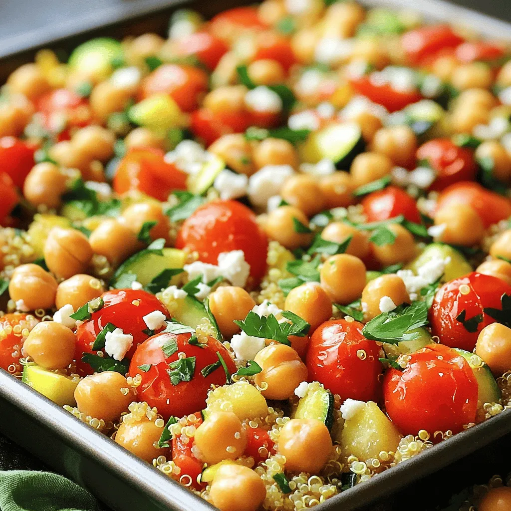 For the One-Pan Mediterranean Quinoa Bake, you need: - 1 cup quinoa, rinsed - 2 cups vegetable broth - 1 can (15 oz) chickpeas, drained and rinsed - 1 cup cherry tomatoes, halved - 1 red bell pepper, diced - 1 zucchini, diced - 1 teaspoon dried oregano - 1 teaspoon garlic powder - ½ teaspoon smoked paprika - Salt and pepper to taste - 2 tablespoons olive oil - ¼ cup feta cheese, crumbled (optional) - Fresh parsley, chopped for garnish Using fresh vegetables and herbs makes a big difference in taste. Fresh produce gives your dish more flavor and nutrients. Plus, it helps keep the meal vibrant and colorful. When you use quality ingredients, you elevate your cooking and impress anyone you serve. You can easily add protein to your bake, like: - Tofu, cubed and sautéed - Tempeh, crumbled and cooked These options boost your meal's nutrition. You can also play with herbs and spices for new flavors. Try: - Basil for a sweet touch - Thyme for a warm flavor - Chili flakes for some heat Mix and match to find what you love! The choices are endless, making your dinner unique each time. 1. First, rinse 1 cup of quinoa under cold water. This helps remove bitter flavors. 2. Chop your veggies: halve 1 cup of cherry tomatoes, dice 1 red bell pepper, and 1 zucchini. 3. Drain and rinse 1 can (15 oz) of chickpeas. This adds protein and fiber. 4. Preheat your oven to 375°F (190°C). This ensures even cooking. 5. Grease your large, oven-safe skillet or baking dish with a little olive oil. This keeps the dish from sticking. 1. In your greased skillet, combine the rinsed quinoa and 2 cups of vegetable broth. 2. Add the chickpeas, cherry tomatoes, red bell pepper, and zucchini to the pan. 3. Sprinkle 1 teaspoon of dried oregano, 1 teaspoon of garlic powder, and ½ teaspoon of smoked paprika over the mixture. 4. Season with salt and pepper to taste, then drizzle with 2 tablespoons of olive oil. 5. Stir all ingredients until well combined. This ensures every bite is tasty. 6. Cover the skillet with a lid or aluminum foil and bake for 25 minutes. 7. After 25 minutes, remove the cover, stir in ¼ cup of feta cheese (if using), and bake for an additional 10 minutes. 8. The quinoa should be fluffy and the veggies tender after baking. Remove from the oven and let it cool slightly. 9. Garnish with fresh parsley before serving. Enjoy your one-pan Mediterranean quinoa bake! For easy cleanup, let the skillet soak before washing. This makes it simple! To get the best texture for quinoa, rinse it well. This removes the bitter coating called saponin. Use two cups of broth for each cup of quinoa. This gives it a fluffy feel. Roasting veggies can bring out their natural sweetness. Cut them into equal sizes for even cooking. Toss them with olive oil, salt, and herbs. Bake them at 425°F (220°C) for great flavor. Keep an eye on them and stir halfway through for even browning. One-pan cooking makes cleanup simple. After serving, let the pan soak in warm, soapy water. This helps loosen stuck bits. Wipe the pan with a sponge before washing. To reduce mess, use a few handy tools. A silicone spatula can help scrape food off easily. A large cutting board keeps your counters clean. Use parchment paper on baking sheets to avoid sticking. For an easy, flavorful meal, try the Full Recipe for One-Pan Mediterranean Quinoa Bake. Enjoy your time cooking! {{image_2}} You can easily modify the One-Pan Mediterranean Quinoa Bake to fit your needs. For a vegan version, skip the feta cheese. The dish still tastes great without it. You can also add nutritional yeast for a cheesy flavor. This gives you a boost of vitamins, too! If you need a gluten-free option, use certified gluten-free quinoa. It’s a smart choice since quinoa is naturally gluten-free. Check the vegetable broth label to ensure it meets gluten-free standards. This way, you can enjoy the dish without worry. To change things up, you can add creative ingredients for different flavors. Try adding olives for a briny kick. You can also mix in sun-dried tomatoes for a rich taste. If you want a spicy twist, add red pepper flakes. This gives the dish a fun heat. Seasonal vegetables keep the recipe fresh and exciting. In the summer, use fresh corn or eggplant. In the fall, add butternut squash or kale. These vegetables not only taste great but also add color to your plate. Mixing flavors and colors makes any meal more enjoyable. To keep your One-Pan Mediterranean Quinoa Bake fresh, let it cool first. Then, transfer it to an airtight container. Store it in the fridge for up to four days. When you are ready to eat, reheat it in the microwave or oven. For the microwave, heat in 30-second bursts. Stir between each interval. If using the oven, cover it with foil and heat at 350°F (175°C) until warm. This method keeps the flavors bright and the texture nice. If you want to save some for later, freezing works well. First, let the dish cool completely. Then, portion it into smaller containers. Use freezer-safe containers or bags for best results. Label each with the date. When you want to enjoy it, thaw it in the fridge overnight. You can reheat it in the oven at 350°F (175°C) or in the microwave. This way, you can enjoy the dish even after weeks! Can I make this dish ahead of time? Yes, you can prepare this dish ahead of time. Make it fully and let it cool. Store it in the fridge for up to three days. When ready to eat, reheat it in the oven until warm. This makes dinner easy on busy nights! What can I substitute for quinoa in this recipe? If you want a substitute for quinoa, try using couscous or brown rice. Both options will work well with the other flavors. Just adjust the cooking times based on what you choose. How do I know when the quinoa is fully cooked? Quinoa is done when the grains look fluffy and the tiny tails appear. This takes about 15 minutes of cooking. If you still see water, cook it a bit longer. Can I use a different type of vegetable broth for flavor? Absolutely! You can use any vegetable broth you like. Low-sodium broth is great for controlling salt levels. You can also try mushroom or garlic broth for extra flavor. For the full recipe, check out the One-Pan Mediterranean Quinoa Bake. Enjoy your cooking! In summary, the One-Pan Mediterranean Quinoa Bake is simple and tasty. You learned about key ingredients, preparation, and cooking steps. We also explored tips for cooking and cleaning. Variations allow you to customize the dish to your taste. Plus, proper storage keeps leftovers fresh. I hope you feel ready to try this recipe. Enjoy making your own twist on this healthy meal!