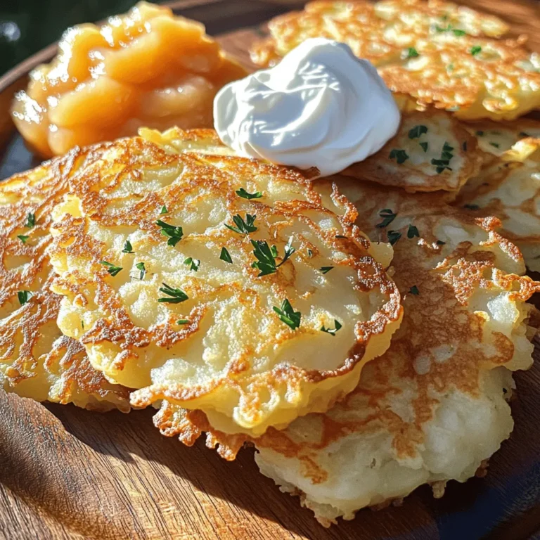 To make crispy potato pancakes, you will need: - 4 medium-sized russet potatoes, peeled and grated - 1 small onion, grated - 2 large eggs - 1/4 cup all-purpose flour - 1 teaspoon baking powder - 1 teaspoon garlic powder - Salt and pepper to taste - 1/4 cup fresh parsley, chopped - Vegetable oil for frying You can easily swap some ingredients if needed. Here are a few ideas: - Potatoes: Use Yukon Gold for a creamier texture. - Onion: Green onions add a fresh taste. - Eggs: Replace with flax eggs for a vegan option. - Flour: Almond flour works for gluten-free pancakes. - Parsley: Cilantro or chives can add a fun twist. Choosing the right potatoes is key for crispy pancakes. Here are some tips: - Russet Potatoes: These are starchy and yield the best texture. - Firmness: Pick potatoes that feel heavy and firm. - Skin: Look for smooth skin without blemishes or sprouts. - Freshness: Use fresh potatoes for the best flavor. With these ingredients and tips, you're ready to make crispy potato pancakes! You can find the full recipe above for more details. Start by peeling the potatoes. Use four medium-sized russet potatoes. Grate them using a box grater. Grate one small onion the same way. This helps add flavor. Place the grated potatoes and onion in a large bowl. Now, take a clean kitchen towel or cheesecloth. Squeeze the mixture to remove excess moisture. This step keeps the pancakes crispy. In the bowl with the potatoes and onion, add two large eggs. Stir well until everything mixes. In a separate bowl, measure 1/4 cup flour and add one teaspoon baking powder. Add one teaspoon garlic powder, salt, and pepper to taste. Mix these dry ingredients well. Gradually add this dry mix to the potato mix. Fold gently until combined. Don’t overmix! Finally, stir in 1/4 cup fresh chopped parsley for a bright touch. Heat a large skillet over medium-high heat. Add vegetable oil until it’s shimmering. This means it’s ready. Using a tablespoon or ice cream scoop, drop spoonfuls of the potato mix into the hot oil. Flatten each scoop slightly with a spatula. Fry each pancake for about 3-4 minutes on each side. Look for a golden brown color and a crispy texture. Avoid overcrowding the pan; cook in small batches if needed. Once cooked, place the pancakes on paper towels to drain excess oil. Repeat this step until you finish the batter. Enjoy your crispy potato pancakes! For the complete recipe, refer to the [Full Recipe]. To make your potato pancakes super crispy, start by squeezing out the moisture. I use a clean kitchen towel to wring out the grated potatoes and onion. This step is key! The drier they are, the crispier they will be. Also, use enough oil in your pan; it should shimmer when hot. Fry the pancakes in batches, giving them space to breathe. This helps them fry evenly. One common mistake is not removing enough moisture from the potatoes. If they are wet, your pancakes will become soggy. Another mistake is overcrowding the pan. If you add too many pancakes at once, they will steam instead of fry. Lastly, don’t skip the resting time for the batter. Letting it sit for a few minutes helps the flavors meld. I love to serve crispy potato pancakes hot. A dollop of sour cream on top adds creaminess. You can also use applesauce for a sweet touch. For a fun twist, try adding a sprinkle of fresh herbs like chives or dill. These flavors really brighten up the dish! If you want to make it a meal, serve alongside a fresh salad or roasted vegetables. For the full recipe, check out the Crispy Potato Pancakes section. {{image_2}} I love adding cheese and chives to my potato pancakes. It gives them a creamy and savory twist. Simply mix in 1 cup of shredded cheese, like cheddar or mozzarella, and 1/4 cup of chopped chives into the potato mixture. The cheese melts while frying, making the pancakes gooey and delicious. Sweet potatoes bring a fun flavor to pancakes. To make sweet potato pancakes, swap out the russet potatoes for 4 medium sweet potatoes. Grate them just like the russet potatoes. Sweet potatoes add a natural sweetness that pairs well with spices like cinnamon or nutmeg. You can get creative with add-ins! Try adding finely chopped bell peppers, garlic, or even cooked bacon bits. Each add-in brings unique flavors. Just remember to keep the total amount of mix-ins to about 1/2 cup to maintain the pancake's texture. These variations keep every bite exciting. For the full recipe, check the earlier section. After you enjoy your crispy potato pancakes, store any leftovers properly. Place the pancakes in an airtight container. Use parchment paper between layers to keep them from sticking. Store them in the fridge for up to three days. This way, they stay fresh and tasty. When ready to eat your leftover pancakes, reheat them for the best taste. Use a skillet over medium heat. Add a little oil to the pan. Heat each pancake for about two minutes on each side. This will make them crispy again. You can also use an oven. Preheat it to 350°F (175°C) and place the pancakes on a baking sheet. Heat them for about 10 minutes. This keeps them warm and crispy. If you want to save pancakes for later, freezing is a great option. Let the pancakes cool completely. Then, stack them with parchment paper in between. Place the stack in a freezer-safe bag or container. They can stay frozen for up to three months. To reheat, thaw them in the fridge overnight before using the skillet or oven method. This way, you can enjoy your crispy potato pancakes whenever you want! For the full recipe, refer to the section above. The secret lies in moisture control. After grating the potatoes, squeeze out as much water as you can. This step keeps the pancakes from becoming soggy. Use a clean kitchen towel or cheesecloth for this. Also, ensure your oil is hot enough before frying. A good temperature gives you that nice golden brown color and crispiness. Finally, don’t overcrowd the pan. Fry in batches for the best results. Yes, you can! Simply swap out the all-purpose flour for a gluten-free blend. There are many great gluten-free options available, like almond flour or a rice flour mix. Just make sure the flour you choose binds well with the other ingredients. This will help your pancakes hold together while cooking. You can prepare the mixture ahead of time and store it in the fridge for a few hours. Just remember, the longer it sits, the more moisture it can release. It’s best to cook them fresh for the best flavor and texture. If you want to freeze them, cook the pancakes first, then cool them completely. Store them in an airtight container, and they will last for up to three months. When ready to eat, just reheat in a hot skillet. Check the [Full Recipe] for more details! Crispy potato pancakes are easy and fun to make. We covered the right ingredients and substitutions. You learned tips for choosing the best potatoes too. The step-by-step guide will help you prepare and cook them perfectly. Don't forget the tricks to achieve that great crispiness. Remember to explore fun variations and store leftovers well. Now, you can enjoy tasty pancakes with friends and family. Get cooking!