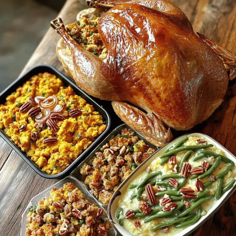 - 1 whole roasted turkey (12-14 lbs) - 4 cups cornbread, crumbled - 2 cups chicken broth - 1 medium onion, diced - 2 celery stalks, diced - 1 cup cooked and diced sausage (optional) - 1 teaspoon sage - 1 teaspoon thyme - 1 teaspoon rosemary - Salt and pepper to taste - 4 cups sweet potatoes, peeled and cubed - ½ cup brown sugar - ½ cup butter, melted - 1 teaspoon cinnamon - 1 teaspoon vanilla extract - 1 cup pecans, chopped - 2 cups green beans, trimmed - 1 tablespoon olive oil - 1 cup onion rings, for topping To make the best Southern Thanksgiving Spread, start with the turkey. Choose a whole turkey weighing 12 to 14 pounds. Season it with salt, pepper, sage, thyme, and rosemary. This adds flavor. Next, prepare the cornbread dressing. Crumble four cups of cornbread into a large bowl. Dice one medium onion and two celery stalks. If you like, add one cup of cooked sausage. Mix in two cups of chicken broth, spices, and stir until combined. For the sweet potato casserole, peel and cube four cups of sweet potatoes. Boil them until fork-tender. This should take about 15 minutes. Mash them with half a cup of brown sugar, half a cup of melted butter, one teaspoon of cinnamon, and one teaspoon of vanilla extract. Top it with chopped pecans. You will need a few key tools to make this feast. Gather the following: - Large roasting pan for the turkey - Skillet for sautéing vegetables - Mixing bowls for cornbread and sweet potatoes - Casserole dish for sweet potato casserole - Baking sheet for green beans and onion rings - Pot for boiling sweet potatoes - Knife and cutting board for chopping With these ingredients and tools, you are ready to create a memorable Southern Thanksgiving Spread. For the full recipe, refer to the provided details. Enjoy cooking! To start, preheat your oven to 325°F (165°C). Take your turkey and season it well with salt, pepper, sage, thyme, and rosemary. Place it in the oven and roast it. You should roast it for about 13 minutes per pound. Keep an eye on the internal temperature; it should reach 165°F (75°C). Baste the turkey every 30 minutes. This helps keep it moist and adds great flavor. In a large skillet, heat olive oil over medium heat. Add diced onion and celery. Sauté them until they are soft, which takes about 5-7 minutes. Then, stir in crumbled cornbread, chicken broth, and spices. Mix until everything is combined and moist. Transfer this mixture to a greased baking dish. Bake at 350°F (175°C) for about 30 minutes until golden brown on top. This dish adds a great texture and flavor to your meal. For the sweet potato casserole, boil sweet potatoes in water until they are fork-tender, which takes about 15 minutes. Drain the water and mash them in a bowl. Mix in brown sugar, melted butter, cinnamon, and vanilla extract. Once mixed well, pour it into a greased casserole dish. Top with chopped pecans. Bake at 350°F (175°C) for about 25 minutes until it is bubbly. The sweet and nutty flavors will be a hit! Next, prepare the green beans. Blanch them in boiling water for about 3-4 minutes until they turn bright green. Quickly transfer them to an ice bath to stop cooking. Drain the beans and toss them with olive oil, salt, and pepper. You can warm them in a skillet for added crunch. This keeps them fresh and crisp for your feast. As you get close to serving time, add crispy onion rings to the top of the green beans. Place them in the oven for an extra few minutes to heat through. This final touch adds a delicious crunch that everyone will love. Once everything is cooked, carve the turkey and arrange it on a large platter. Serve it alongside the cornbread dressing, sweet potato casserole, and green beans. This Southern Thanksgiving spread is not only hearty, but it also showcases the best of comfort food. For more details, check out the Full Recipe. When cooking your turkey, timing is key. Roast your turkey at 325°F (165°C). You'll need about 13 minutes per pound. For instance, a 14-pound turkey needs about 3 hours. Use a meat thermometer to check for doneness. The turkey should reach 165°F (75°C) in the thickest part of the thigh. This will keep it juicy and safe to eat. For the cornbread stuffing, bake it at 350°F (175°C) for 30 minutes. This will give it a nice golden color. Sweet potatoes should boil for about 15 minutes until tender. Bake them for 25 minutes to get a bubbly casserole. To really boost flavor, use fresh herbs. Add more sage, thyme, and rosemary to your turkey seasoning. They bring out the best in your dish. For the cornbread stuffing, you can add diced apples or cranberries for a hint of sweetness. In the sweet potato casserole, add a pinch of nutmeg for depth. You could also sprinkle more cinnamon on top before baking. This will make your dish smell amazing. For green beans, a splash of lemon juice can brighten the flavor. Presentation is important for a Southern feast. Use a large, beautiful platter for the turkey. Arrange the stuffing and casserole in colorful serving dishes. Add fresh herbs as a garnish on top of your dishes. This not only looks nice but also adds a pop of flavor. For an extra touch, place the green beans in a long dish with the crispy onion rings on top. It offers a lovely contrast. For your table, use a rustic cloth and natural elements like pinecones or small pumpkins. This brings warmth and charm to your Southern Thanksgiving spread. Don't forget to check the [Full Recipe](#) for all the delicious details! {{image_2}} You can change the stuffing to fit your taste. Use brown bread or sourdough instead of cornbread. This adds a different flavor. You can also mix in cranberries or apples for a sweet touch. If you want a richer taste, add more sausage or even bacon. You can replace chicken broth with vegetable broth for a vegetarian option. These swaps can make your stuffing unique and delicious. Sweet potato casserole can be fun to change. You can add marshmallows on top for a sweet finish. You might also try mixing in crushed pineapple for a fruity twist. For a spicier kick, add a pinch of cayenne pepper. If you love nuts, try walnuts instead of pecans. These small changes can give your casserole a new life and flavor. Green beans are easy to change up too. You could sauté them with garlic for more taste. Try adding almonds or walnuts for crunch. If you want a creamy dish, mix in some cheese and cream. You can also roast them with balsamic vinegar for a sweet and tangy flavor. Each method brings out a different side of this veggie. After your Southern Thanksgiving spread is done, let the food cool. Cover the turkey and sides with plastic wrap or foil. Store them in the fridge for up to four days. Keep turkey slices in a separate container to avoid drying out. Use airtight containers for sides to keep them fresh. You can mix the stuffing and sweet potatoes together. This keeps flavors combined and makes for easy serving. If you need to store food longer, freezing is a great option. Cool the dishes completely before freezing. Wrap turkey slices tightly in freezer-safe bags. For the cornbread stuffing and sweet potato casserole, use airtight containers. Label them with the date. Freeze these dishes for up to three months. When you are ready to eat, thaw overnight in the fridge. Reheating is simple! For the turkey, place slices in a baking dish. Add a splash of chicken broth to keep it moist. Cover with foil and heat at 325°F (165°C) for about 20-30 minutes. For the stuffing and sweet potato casserole, reheat at the same temperature. Check for warmth, and add a bit of butter if needed. Green beans can be warmed in a skillet on medium heat. Stir until hot. Enjoy your delicious Southern Thanksgiving spread again! To keep turkey moist, start with a brine. A simple saltwater soak adds flavor and moisture. Use a mix of salt, sugar, and water. Soak the turkey for at least 12 hours. While cooking, baste the turkey every 30 minutes with its juices. This helps keep the skin crispy and the meat tender. If you need a substitute, try using regular bread or sourdough. Both can create a tasty dressing. Just cube the bread and dry it out before mixing. You can also use rice or quinoa for a gluten-free option. Add herbs and spices for flavor. Yes, you can make sweet potato casserole ahead of time. Prepare the dish, but do not bake it. Cover it tightly and store it in the fridge. When ready, bake it straight from the fridge. Increase the baking time by about 10 minutes. Southern Thanksgiving flavors include sage, thyme, and rosemary. You also find sweet potatoes, cornbread, and pecans. These ingredients bring warmth and comfort to the meal. Don't forget the spices like cinnamon and nutmeg for desserts. A Southern Thanksgiving spread can last about 3 to 4 days in the fridge. Store the turkey and sides in airtight containers. When reheating, make sure all dishes reach 165°F (74°C) to ensure safety. Enjoy those leftovers! In this blog post, we explored the key ingredients for a Southern Thanksgiving spread, including essential cooking tools and prep steps. I shared detailed instructions for turkey, cornbread dressing, sweet potato casserole, and green beans. You also learned helpful tips on cooking times, flavor, and presentation. Variations and storage info ensure your meal stays fresh and tasty. Remember, cooking is fun and a chance to share joy and flavor. With these tips, you’ll create a memorable meal for friends and family. Happy cooking!