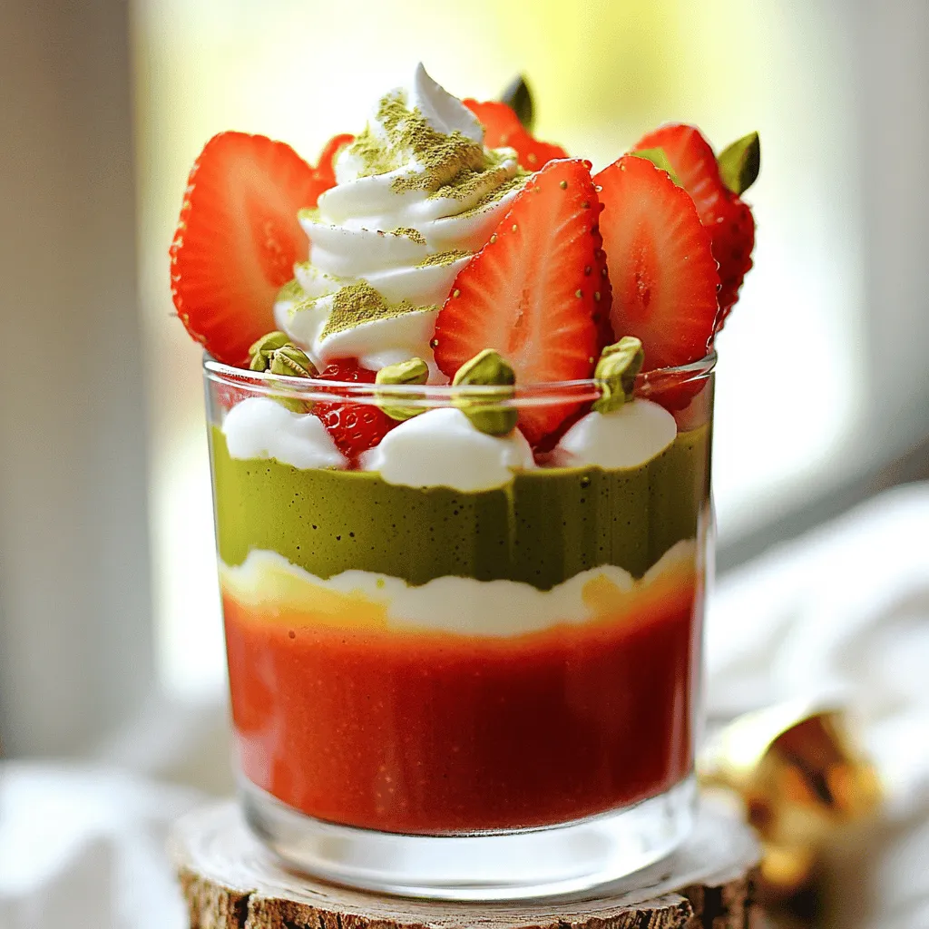 - Fresh strawberries - Honey or maple syrup - Milk or plant-based milk - Matcha green tea powder The main ingredients in a Strawberry Matcha Latte are simple yet full of flavor. Fresh strawberries are sweet and juicy, giving your drink a bright taste. Honey or maple syrup adds just the right amount of sweetness. You can use regular milk or plant-based milk, depending on your preference. Matcha green tea powder brings in earthy notes and a beautiful green color. - Ice cubes - Whipped cream toppings - Fresh strawberry slices for garnish You can make your drink even more special with optional ingredients. Ice cubes create a refreshing cold drink, perfect for warm days. Whipped cream adds a creamy touch and makes it feel indulgent. Finally, fresh strawberry slices not only look pretty but also enhance the strawberry flavor. For the full recipe, check the section below. To start, take a small bowl. Add one teaspoon of matcha green tea powder to the bowl. Pour in one tablespoon of hot water. Now, whisk the matcha with a small whisk or a fork. Keep whisking until it is smooth and free of clumps. This step is key to making your drink nice and velvety. If you see any lumps, just whisk a bit more. Set your matcha mix aside for later. Next, grab a blender. Add one cup of hulled and sliced fresh strawberries. Then, add one tablespoon of honey or maple syrup. Blend them together. The goal is to make a smooth puree. If the mix is too thick, add a tiny bit of water. This helps it blend better. Taste the puree to see if you want it sweeter. Adjust if needed! Now, it's time to layer your drink. Take a glass and add the strawberry puree to the bottom. Use a spoon to spread it out evenly. Next, heat one cup of milk (or your favorite plant-based milk) until warm. Pour the warm milk over the strawberry layer slowly. This lets the colors blend just a bit. Finally, gently pour your matcha mix on top of the warm milk. This creates a lovely layered look. If you'd like, you can add ice cubes for a cold version. Top your latte with whipped cream and a slice of fresh strawberry for a fun touch. Enjoy your Strawberry Matcha Latte! For the complete set of instructions, check out the Full Recipe. To make your Strawberry Matcha Latte just right, adjust the sweetness to your taste. You can start with one tablespoon of honey or maple syrup. Blend it with the strawberries. If you want it sweeter, add more syrup bit by bit. You control the flavor! Next, choose the right milk for creaminess. Whole milk gives a rich taste. Almond or oat milk can add a nutty flavor, which is nice too. Try different types of milk to find out what you like best. Layering the drink creates a beautiful look. To layer without mixing the colors, pour the strawberry puree first. Then, gently pour the warm milk over the puree. This helps keep the layers separate. When adding the matcha, pour it slowly on top of the milk. This will help keep the green layer distinct. For a nice touch, you can add whipped cream on top and garnish with fresh strawberry slices. It makes the drink not only tasty but also Instagram-ready! For the full recipe, check out the detailed instructions above. {{image_2}} To make an iced strawberry matcha latte, start by blending your strawberries as usual. After blending, prepare your matcha with hot water. Once it's ready, let it cool slightly. Next, fill a glass with ice cubes. Pour in the strawberry puree first, then the milk. Finally, add the matcha on top. The colors will look stunning! For ice, use regular ice cubes or crushed ice. Both work well and keep your drink nice and cold. For a vegan option, swap out cow's milk for plant-based milk. Almond milk, oat milk, or coconut milk are great choices. These options still taste delicious and creamy. You can also change the sweetener. Use agave syrup or a little maple syrup instead of honey. This keeps your drink fully vegan while adding sweetness. To boost the flavor, consider adding a splash of vanilla or almond extract. Just a tiny amount makes a big difference. You can also try using different fruit purees. Mango or raspberry could add a fun twist. Simply blend the fruit as you did with strawberries to create new flavors. Each variation brings a fresh taste to your strawberry matcha latte. For the full recipe, check out Strawberry Matcha Bliss. To keep your Strawberry Matcha Latte fresh, store it in the fridge. Use an airtight container. It stays good for up to two days. If you have extra strawberry puree, keep it separate. Store it in the fridge for up to three days. Keep the matcha mix in a cool, dry place. It can last for weeks if sealed well. Always check for clumps before use. If you want to warm up your latte, use low heat. Pour it into a small pot. Stir gently and heat until warm. Avoid boiling to keep the flavor intact. For the best taste and texture, reheat just what you need. If you have leftover strawberry puree, mix it in as you heat. This keeps the fruity taste bright and fresh. Enjoy your drink warm or cold! A Strawberry Matcha Latte is a tasty drink that blends sweet strawberries with rich matcha. You get a vibrant green color from matcha and a bright pink from strawberries. The flavors mix well, creating a balance of sweet and earthy. The creamy milk adds smoothness, making each sip refreshing. You’ll love the unique combination of flavors and how they come together beautifully. Yes, you can make this drink ahead of time. Prepare the strawberry puree and matcha mix first. Store them in separate containers in the fridge. When you’re ready to serve, just heat the milk and layer everything together. It takes only a few minutes to put together. This way, you save time and enjoy a delicious drink when you want it. You can find Strawberry Matcha Lattes at many cafes, especially those that focus on tea or specialty drinks. Look for local coffee shops that offer matcha drinks. Many places now create unique flavors, so ask around. You might be surprised by the options. Check out social media for popular spots in your area. Yes, matcha has many health benefits. It is loaded with antioxidants, which help fight free radicals in your body. Matcha can boost your energy levels without causing jitters like coffee. It may also help improve focus and concentration. Drinking matcha can support metabolism and fat burning, making it a great choice for health lovers. Enjoy the taste while also boosting your well-being! This article explored how to make a delicious Strawberry Matcha Latte. We looked at key ingredients like fresh strawberries, matcha powder, and sweeteners. You learned step-by-step instructions for preparing and assembling your drink. We shared tips for flavor and layering techniques, plus variations for iced and vegan options. Enjoy making this tasty drink that’s both beautiful and good for you. With practice, you can create the perfect balance of flavors and impress anyone who tries it. Enjoy sipping your creation!