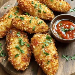 Here's a simple list of what you need for Garlic Parmesan Chicken Tenders: - 1 lb chicken tenderloins - 1 cup all-purpose flour - 2 large eggs - 1 cup breadcrumbs (preferably panko) - 1 cup grated Parmesan cheese - 4 cloves garlic, minced - 1 teaspoon paprika - 1 teaspoon dried oregano - 1 teaspoon salt - ½ teaspoon black pepper - ½ teaspoon crushed red pepper flakes (optional) - ½ cup olive oil - Fresh parsley, chopped (for garnish) These ingredients work together to create juicy chicken tenders with a crispy crust. The panko breadcrumbs add a lovely crunch. The mix of garlic and Parmesan brings rich flavor. You also get a nice kick from the crushed red pepper if you choose to add it. For the best taste, use fresh garlic. It makes a big difference in flavor. If you want to make this meal healthier, consider using whole wheat breadcrumbs or a gluten-free option. You can even swap out the tenderloins for chicken breasts if that’s what you have on hand. This recipe is flexible and allows you to adjust it to your liking. Check out the Full Recipe for complete instructions! - Preheat your oven to 425°F (220°C). - Line a baking sheet with parchment paper for easy cleanup. - In a shallow dish, mix flour, paprika, salt, black pepper, and oregano. - In another bowl, whisk the eggs until smooth. - Get a third dish and mix breadcrumbs, minced garlic, and Parmesan cheese. - Start the dipping process. First, coat each chicken tender in the flour mix. - Shake off any extra flour before moving to the next step. - Next, dip the floured tender into the beaten eggs. Let excess egg drip off. - Finally, coat the tender in the breadcrumb mix. Press gently to help it stick. - Place the coated chicken tenders on the parchment-lined baking sheet. - Drizzle olive oil over the tenders for that crispy finish. - Bake them for 15-20 minutes. They should be golden brown and fully cooked. - Let them cool for a few minutes before serving. Garnish with fresh parsley. For the detailed steps, check the Full Recipe. To keep your chicken tenders juicy, avoid overcooking. Bake them at 425°F for 15-20 minutes. Use a meat thermometer. Aim for 165°F at the center. This ensures they are safe and tender. For the crispiest coating, use panko breadcrumbs. They add extra crunch. Also, coat the chicken well. Press the crumbs firmly onto the chicken for best results. Drizzle olive oil before baking. This helps to achieve a golden, crispy finish. Dips can elevate your meal. Marinara sauce pairs well with Garlic Parmesan Chicken Tenders. Garlic aioli is another great choice. Both add flavor and richness. For sides, consider a fresh salad or roasted vegetables. A side of crispy fries or coleslaw also works well. These options balance the meal and add variety. If you want lighter options, try baking instead of frying. You can also use less oil. This keeps the dish tasty but reduces calories. Nutritional information per serving (based on 4 servings) includes approximately: - Calories: 350 - Protein: 30g - Carbohydrates: 20g - Fat: 15g This information helps you plan your meals better. {{image_2}} You can change the flavor of your Garlic Parmesan Chicken Tenders by adding spices or different cheeses. For a twist, try smoked paprika or Italian seasoning. You can also use different cheeses like cheddar or mozzarella. Each adds a unique taste and texture. If you want a spicy kick, add hot sauce to the egg wash. This gives the tenders a nice heat. You can also mix crushed red pepper flakes into the breadcrumb mix for extra spice. This way, every bite is full of flavor. To make crispy tenders, try using an air fryer. Set it to 400°F (200°C) and cook the tenders for about 10-12 minutes. Flip them halfway through for even crispiness. This method uses less oil but gives you that crunchy texture. If you prefer baking, keep the oven at 425°F (220°C). Bake the tenders for 15-20 minutes as in the Full Recipe. For a better result, you can flip them halfway through cooking. This ensures both sides get nice and crispy. To store leftovers, let the chicken tenders cool first. Place them in an airtight container. They stay fresh for about three days in the fridge. For best taste, reheat them in the oven. Set the oven to 375°F (190°C). Bake for 10-15 minutes, until they feel hot and crispy again. You can freeze cooked tenders for meal prep. After they cool, wrap each tender in plastic wrap. Place them in a freezer bag, removing as much air as possible. They last up to three months in the freezer. When you're ready to eat, thaw them in the fridge overnight. Reheat them using the same oven method for the best taste. Enjoy your crispy chicken tenders anytime! Can I use chicken breasts instead of tenderloins? Yes, you can use chicken breasts. Just cut them into strips. They will still taste great! How long does it take to cook chicken tenders? It takes about 15-20 minutes to cook chicken tenders at 425°F. You want them golden and cooked through. What can I use if I don't have breadcrumbs? You can use crushed crackers or cornflakes. They will add a nice crunch. Can I make this recipe gluten-free? Yes, use gluten-free flour and gluten-free breadcrumbs. This will keep the dish tasty and safe for gluten-free diets. How far in advance can I prepare the tenders? You can prepare the tenders a day ahead. Just coat them, then store in the fridge until you bake. What's the best way to keep them warm when serving? Use a warm oven set to low heat. You can also cover them with foil to keep the heat in. In this blog post, we explored a simple recipe for Garlic Parmesan Chicken Tenders. You learned about the key ingredients, the step-by-step process, and helpful tips for success. We also covered variations to excite your palate and storage methods to keep leftovers fresh. In conclusion, this recipe provides a tasty and straightforward way to enjoy chicken tenders at home. With a few simple steps, you can create a meal that delights everyone at your table. Enjoy your cooking!