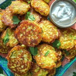 To make delicious zucchini fritters, gather these simple ingredients: - 2 medium zucchinis, grated - 1 teaspoon salt - 1/2 cup all-purpose flour - 1/2 cup grated Parmesan cheese - 1 large egg, lightly beaten - 1/4 cup green onions, finely chopped - 2 cloves garlic, minced - 1/2 teaspoon black pepper - 1/2 teaspoon paprika - Olive oil for frying - Greek yogurt or sour cream for serving (optional) These ingredients blend well together to create a tasty dish. The grated zucchini gives a fresh taste, while the cheese adds depth. For cooking these fritters, you will need: - A box grater or food processor - A clean kitchen towel - A large mixing bowl - A large skillet - A spatula - Paper towels Having the right equipment makes the cooking process easy and fun. It helps you get the best texture for your fritters. You can enhance your fritters with these optional ingredients: - Fresh herbs like parsley or dill - Spices like cayenne pepper for heat - Other cheeses like feta or cheddar These options allow you to personalize your fritters. Feel free to get creative and try different flavors. I recommend checking out the Full Recipe to explore more variations! Start by grating the zucchinis. Use a box grater or a food processor. Place the grated zucchini in a clean kitchen towel. Sprinkle the zucchini with salt. Let it sit for about 10 minutes. This step helps draw out moisture. After 10 minutes, twist the towel. Squeeze out as much liquid as you can. The drier the zucchini, the crispier the fritters. In a large mixing bowl, combine the dry and wet ingredients. Add the grated zucchini, flour, and grated Parmesan cheese. Crack in a large egg and pour in the chopped green onions. Next, add the minced garlic, black pepper, and paprika. Stir all the ingredients together until combined. The mixture should be thick but not too dry. This mixture is the heart of your fritters. Heat olive oil in a large skillet over medium heat. You need enough oil to coat the bottom of the pan. Using a spoon or ice cream scoop, drop dollops of the mixture into the skillet. Flatten them slightly with the back of the spoon. Cook each fritter for about 3-4 minutes on each side. Look for a golden brown color for doneness. Adjust the heat if needed to avoid burning. Once cooked, transfer the fritters to a plate lined with paper towels. This helps absorb extra oil. Serve warm with Greek yogurt or sour cream for dipping. Enjoy the crispy goodness of these zucchini fritters! When making zucchini fritters, choose firm zucchinis. Look for bright green skin. Wash them well to remove dirt. Grate the zucchinis using a box grater. This helps them mix better with other ingredients. Remember to salt them before cooking. Salt draws out moisture, making your fritters firmer. To get crispy fritters, ensure the zucchini is dry. After salting, squeeze out all the water. Use a hot skillet with enough olive oil. The oil should shimmer but not smoke. Place fritters in the skillet without crowding. Give them space to cook evenly. Flip them carefully to avoid breaking. Serve the fritters warm for the best taste. They pair well with Greek yogurt or sour cream. Add a sprinkle of fresh herbs for color. You can also serve them with a side salad. This adds freshness and crunch to your meal. For a twist, try dipping them in a spicy sauce. Enjoy your crispy zucchini fritters! Check out the Full Recipe for more details. {{image_2}} You can boost the flavor of your zucchini fritters by adding herbs and spices. Fresh herbs like basil, dill, or parsley work well. Try adding a teaspoon of dried oregano or thyme too. If you love heat, a pinch of red pepper flakes can spice things up. Just mix these extras into the batter before cooking. If you need a gluten-free option, no worries! Swap the all-purpose flour for gluten-free flour. Almond flour is a great choice. You can also use ground oats. Just blend the oats into a fine flour. This makes your fritters crispy and tasty without gluten. To make a vegan version, replace the egg with a flaxseed meal. Mix one tablespoon of flaxseed meal with two and a half tablespoons of water. Let it sit for five minutes to thicken. You can also skip the cheese or use nutritional yeast for a cheesy flavor. This way, everyone can enjoy these fritters. For the full recipe, check out the Crispy Zucchini Bliss Fritters. To store leftover zucchini fritters, let them cool first. Place them in an airtight container. You can keep them in the fridge for up to three days. If you want to keep them longer, freezing is a good option. To reheat your fritters, use the oven for the best results. Preheat your oven to 350°F (175°C). Place the fritters on a baking sheet. Heat for about 10 minutes until they are warm and crispy again. You can also use a skillet over medium heat for about 3-4 minutes per side. If you want to freeze zucchini fritters, start by letting them cool completely. Then, place them on a baking sheet in a single layer. Freeze them for about one hour. Once frozen, transfer them to a freezer bag. They can last for up to three months. When you’re ready to eat them, follow the reheating instructions above. Enjoy your crispy zucchini bliss fritters anytime! Check out the Full Recipe for more details. You can serve zucchini fritters with a variety of sides. I love pairing them with a fresh salad. A simple green salad with a light vinaigrette works well. You can also enjoy them with Greek yogurt or sour cream for dipping. Try serving them with some sliced tomatoes or cucumbers too. These sides add color and flavor to your meal. Yes, you can make the fritters in advance. Prepare them and store them in the fridge for up to a day. Just follow the recipe until the cooking step. When you are ready to eat, heat them in a skillet until warm and crispy. This saves time and lets you enjoy them with less stress. To make zucchini fritters crispy, start by removing excess moisture. After grating the zucchini, sprinkle salt and let it drain for 10 minutes. Then, squeeze out more water using a towel. Use enough oil in the pan for frying. Cook them until golden brown on both sides. This will give you that nice crunch. Common mistakes include not removing enough moisture from the zucchini. If your fritters are wet, they will not crisp up well. Another mistake is overcrowding the pan. Fry in batches to give each fritter space. Finally, don’t skip the seasoning. Adding salt and spices enhances the fritters' flavor. Following these tips will help you make perfect zucchini fritters every time. You learned about making tasty zucchini fritters from start to finish. We covered ingredients, tools, and steps in detail. You now know how to make them crispy and flavorful. I shared tips for serving and storing leftovers. Remember, you can customize your fritters with herbs or make them vegan. Enjoy mixing and matching to create your own perfect recipe. Cooking can be fun and easy, and these fritters are a great way to start. Happy cooking!