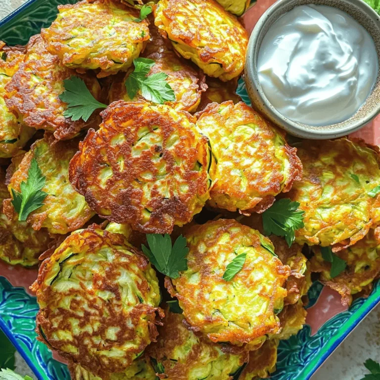 To make delicious zucchini fritters, gather these simple ingredients: - 2 medium zucchinis, grated - 1 teaspoon salt - 1/2 cup all-purpose flour - 1/2 cup grated Parmesan cheese - 1 large egg, lightly beaten - 1/4 cup green onions, finely chopped - 2 cloves garlic, minced - 1/2 teaspoon black pepper - 1/2 teaspoon paprika - Olive oil for frying - Greek yogurt or sour cream for serving (optional) These ingredients blend well together to create a tasty dish. The grated zucchini gives a fresh taste, while the cheese adds depth. For cooking these fritters, you will need: - A box grater or food processor - A clean kitchen towel - A large mixing bowl - A large skillet - A spatula - Paper towels Having the right equipment makes the cooking process easy and fun. It helps you get the best texture for your fritters. You can enhance your fritters with these optional ingredients: - Fresh herbs like parsley or dill - Spices like cayenne pepper for heat - Other cheeses like feta or cheddar These options allow you to personalize your fritters. Feel free to get creative and try different flavors. I recommend checking out the Full Recipe to explore more variations! Start by grating the zucchinis. Use a box grater or a food processor. Place the grated zucchini in a clean kitchen towel. Sprinkle the zucchini with salt. Let it sit for about 10 minutes. This step helps draw out moisture. After 10 minutes, twist the towel. Squeeze out as much liquid as you can. The drier the zucchini, the crispier the fritters. In a large mixing bowl, combine the dry and wet ingredients. Add the grated zucchini, flour, and grated Parmesan cheese. Crack in a large egg and pour in the chopped green onions. Next, add the minced garlic, black pepper, and paprika. Stir all the ingredients together until combined. The mixture should be thick but not too dry. This mixture is the heart of your fritters. Heat olive oil in a large skillet over medium heat. You need enough oil to coat the bottom of the pan. Using a spoon or ice cream scoop, drop dollops of the mixture into the skillet. Flatten them slightly with the back of the spoon. Cook each fritter for about 3-4 minutes on each side. Look for a golden brown color for doneness. Adjust the heat if needed to avoid burning. Once cooked, transfer the fritters to a plate lined with paper towels. This helps absorb extra oil. Serve warm with Greek yogurt or sour cream for dipping. Enjoy the crispy goodness of these zucchini fritters! When making zucchini fritters, choose firm zucchinis. Look for bright green skin. Wash them well to remove dirt. Grate the zucchinis using a box grater. This helps them mix better with other ingredients. Remember to salt them before cooking. Salt draws out moisture, making your fritters firmer. To get crispy fritters, ensure the zucchini is dry. After salting, squeeze out all the water. Use a hot skillet with enough olive oil. The oil should shimmer but not smoke. Place fritters in the skillet without crowding. Give them space to cook evenly. Flip them carefully to avoid breaking. Serve the fritters warm for the best taste. They pair well with Greek yogurt or sour cream. Add a sprinkle of fresh herbs for color. You can also serve them with a side salad. This adds freshness and crunch to your meal. For a twist, try dipping them in a spicy sauce. Enjoy your crispy zucchini fritters! Check out the Full Recipe for more details. {{image_2}} You can boost the flavor of your zucchini fritters by adding herbs and spices. Fresh herbs like basil, dill, or parsley work well. Try adding a teaspoon of dried oregano or thyme too. If you love heat, a pinch of red pepper flakes can spice things up. Just mix these extras into the batter before cooking. If you need a gluten-free option, no worries! Swap the all-purpose flour for gluten-free flour. Almond flour is a great choice. You can also use ground oats. Just blend the oats into a fine flour. This makes your fritters crispy and tasty without gluten. To make a vegan version, replace the egg with a flaxseed meal. Mix one tablespoon of flaxseed meal with two and a half tablespoons of water. Let it sit for five minutes to thicken. You can also skip the cheese or use nutritional yeast for a cheesy flavor. This way, everyone can enjoy these fritters. For the full recipe, check out the Crispy Zucchini Bliss Fritters. To store leftover zucchini fritters, let them cool first. Place them in an airtight container. You can keep them in the fridge for up to three days. If you want to keep them longer, freezing is a good option. To reheat your fritters, use the oven for the best results. Preheat your oven to 350°F (175°C). Place the fritters on a baking sheet. Heat for about 10 minutes until they are warm and crispy again. You can also use a skillet over medium heat for about 3-4 minutes per side. If you want to freeze zucchini fritters, start by letting them cool completely. Then, place them on a baking sheet in a single layer. Freeze them for about one hour. Once frozen, transfer them to a freezer bag. They can last for up to three months. When you’re ready to eat them, follow the reheating instructions above. Enjoy your crispy zucchini bliss fritters anytime! Check out the Full Recipe for more details. You can serve zucchini fritters with a variety of sides. I love pairing them with a fresh salad. A simple green salad with a light vinaigrette works well. You can also enjoy them with Greek yogurt or sour cream for dipping. Try serving them with some sliced tomatoes or cucumbers too. These sides add color and flavor to your meal. Yes, you can make the fritters in advance. Prepare them and store them in the fridge for up to a day. Just follow the recipe until the cooking step. When you are ready to eat, heat them in a skillet until warm and crispy. This saves time and lets you enjoy them with less stress. To make zucchini fritters crispy, start by removing excess moisture. After grating the zucchini, sprinkle salt and let it drain for 10 minutes. Then, squeeze out more water using a towel. Use enough oil in the pan for frying. Cook them until golden brown on both sides. This will give you that nice crunch. Common mistakes include not removing enough moisture from the zucchini. If your fritters are wet, they will not crisp up well. Another mistake is overcrowding the pan. Fry in batches to give each fritter space. Finally, don’t skip the seasoning. Adding salt and spices enhances the fritters' flavor. Following these tips will help you make perfect zucchini fritters every time. You learned about making tasty zucchini fritters from start to finish. We covered ingredients, tools, and steps in detail. You now know how to make them crispy and flavorful. I shared tips for serving and storing leftovers. Remember, you can customize your fritters with herbs or make them vegan. Enjoy mixing and matching to create your own perfect recipe. Cooking can be fun and easy, and these fritters are a great way to start. Happy cooking!