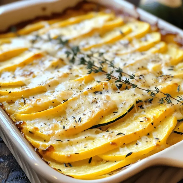 - 2 medium yellow squash, thinly sliced - 2 medium zucchini, thinly sliced - 1 medium onion, finely chopped - 2 cloves garlic, minced - 1 cup heavy cream - 1 cup shredded Gruyère cheese - 1 cup shredded sharp cheddar cheese - 1/2 cup grated Parmesan cheese - 1 teaspoon dried thyme - 1/2 teaspoon smoked paprika - Salt and pepper to taste - 2 tablespoons olive oil - 1/4 cup breadcrumbs (optional, for topping) To make this dish, you need fresh vegetables and creamy dairy. The squash and zucchini provide a sweet and tender base. The onion and garlic add depth and flavor. For the creamy part, heavy cream and a blend of cheeses make it rich. Gruyère and cheddar offer a sharp taste, while Parmesan gives a salty kick. Don’t forget the seasonings! Thyme and smoked paprika bring warmth. Salt and pepper bring balance. Olive oil helps everything cook well, and breadcrumbs can add a nice crunch. This simple list is key to a savory Squash Au Gratin. You can find the full recipe [Full Recipe] for more details on preparation. - Preheat the oven to 375°F (190°C). - In a large skillet, heat 2 tablespoons of olive oil over medium heat. Add 1 finely chopped onion and cook until it turns translucent, about 5-7 minutes. - Stir in 2 minced garlic cloves and cook for another minute to release the flavor. - In a large bowl, combine the 2 medium yellow squash and 2 medium zucchini, both thinly sliced. - Add the sautéed onion and garlic, along with 1 teaspoon of dried thyme, 1/2 teaspoon of smoked paprika, salt, and pepper to taste. Mix well until all veggies are seasoned. - In another bowl, whisk together 1 cup of heavy cream and half of the cheeses: 1 cup of shredded Gruyère and 1 cup of shredded sharp cheddar. - Grease a baking dish with butter or olive oil. - Layer half of the squash and zucchini mixture at the bottom of the dish. Pour half of the cream and cheese mixture over the squash. - Repeat this layering with the remaining squash mixture and then the rest of the cream and cheese mix. - Top with the remaining Gruyère, cheddar, and 1/2 cup of grated Parmesan cheese. If you want a crunchy top, sprinkle 1/4 cup of breadcrumbs over everything. - Cover the dish with aluminum foil and bake for 25 minutes. - After that, remove the foil and bake for an additional 15-20 minutes until the top is golden and bubbly. - Allow the gratin to cool for a few minutes before serving. For a complete guide, check the Full Recipe. To boost the taste of your squash au gratin, use fresh herbs instead of dried. Fresh thyme or rosemary adds a bright note. Adjust the seasoning to your liking. Taste as you go. This will make your dish truly unique. Avoid a watery gratin by not overcooking the squash. Sauté it just enough to soften. Layer your ingredients properly. Start with a layer of squash, followed by the creamy mixture. Repeat to create a balanced texture. This helps each bite stay rich and creamy. Pair your scrumptious squash au gratin with grilled chicken or fish. It complements these proteins well. For presentation, serve it hot straight from the oven. Alternatively, transfer it to a decorative platter. Add fresh thyme leaves on top for a pop of color. It makes the dish look as good as it tastes! {{image_2}} You can switch up the cheese in this dish. Try using mozzarella for a milder taste. Feta adds a tangy flavor that many love. If you want a kick, use pepper jack cheese. This spicy cheese gives your gratin an exciting twist. Experimenting with cheese can change the whole dish. Don't feel limited to squash. Eggplant makes a great swap. Its texture holds up well in this dish. Bell peppers offer a sweet flavor that pairs nicely, too. You can change the recipe with whatever veggies you have on hand. Seasonal vegetables can also add freshness. Think about using butternut squash in fall or asparagus in spring. If you need a gluten-free option, simply skip the breadcrumbs. You can still create a creamy topping with extra cheese. For vegan adaptations, use plant-based cream and cheese. Nutritional yeast can add a cheesy flavor without dairy. These changes can make this dish fit many diets. To keep your Squash Au Gratin fresh, refrigerate leftovers quickly. Place it in an airtight container. Make sure it cools to room temperature before sealing. Squash Au Gratin lasts about 3 to 5 days in the fridge. Always check for any signs of spoilage before eating. For long-term storage, you can freeze Squash Au Gratin. First, let it cool completely. Then, wrap it tightly in plastic wrap and foil to prevent freezer burn. It will keep well for about 2 to 3 months. When you’re ready to eat, thaw it in the fridge overnight. Reheat in the oven at 350°F (175°C) to maintain its creamy texture. This keeps the flavors intact and avoids a soggy dish. Making Squash Au Gratin in advance is a great idea for busy days. You can prepare the dish up to the baking step. Cover it well and store it in the fridge for up to 24 hours. When you’re ready to bake, just pop it into the oven. For effective meal prep, portion the dish into single servings. This way, you can easily grab a serving when needed. It’s a delicious and quick meal solution for any day! You can prepare Squash Au Gratin in advance. Start by following the recipe up to the baking step. Once you layer the squash and cheese, cover it with foil and place it in the fridge. You can store it like this for up to two days. When you're ready to bake, just preheat your oven to 375°F (190°C) and bake for about 40 minutes. This ensures everything heats through and the top gets nice and golden. Yes, you can use different squash varieties! While yellow squash and zucchini work great, you may also try butternut or acorn squash. These alternatives add unique flavors and textures. Just remember to slice them thinly so they cook evenly. Mixing varieties can make your dish more colorful and fun! Squash Au Gratin pairs well with many dishes. Try serving it alongside roasted chicken or grilled fish for a complete meal. A fresh green salad balances the creamy gratin nicely. You can also serve it with crusty bread to soak up the cheesy goodness. These sides enhance the meal and make it more satisfying. To reheat leftovers, use an oven for the best results. Preheat it to 350°F (175°C). Place the gratin in an oven-safe dish. Cover it with foil to keep it from drying out. Heat for about 15-20 minutes. If you want a crispy top, remove the foil for the last few minutes. This method keeps the texture and flavor just right. This blog post detailed how to create a delicious Squash Au Gratin. You learned about fresh vegetables like yellow squash and zucchini, creamy dairy ingredients, and key seasonings. I provided simple step-by-step instructions for preparing, mixing, and baking the dish. With tips on flavor enhancement and storage advice, you are now ready to impress. Remember, feel free to adapt this recipe to suit your taste. Enjoy sharing this comforting dish with friends and family!