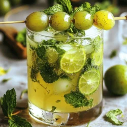 To make a tasty grape mojito, gather these key items: - 1 cup green seedless grapes, halved - 10 fresh mint leaves - 1 tablespoon sugar (or to taste) - 1 lime, juiced - 1 cup sparkling water - Ice cubes - Mint sprigs and grape skewers for garnish These ingredients create a fresh and fruity drink. The green grapes give a sweet and tart flavor. The mint adds a cool touch that balances the drink. You can add some optional ingredients to boost the flavor: - A splash of rum for a fun twist - A few slices of cucumber for a refreshing taste - A drizzle of honey if you like it sweeter Experimenting with these extras can make your grape mojito unique. You can find the right mix that you enjoy. To prepare your grape mojito, you will need: - A sturdy glass or cocktail shaker - A muddler or a wooden spoon - A knife and cutting board for slicing - Measuring spoons for precision Using the right tools makes the process easy and fun. You will get the best results with these items. Enjoy making your grape mojito! Start by gathering your ingredients. You need green seedless grapes, fresh mint leaves, sugar, and lime. In a sturdy glass or cocktail shaker, put the halved grapes and mint leaves. Add the sugar and lime juice. Use a muddler or the back of a spoon to press down gently. You want to release the juices from the grapes and the mint's fresh scent. Make sure to combine everything well. Next, fill your glass or shaker with ice cubes all the way to the top. Pour in the sparkling water over your muddled mix. This will add fizz and brighten the drink. Stir gently to blend all the flavors together. If you like it sweeter, taste and add a bit more sugar, then stir again. Now, it’s time to serve your grape mojito. Pour the mix into glasses, filling them halfway. Add more ice if you want it extra cold. Garnish with a sprig of mint and skewers of whole grapes. This makes your drink look fancy and fun. Enjoy your refreshing drink on a hot summer day as you sip and relax! For the complete recipe, check out the Full Recipe. Muddling grapes and mint is key to a great grape mojito. Start with fresh grapes. Use green seedless grapes for a light taste. Halve them to release more juice. Place them in a sturdy glass. Add mint leaves next. Gently press down on the mint with a muddler. This releases the mint's oils. Do not mash too hard. You only need to bruise the mint. Mix them with sugar and lime juice for a sweet twist. The right rum makes a big difference. Look for light or white rum. These rums have a mild taste. They blend well with the grapes and mint. Avoid dark rums, as they can overpower the drink. You want a rum that enhances flavors, not hides them. Brands like Bacardi or Malibu work well. They add a hint of sweetness that pairs nicely with grapes. You can add fun twists to your grape mojito. Try adding a splash of fruit juice. Pineapple or orange juice adds sweetness. For a spicy kick, add sliced jalapeños. They give a unique flavor that many enjoy. You can also swap grapes for different fruits. Strawberries or blackberries work great. Each fruit brings a new taste and color. Experiment to find your favorite blend! For the full recipe, check the link to ensure you create the perfect grape mojito. {{image_2}} You can make a red grape mojito for a fun twist. Use red seedless grapes instead of green. They give a richer color and sweet flavor. Just follow the same steps in the full recipe. You will enjoy a lovely drink that is both tasty and pretty. If you want a refreshing drink without alcohol, I have a great idea. Simply skip the rum. The mix of grapes, mint, and lime is still amazing. You can add a splash of fruit juice for extra flavor. This way, everyone can enjoy a grape mojito, no matter their age. Want to take your grape mojito to a new level? Add tropical fruits! Pineapple and mango work well. Just muddle them with the grapes and mint. These fruits add a sweet, bright touch. You can create a fun summer drink that transports you to a sunny beach. If you have leftover grape mojito mix, store it in the fridge. Find a clean jar or airtight container. Pour the mix in, making sure to seal it well. This keeps flavors fresh and tasty. Use it within a day or two for the best taste. To keep your ingredients fresh, store grapes in the fridge. Use a breathable bag to avoid moisture build-up. Mint leaves should also go in the fridge, wrapped in a damp paper towel. This helps them stay crisp. Keep lime juice in a sealed container too. Fresh is key for a great drink! Grapes can last up to a week when stored right. Mint leaves usually stay fresh for about three days. Lime juice can last up to a week in the fridge. If you notice any off smells or colors, throw them out. Fresh ingredients mean better grape mojitos every time! I love using green seedless grapes for a grape mojito. Their sweet and tangy flavor shines. Green grapes add a fresh taste that mixes well with mint and lime. You can also try red grapes if you want a bolder flavor. Just remember, the best grapes are firm and juicy. Yes, you can prepare a grape mojito mix in advance. Muddle the grapes and mint, then add lime juice and sugar. Keep this mix in the fridge for a few hours. When you're ready to serve, just add ice and sparkling water. This way, your drink stays fresh and bubbly. Grape mojitos pair nicely with light snacks. Think about fresh fruit, cheese, or a simple salad. They also go well with grilled chicken or fish. The mint and lime flavors in the drink enhance these dishes. You can even serve them with a light dessert, like fruit sorbet or a citrus tart. You can easily tweak the sweetness to your liking. Start with a tablespoon of sugar, then taste. If you want it sweeter, add more sugar. Just mix it well after each addition. You could also use honey or agave syrup for a different twist. Yes, using frozen grapes is a fun idea! They act as ice cubes and keep your drink cold. Plus, they add more grape flavor. Just muddle them gently, as they may be softer. This method also makes your drink look pretty and colorful. You can easily make a non-alcoholic grape mojito. Just skip the rum and stick to the grape mix, lime juice, and sparkling water. This version is refreshing and perfect for all ages. You can enjoy it on hot summer days without the alcohol. To make your grape mojito fruitier, add other fruits! You can mix in diced strawberries, blueberries, or even pineapple. Just muddle them with the grapes and mint. This adds layers of flavor and makes your drink even more delicious. While you can use bottled lime juice, fresh lime juice adds the best flavor. Fresh juice has a bright and zesty taste. If you use bottled juice, make sure it's 100% lime juice. This way, you still get that refreshing kick in your drink. Absolutely! Using sparkling grape juice is a great option. It adds a sweet touch without alcohol. This is perfect for kids or anyone not drinking alcohol. Just mix it in like you would with sparkling water for a delightful twist. The grape mojito is a fun drink to make at home. You now know the ingredients, tools, and steps to create it perfectly. Remember to choose the right grapes and rum for the best taste. Try the variations to find your favorite twist. Store any leftovers well to enjoy later. With these tips, you’ll impress your friends and family. Making drinks should feel easy and enjoyable. So gather your supplies and start mixing today!