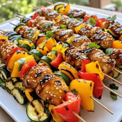 - 1 pound boneless, skinless chicken thighs, cut into 1-inch pieces - Marinade components: - 1/4 cup soy sauce - 1/4 cup honey - 2 tablespoons rice vinegar - 1 tablespoon sesame oil - 2 cloves garlic, minced - 1 teaspoon fresh ginger, grated - Additional veggies: - 1 red bell pepper, cut into 1-inch pieces - 1 yellow bell pepper, cut into 1-inch pieces - 1 zucchini, sliced into thick rounds - 1 teaspoon cornstarch mixed with 1 tablespoon water (for thickening) - Sesame seeds for garnish - Fresh cilantro for garnish - Bamboo skewers (soaked in water for 30 minutes) - Mixing bowl - Grill or grill pan When making teriyaki chicken skewers, I love to use boneless, skinless chicken thighs. They stay juicy and tender during cooking. The marinade brings rich flavor from the soy sauce, honey, and rice vinegar. Garlic and ginger add a lovely aroma. For the veggies, I prefer red and yellow bell peppers for color and sweetness. Zucchini adds texture and taste. You can choose any veggies you like, but these work well. If you want a thicker sauce, mix cornstarch with water. This step is optional. It makes the sauce richer and stickier. Don't forget to garnish your skewers with sesame seeds and fresh cilantro for a beautiful finish. You will need bamboo skewers for grilling. Soaking them prevents burning. Using a grill or grill pan gives that perfect char and flavor. For the complete method, check the Full Recipe. To start, you need a great marinade. In a medium mixing bowl, whisk together the following: - 1/4 cup soy sauce - 1/4 cup honey - 2 tablespoons rice vinegar - 1 tablespoon sesame oil - 2 cloves garlic, minced - 1 teaspoon fresh ginger, grated Mix these well to blend the flavors. This marinade gives the chicken its sweet and savory taste. Next, it’s time to marinate the chicken. Take 1 pound of boneless, skinless chicken thighs cut into 1-inch pieces. Add the chicken to the marinade. Make sure each piece is well-coated. Cover the bowl and put it in the refrigerator. Let it marinate for at least 30 minutes. For the best flavor, aim for 1-2 hours. Now, let’s prepare the skewers. You will need bamboo skewers, soaked in water for 30 minutes to prevent burning. Thread the marinated chicken pieces onto the skewers. Alternate the chicken with colorful veggies like: - 1-inch pieces of red bell pepper - 1-inch pieces of yellow bell pepper - Thick slices of zucchini This not only looks nice but also adds flavor. Preheat your grill or grill pan over medium-high heat. Place the skewers on the grill. Cook them for about 10-12 minutes. Turn them occasionally. Brush the skewers with any leftover marinade or a thicker sauce if you made it. Look for nice grill marks and ensure the chicken is cooked through. Remove the skewers from the grill. Let them rest for a few minutes. This helps keep them juicy. Enjoy your savory teriyaki chicken skewers! For a full recipe, check out the detailed steps above. To boost the taste of your teriyaki chicken skewers, consider adding a few spices. Try these options: - A pinch of black pepper for heat. - A dash of red pepper flakes for spice. - Fresh herbs like basil or green onion for freshness. You can also mix up your marinade by adding orange juice for zest or miso paste for depth. These small changes make a big difference in flavor. To keep your chicken juicy, avoid overcooking it. Use a meat thermometer. Aim for an internal temperature of 165°F. Keep an eye on the grill and turn the skewers regularly. This helps cook the chicken evenly. If you use chicken thighs, they stay moist better than chicken breasts. Always let the skewers rest a few minutes after grilling. This extra time helps seal in the juices. Serving your skewers well makes the meal more fun. Here are some ideas: - Use a large platter to display the skewers. - Drizzle any leftover teriyaki sauce over the top. - Sprinkle extra sesame seeds and chopped cilantro for color. You can also add slices of lime or lemon for a pop of color. These garnishes make your dish look inviting and delicious. {{image_2}} You can make your skewers even better by adding veggies. I love using mushrooms or onions. They soak up the teriyaki sauce and add great flavor. You can slice onions into rings or quarters. For mushrooms, use whole baby ones or cut larger ones in half. Adding colorful veggies makes the dish look nice, too! Chicken is great, but you can switch it up. Try beef, shrimp, or tofu instead. Beef works well with the teriyaki sauce. Cut it into small pieces like the chicken. Shrimp cooks fast, so watch it closely on the grill. For a veggie option, use firm tofu. Press it to remove extra water, then cut it into cubes. Each protein brings a new taste. Explore new flavors by changing the marinade. You might try adding citrus for a fresh twist. Lime or orange juice adds a zesty kick. If you like heat, add some chili flakes or sriracha. Mixing up the marinade can give you many options. Each change makes the skewers unique and fun to eat. For the full recipe, check out the section on ingredients. To keep your leftover teriyaki chicken skewers tasty, store them properly. First, let them cool down after grilling. Place the skewers in an airtight container. You can keep them in the refrigerator for up to three days. If you want to save them longer, freeze the skewers. Wrap them tightly in plastic wrap or foil. Then, place them in a freezer-safe bag. They will stay fresh for up to three months. Reheating skewers can be tricky. You want to keep the flavor and texture. The best method is to use the oven. Preheat the oven to 350°F (175°C). Place the skewers on a baking sheet. Cover them with foil to keep them moist. Heat for about 10-15 minutes. You can also reheat them in a skillet. Add a little water or broth to keep them from drying out. Heat over medium-low heat for about 5-7 minutes, turning often. Meal prep can make cooking easy. You can make teriyaki chicken skewers ahead of time. Start by marinating the chicken. You can do this the night before. Cut the veggies and keep them in the fridge. On grilling day, just thread the marinated chicken and veggies onto skewers. This saves time and makes meal planning a breeze. You can also make extra skewers to have for lunch or dinner later. Just follow the storage tips above. To make teriyaki sauce, you need a few simple ingredients. Mix together: - 1/4 cup soy sauce - 1/4 cup honey - 2 tablespoons rice vinegar - 1 tablespoon sesame oil - 2 cloves garlic, minced - 1 teaspoon fresh ginger, grated Whisk these together in a bowl. If you want it thicker, add 1 teaspoon cornstarch mixed with 1 tablespoon water. Heat this mixture in a saucepan until it thickens. Your homemade teriyaki sauce is ready! Yes! You can use many meats for skewers. Chicken is great, but beef, pork, or shrimp also work well. If you want a lighter option, try tofu or fish. Each meat brings its own flavor. Just make sure to adjust the cooking time based on what you choose. Soak bamboo skewers in water for at least 30 minutes. This step helps prevent the skewers from burning on the grill. Place them in a bowl and cover with water. You can also weigh them down with a plate to keep them submerged. This simple tip leads to better-grilled skewers! Marinate chicken for at least 30 minutes. However, for the best flavor, aim for 1-2 hours. The longer the chicken sits, the more flavor it absorbs. Just remember to keep it in the fridge while it marinates. This will help keep the chicken safe to eat. For the full recipe, check out the Teriyaki Chicken Skewers section. Teriyaki chicken skewers are easy and fun to make. We covered the main ingredients, from chicken to veggies. You learned how to prepare the marinade and grill for perfect marks. Don't forget the tips to avoid dry chicken and impress with your presentation. You can also play with variations, using different proteins or marinades. Save leftovers correctly for later. Enjoy cooking and sharing this delicious dish!