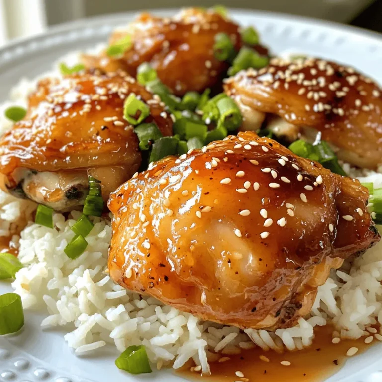 To make this dish, you need key ingredients: - 1 pound boneless, skinless chicken thighs or breasts, cut into bite-sized pieces - 1/4 cup honey - 1/4 cup soy sauce (low sodium recommended) - 3 cloves garlic, minced - 1 tablespoon fresh ginger, grated - 1 tablespoon olive oil - 1 teaspoon sesame oil - 1/2 teaspoon black pepper - 1/2 teaspoon red pepper flakes (optional, for heat) - 2 green onions, chopped (for garnish) - 1 tablespoon sesame seeds (for garnish) - Cooked rice or quinoa, for serving These items create a sweet and savory flavor. The honey adds sweetness, while the soy sauce gives a salty kick. The garlic and ginger bring warmth and depth to the dish. You can add some optional ingredients to give your dish a twist: - Red pepper flakes for heat - Additional vegetables like bell peppers or broccoli - Fresh herbs like cilantro or parsley for garnish These options can change the taste and texture. Adding veggies can also boost the nutrition of your meal. If you don’t have certain items, here are some substitutions: - Maple syrup for honey - Tamari for soy sauce (gluten-free) - Chicken broth instead of soy sauce for less salt - Ground ginger for fresh ginger These swaps work well and keep the dish delicious. Don't hesitate to get creative with what you have on hand. You can find the full recipe for 30 Minute Honey Garlic Chicken to guide your cooking adventure! First, gather all your ingredients. You need 1 pound of chicken, honey, soy sauce, garlic, ginger, olive oil, sesame oil, black pepper, and optional red pepper flakes. Chop the chicken into bite-sized pieces. Mince the garlic and grate the ginger. This makes cooking faster and easier. Next, in a bowl, mix the honey, soy sauce, garlic, ginger, black pepper, and red pepper flakes. Whisk until blended. Set this sauce aside for later. Now, heat olive oil and sesame oil in a large skillet over medium-high heat. Wait for the oil to become hot. Add the chicken pieces and cook for 5 to 7 minutes. Stir occasionally until the chicken is browned and fully cooked. Once the chicken is done, pour the honey garlic sauce over it. Stir well to coat the chicken evenly. Let the sauce simmer for 3 to 5 minutes. This helps it thicken. Stir occasionally to stop it from sticking. When the sauce is thick, remove it from heat. Serve the honey garlic chicken over cooked rice or quinoa. Garnish with chopped green onions and sesame seeds for extra flavor. To get juicy, tender chicken, don't overcook it. Use a meat thermometer; chicken should reach 165°F for safety. Let the chicken rest for a few minutes before serving. This keeps it moist. If you want a crispier texture, sear the chicken longer before adding the sauce. You can also use chicken thighs for more flavor. They stay moist and tender during cooking. For the best presentation, arrange the chicken on a platter. Drizzle any remaining sauce over the top and scatter green onions and sesame seeds. This makes your dish look as good as it tastes! For the full recipe, check out the [Full Recipe]. To get the best glaze for your honey garlic chicken, focus on the sauce. The key is to let it simmer. After adding the sauce to the chicken, cook it for 3-5 minutes. This allows the sauce to thicken. Stir it often to keep it from sticking. A good glaze should coat the chicken well and shine. If you want extra sweetness, add a bit more honey. For a kick, toss in more red pepper flakes. Using the right tools makes cooking easier. A large skillet is perfect for this dish. I recommend a non-stick skillet to avoid sticking. It helps the chicken brown nicely. You’ll also need a whisk for mixing the sauce. A cutting board and a good knife are a must for prepping the chicken. If you have them, use measuring cups for accuracy. This helps you get the right amounts for the recipe. Timing is key when making this dish. Start by prepping your ingredients first. Cut the chicken and mince the garlic. This saves time when you start cooking. Heat the oils before adding the chicken. It helps the chicken cook faster. Cook the chicken for about 5-7 minutes. Make sure it turns golden brown. Adding the sauce after that keeps your meal quick. With practice, you'll master the timing for a perfect dish every time. For the full recipe, refer back to the main article. {{image_2}} To add some heat, try a spicy version. Add more red pepper flakes to your sauce. You can also mix in some chopped jalapeños or sriracha. This gives the dish a nice kick. Adjust the spice level to your taste. Don’t be afraid to experiment! For a balanced meal, add vegetables. Broccoli, bell peppers, and snap peas work great. Just toss them in the skillet with the chicken. They will cook quickly and soak up the sauce. This adds color and nutrients to your dish. You’ll love the crunch and freshness! Not in the mood for chicken? You can use shrimp or tofu instead. Both options work well with the honey garlic sauce. Cook shrimp until pink or tofu until golden. These alternatives keep the meal tasty and fun. You can enjoy this dish in many ways! Check out the Full Recipe for more details on preparation and cooking. To store leftover honey garlic chicken, let it cool first. Place it in an airtight container. Make sure to cover it tightly. You can keep it in the fridge for up to four days. This way, the flavors stay fresh, and the chicken remains moist. When you reheat honey garlic chicken, the goal is to keep it juicy. Use the microwave for quick heating. Place the chicken on a plate, cover it with a damp paper towel, and heat for 1-2 minutes. If you want to use the stove, heat a skillet over medium heat. Add a splash of water or extra sauce, then warm the chicken for about five minutes. Stir it often to avoid burning. If you want to freeze honey garlic chicken, first cool it completely. Portion it into freezer-safe bags or containers. Remove as much air as possible from the bags. You can freeze it for up to three months. When ready to enjoy, thaw it in the fridge overnight. Reheat it as described above for the best taste and texture. If you need a quick meal, this method works wonders! For the full recipe, check the earlier section, and enjoy your cooking! To add spice, use red pepper flakes. Start with 1/2 teaspoon. You can add more if you like heat. Another option is to use a spicy sauce. Sriracha works well here. Mix it into the honey garlic sauce. Adjust the amount to fit your taste. Yes, you can use chicken breasts. They will cook faster than thighs. Cut them into small pieces for even cooking. Keep an eye on them to avoid dryness. Thighs add more flavor due to their fat content. Breasts are leaner but still tasty in this dish. White rice or quinoa pairs well with honey garlic chicken. They soak up the sauce for added flavor. You can also serve it with steamed vegetables. Broccoli or snaps peas add color and crunch. A simple green salad makes a fresh side too. For the full recipe, refer to the earlier section. This blog post covered easy recipes and tips for making honey garlic chicken. We explored key ingredients, step-by-step cooking, and creative variations. You learned how to store and reheat your meal. In conclusion, with simple steps and a few tips, you can enjoy a tasty dish. Customize it to suit your taste and impress your friends. Enjoy your honey garlic chicken!