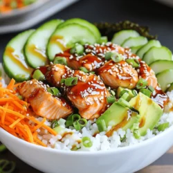 - 1 lb fresh salmon fillet, skinless and boneless - 1/2 cup teriyaki sauce (store-bought or homemade) - 2 cups sushi rice - 2 1/2 cups water - 1/4 cup rice vinegar - 2 tablespoons sugar - 1 teaspoon salt - 1 avocado, sliced - 1 cucumber, julienned - 1 carrot, shredded - 2 green onions, chopped - Sesame seeds for garnish - Nori sheets, cut into strips, for garnish (optional) The teriyaki salmon sushi bowl is a fun dish packed with flavor. Each ingredient serves a purpose. The salmon offers rich, omega-3 fats. Teriyaki sauce adds sweetness and umami. Sushi rice provides a sticky base. Rice vinegar balances the flavors with its tang. The fresh veggies keep your bowl light and crunchy. Avocado brings creaminess and healthy fats. Cucumber adds a crisp bite. Carrot brings color and sweetness. Green onions give a hint of spice and freshness. Using sesame seeds and nori sheets for garnish adds a nice touch. This bowl not only tastes good, but it also looks beautiful. - Each serving contains around 400 calories. - It has about 25 grams of protein. - Healthy fats from salmon and avocado help support heart health. - The dish is high in omega-3 fatty acids, which are great for your brain. With these ingredients, you get a meal that's not just tasty but also good for you. You can find the full recipe to make this delicious dish at home! To start, you need to marinate the salmon. Place the salmon fillet in a bowl. Pour the teriyaki sauce over it. Make sure the fish is fully covered. Let it sit in the fridge for at least 30 minutes. This time helps the salmon soak up flavors. For extra taste, you can add minced garlic or ginger to the sauce. Next, prepare the sushi rice. First, rinse the rice under cold water. Do this until the water runs clear. This step removes excess starch and makes the rice less sticky. In a saucepan, combine the rice and 2 1/2 cups of water. Bring it to a boil. Once boiling, reduce the heat to low. Cover the pot and let it simmer for 15 minutes. After that, remove from heat and let it sit for 10 more minutes. Now, you can season the rice. Mix rice vinegar, sugar, and salt in a small bowl until dissolved. Gently fold this into the rice. Now it's time to cook the salmon. You can grill or pan-sear it. Preheat the grill or a skillet over medium heat. Remove the salmon from the marinade, letting the excess drip off. If grilling, cook for about 4-5 minutes per side. For pan-searing, add a bit of oil to the skillet. Cook for the same time until the fish flakes easily. After cooking, cut the salmon into bite-sized pieces. Finally, it's time to assemble your sushi bowl. Start with a base of sushi rice at the bottom of the bowl. Next, add the teriyaki salmon pieces on top. Then, layer the sliced avocado, julienned cucumber, and shredded carrot. This makes the bowl colorful and appealing. For the best taste, sprinkle chopped green onions and sesame seeds over it. If you like, add strips of nori for extra crunch. For the full recipe, check out the detailed instructions above. To keep your teriyaki salmon sushi bowl fresh, store it properly. Use airtight containers to avoid spoilage. Check that the bowl cools to room temperature before sealing. This helps prevent condensation, which can make the rice mushy. For best results, store the salmon, rice, and veggies separately. This way, they stay fresh longer. You can keep the salmon for up to 3 days in the fridge. The rice lasts about 4 days. Use glass containers for a better seal and easy reheating. Feel free to make this bowl your own. If you want a different protein, try grilled chicken or tofu. Both options work well with teriyaki sauce. You can also add cooked shrimp for a seafood twist. For veggies, switch cucumber for bell peppers or add radishes for crunch. You can also toss in edamame for extra protein. Want more flavor? Top with pickled ginger or a drizzle of sriracha. Cooking sushi rice can be tricky. First, rinse the rice well. This removes excess starch and helps keep the grains separate. Use a fine-mesh strainer for this step. When cooking, follow the water-to-rice ratio closely. Use a rice cooker if you have one; it helps avoid overcooking. If you use a pot, keep it covered and don’t lift the lid during cooking. Let the rice sit covered after cooking for 10 minutes to steam and finish cooking. For added flavor, mix in a bit of rice vinegar and sugar after cooking. This gives the rice a nice taste that complements the salmon. {{image_2}} If you want a vegetarian version, try using tofu or tempeh instead of salmon. Both options absorb flavors well and provide protein. For tofu, use firm or extra-firm. Press it to remove excess water. Cut it into cubes, then marinate it in teriyaki sauce. Cook it in a pan until golden brown. Tempeh has a nutty flavor. Slice it thin and cook it in the same way. Both options work great in a sushi bowl. Want to spice things up? Add a kick with spicy mayo or sriracha. Mix mayonnaise with sriracha for a creamy topping. Drizzle it over the teriyaki salmon before serving. You can also add jalapeños or red pepper flakes for extra heat. If you like crunch, add spicy pickled radishes. They brighten the dish and add flavor. If you're looking to skip grains, use quinoa or cauliflower rice. Quinoa is packed with protein and has a nutty taste. Cook it like rice, using a 2:1 water ratio. Cauliflower rice is a low-carb option. Simply pulse cauliflower florets in a food processor until they look like rice. Then, sauté it lightly with a bit of olive oil. Both alternatives work well as a base for your teriyaki salmon sushi bowl. You’ll still enjoy great flavors and textures. For the full recipe, check the earlier sections. You can store your teriyaki salmon sushi bowls in two ways. If you want to keep them fresh, store the assembled bowls in airtight containers. They will stay good for up to two days. If you prefer to keep the individual components separate, place the salmon, rice, and veggies in their own containers. This helps maintain their texture and flavor. Yes, you can freeze the teriyaki salmon and rice. To freeze, make sure the salmon is cool. Place it in a freezer-safe bag, press out the air, and seal it tightly. The sushi rice can also go in a freezer-safe container. When you want to eat it, thaw the salmon in the fridge overnight. Reheat the rice gently in the microwave or on the stove with a splash of water to keep it moist. Enjoy your meal! You can make teriyaki sauce at home with just a few ingredients. Here’s a simple recipe: - 1/4 cup soy sauce - 1/4 cup water - 2 tablespoons sugar - 1 tablespoon rice vinegar - 1 teaspoon cornstarch (optional, for thickening) 1. Mix soy sauce, water, and sugar in a small pot over medium heat. 2. Stir until the sugar dissolves. 3. Add rice vinegar and stir. 4. If you want a thicker sauce, mix cornstarch with a little water and add it to the pot. 5. Cook until the sauce thickens, about 2-3 minutes. This homemade teriyaki sauce works great for your salmon sushi bowl. You can adjust the sweetness or saltiness to fit your taste. Yes, you can use frozen salmon. Here’s how to thaw and cook it: 1. Thawing: Place the frozen salmon in the fridge overnight. If you’re short on time, seal it in a bag and submerge it in cold water for about an hour. 2. Cooking: Once thawed, pat the salmon dry with a paper towel. This helps the teriyaki sauce stick better. Cook the salmon as usual, marinating it first for flavor. Using frozen salmon is convenient and can still taste fresh when cooked properly. The best type of sushi rice is short-grain rice. Here’s why it matters: - Texture: Short-grain rice is sticky, making it easier to form into sushi or to serve in bowls. - Flavor: It has a slightly sweet flavor that complements the teriyaki sauce. - Absorption: Short-grain rice absorbs water well, creating the perfect base for your sushi bowl. Look for rice labeled "sushi rice" or "Japanese rice" in stores. To make this teriyaki salmon sushi bowl gluten-free, follow these tips: - Teriyaki Sauce: Use gluten-free soy sauce or tamari instead of regular soy sauce. - Rice: Sushi rice is naturally gluten-free, so you can use it without worry. - Other Ingredients: Ensure that all toppings, like the nori sheets and vegetables, are gluten-free. These swaps make your meal delicious and safe for gluten-sensitive diets. Enjoy your flavorful meal with peace of mind! To create a delicious teriyaki salmon bowl, we covered key ingredients, steps, and tips. We learned how to marinate the salmon to enhance flavor and cook sushi rice perfectly. I shared how to assemble the bowl visually and tastefully. You now know how to customize it, store leftovers, and even create variations like vegetarian options. With these tips, you can enjoy a fresh, healthy meal anytime. Cooking at home is rewarding, and you can always make it your own!