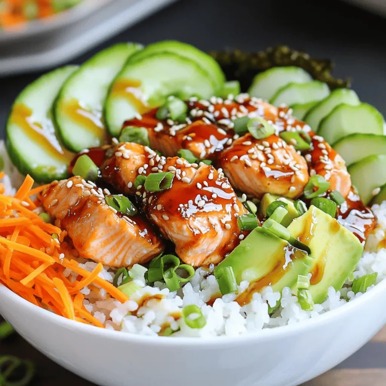 - 1 lb fresh salmon fillet, skinless and boneless - 1/2 cup teriyaki sauce (store-bought or homemade) - 2 cups sushi rice - 2 1/2 cups water - 1/4 cup rice vinegar - 2 tablespoons sugar - 1 teaspoon salt - 1 avocado, sliced - 1 cucumber, julienned - 1 carrot, shredded - 2 green onions, chopped - Sesame seeds for garnish - Nori sheets, cut into strips, for garnish (optional) The teriyaki salmon sushi bowl is a fun dish packed with flavor. Each ingredient serves a purpose. The salmon offers rich, omega-3 fats. Teriyaki sauce adds sweetness and umami. Sushi rice provides a sticky base. Rice vinegar balances the flavors with its tang. The fresh veggies keep your bowl light and crunchy. Avocado brings creaminess and healthy fats. Cucumber adds a crisp bite. Carrot brings color and sweetness. Green onions give a hint of spice and freshness. Using sesame seeds and nori sheets for garnish adds a nice touch. This bowl not only tastes good, but it also looks beautiful. - Each serving contains around 400 calories. - It has about 25 grams of protein. - Healthy fats from salmon and avocado help support heart health. - The dish is high in omega-3 fatty acids, which are great for your brain. With these ingredients, you get a meal that's not just tasty but also good for you. You can find the full recipe to make this delicious dish at home! To start, you need to marinate the salmon. Place the salmon fillet in a bowl. Pour the teriyaki sauce over it. Make sure the fish is fully covered. Let it sit in the fridge for at least 30 minutes. This time helps the salmon soak up flavors. For extra taste, you can add minced garlic or ginger to the sauce. Next, prepare the sushi rice. First, rinse the rice under cold water. Do this until the water runs clear. This step removes excess starch and makes the rice less sticky. In a saucepan, combine the rice and 2 1/2 cups of water. Bring it to a boil. Once boiling, reduce the heat to low. Cover the pot and let it simmer for 15 minutes. After that, remove from heat and let it sit for 10 more minutes. Now, you can season the rice. Mix rice vinegar, sugar, and salt in a small bowl until dissolved. Gently fold this into the rice. Now it's time to cook the salmon. You can grill or pan-sear it. Preheat the grill or a skillet over medium heat. Remove the salmon from the marinade, letting the excess drip off. If grilling, cook for about 4-5 minutes per side. For pan-searing, add a bit of oil to the skillet. Cook for the same time until the fish flakes easily. After cooking, cut the salmon into bite-sized pieces. Finally, it's time to assemble your sushi bowl. Start with a base of sushi rice at the bottom of the bowl. Next, add the teriyaki salmon pieces on top. Then, layer the sliced avocado, julienned cucumber, and shredded carrot. This makes the bowl colorful and appealing. For the best taste, sprinkle chopped green onions and sesame seeds over it. If you like, add strips of nori for extra crunch. For the full recipe, check out the detailed instructions above. To keep your teriyaki salmon sushi bowl fresh, store it properly. Use airtight containers to avoid spoilage. Check that the bowl cools to room temperature before sealing. This helps prevent condensation, which can make the rice mushy. For best results, store the salmon, rice, and veggies separately. This way, they stay fresh longer. You can keep the salmon for up to 3 days in the fridge. The rice lasts about 4 days. Use glass containers for a better seal and easy reheating. Feel free to make this bowl your own. If you want a different protein, try grilled chicken or tofu. Both options work well with teriyaki sauce. You can also add cooked shrimp for a seafood twist. For veggies, switch cucumber for bell peppers or add radishes for crunch. You can also toss in edamame for extra protein. Want more flavor? Top with pickled ginger or a drizzle of sriracha. Cooking sushi rice can be tricky. First, rinse the rice well. This removes excess starch and helps keep the grains separate. Use a fine-mesh strainer for this step. When cooking, follow the water-to-rice ratio closely. Use a rice cooker if you have one; it helps avoid overcooking. If you use a pot, keep it covered and don’t lift the lid during cooking. Let the rice sit covered after cooking for 10 minutes to steam and finish cooking. For added flavor, mix in a bit of rice vinegar and sugar after cooking. This gives the rice a nice taste that complements the salmon. {{image_2}} If you want a vegetarian version, try using tofu or tempeh instead of salmon. Both options absorb flavors well and provide protein. For tofu, use firm or extra-firm. Press it to remove excess water. Cut it into cubes, then marinate it in teriyaki sauce. Cook it in a pan until golden brown. Tempeh has a nutty flavor. Slice it thin and cook it in the same way. Both options work great in a sushi bowl. Want to spice things up? Add a kick with spicy mayo or sriracha. Mix mayonnaise with sriracha for a creamy topping. Drizzle it over the teriyaki salmon before serving. You can also add jalapeños or red pepper flakes for extra heat. If you like crunch, add spicy pickled radishes. They brighten the dish and add flavor. If you're looking to skip grains, use quinoa or cauliflower rice. Quinoa is packed with protein and has a nutty taste. Cook it like rice, using a 2:1 water ratio. Cauliflower rice is a low-carb option. Simply pulse cauliflower florets in a food processor until they look like rice. Then, sauté it lightly with a bit of olive oil. Both alternatives work well as a base for your teriyaki salmon sushi bowl. You’ll still enjoy great flavors and textures. For the full recipe, check the earlier sections. You can store your teriyaki salmon sushi bowls in two ways. If you want to keep them fresh, store the assembled bowls in airtight containers. They will stay good for up to two days. If you prefer to keep the individual components separate, place the salmon, rice, and veggies in their own containers. This helps maintain their texture and flavor. Yes, you can freeze the teriyaki salmon and rice. To freeze, make sure the salmon is cool. Place it in a freezer-safe bag, press out the air, and seal it tightly. The sushi rice can also go in a freezer-safe container. When you want to eat it, thaw the salmon in the fridge overnight. Reheat the rice gently in the microwave or on the stove with a splash of water to keep it moist. Enjoy your meal! You can make teriyaki sauce at home with just a few ingredients. Here’s a simple recipe: - 1/4 cup soy sauce - 1/4 cup water - 2 tablespoons sugar - 1 tablespoon rice vinegar - 1 teaspoon cornstarch (optional, for thickening) 1. Mix soy sauce, water, and sugar in a small pot over medium heat. 2. Stir until the sugar dissolves. 3. Add rice vinegar and stir. 4. If you want a thicker sauce, mix cornstarch with a little water and add it to the pot. 5. Cook until the sauce thickens, about 2-3 minutes. This homemade teriyaki sauce works great for your salmon sushi bowl. You can adjust the sweetness or saltiness to fit your taste. Yes, you can use frozen salmon. Here’s how to thaw and cook it: 1. Thawing: Place the frozen salmon in the fridge overnight. If you’re short on time, seal it in a bag and submerge it in cold water for about an hour. 2. Cooking: Once thawed, pat the salmon dry with a paper towel. This helps the teriyaki sauce stick better. Cook the salmon as usual, marinating it first for flavor. Using frozen salmon is convenient and can still taste fresh when cooked properly. The best type of sushi rice is short-grain rice. Here’s why it matters: - Texture: Short-grain rice is sticky, making it easier to form into sushi or to serve in bowls. - Flavor: It has a slightly sweet flavor that complements the teriyaki sauce. - Absorption: Short-grain rice absorbs water well, creating the perfect base for your sushi bowl. Look for rice labeled "sushi rice" or "Japanese rice" in stores. To make this teriyaki salmon sushi bowl gluten-free, follow these tips: - Teriyaki Sauce: Use gluten-free soy sauce or tamari instead of regular soy sauce. - Rice: Sushi rice is naturally gluten-free, so you can use it without worry. - Other Ingredients: Ensure that all toppings, like the nori sheets and vegetables, are gluten-free. These swaps make your meal delicious and safe for gluten-sensitive diets. Enjoy your flavorful meal with peace of mind! To create a delicious teriyaki salmon bowl, we covered key ingredients, steps, and tips. We learned how to marinate the salmon to enhance flavor and cook sushi rice perfectly. I shared how to assemble the bowl visually and tastefully. You now know how to customize it, store leftovers, and even create variations like vegetarian options. With these tips, you can enjoy a fresh, healthy meal anytime. Cooking at home is rewarding, and you can always make it your own!