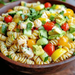 - 8 oz rotini pasta - 1 cup cooked crab meat (lump or claw) - 1 ripe avocado, diced - 1 cup cherry tomatoes, halved - 1/2 cucumber, diced - 1/4 red onion, finely chopped - 1/4 cup fresh cilantro, chopped - 3 tablespoons lemon juice - 2 tablespoons olive oil - Salt and pepper to taste - Optional: 1/4 teaspoon cayenne pepper For this pasta salad, I use rotini pasta. It holds the dressing well, making each bite tasty. You need crab meat for a sweet, fresh flavor. I love using lump or claw meat. Diced avocado adds creaminess, while cherry tomatoes bring color and sweetness. The cucumber adds a nice crunch. I always include red onion for a bit of bite and fresh cilantro for a burst of flavor. For the dressing, lemon juice gives a zesty touch and olive oil adds richness. I like to season with salt and pepper. If you want a little heat, add cayenne pepper. This blend of fresh ingredients creates a bright and refreshing taste. If you want the full details, check out the Full Recipe. To boil rotini pasta, start by filling a large pot with water. Add a good amount of salt to the water. Bring the water to a rolling boil. Add the rotini pasta. Cook it for about 8 to 10 minutes. You want it to be al dente, which means it should still be firm when you bite it. Once done, drain the pasta in a colander. Rinse the pasta under cold water. This helps cool it down and stop the cooking process. Next, let’s prepare the dressing. In a small bowl, add 3 tablespoons of lemon juice. Pour in 2 tablespoons of olive oil. Whisk these two together until they blend well. Now, season with salt and pepper to taste. If you like some heat, add a pinch of cayenne pepper. Mix it all together until it’s smooth. Now comes the fun part—assembling the salad! In a large mixing bowl, combine the cooled pasta, 1 cup of cooked crab meat, and 1 diced avocado. Add in 1 cup of halved cherry tomatoes, 1/2 diced cucumber, 1/4 finely chopped red onion, and 1/4 cup of chopped fresh cilantro. Pour the dressing over the top. Gently toss everything together. Be careful not to mash the avocado. This salad is fresh and colorful, making it a joy to prepare. For the complete recipe, check out the Full Recipe. To make the best pasta salad, cook your pasta until it is al dente. This means it should be firm but not hard. When you bite into it, it should have a slight chew. If you overcook it, the pasta will turn mushy, which is not what you want. After cooking, rinse the pasta under cold water. This cools it down and stops the cooking process. Chilling the salad is also key. Let it sit in the fridge for at least 30 minutes. This time allows the flavors to mix and become stronger. When serving pasta salad, use a large bowl to show off its colors. You can also serve it in individual bowls or plates for a nice touch. This salad pairs well with grilled chicken or fish. A light white wine goes perfectly too. If you want to add some crunch, serve it with toasted bread or a fresh green salad. You can also offer a zesty dressing on the side for extra flavor. For more ideas, check out the Full Recipe of Crab & Avocado Delight Pasta Salad. {{image_2}} You can switch up the crab meat for other options. If you want to keep it light, try shrimp or cooked chicken. Canned tuna also makes a great choice. Each adds a unique taste without losing the joy of the salad. You can also mix in more veggies. Bell peppers add crunch and sweetness. Spinach or kale provides nice greens. Try adding corn for sweetness, or artichokes for a tangy twist. These substitutions keep the salad fresh and exciting. Herbs and spices can take your pasta salad to new heights. Fresh dill or basil add a lovely aroma and taste. Chives offer a mild onion flavor that pairs well with crab. Don't be shy to sprinkle in some black pepper or garlic powder for extra kick. Changing the dressing gives you a chance to explore flavors. A creamy ranch or tangy vinaigrette can add a whole new vibe. Try a spicy sriracha dressing for a bit of heat. These flavor enhancements can transform your dish. You can find the full recipe for my Crab & Avocado Delight Pasta Salad [here](#). To keep your crab pasta salad fresh, place it in an airtight container. This helps prevent moisture loss and keeps flavors intact. Make sure to refrigerate it right after serving. Your pasta salad will stay fresh for about three days in the fridge. If you notice the avocado turning brown, it’s still safe to eat but may not look as nice. Can you freeze pasta salad? Technically, yes, but it’s not the best idea. Freezing can change the texture of the pasta and vegetables. You may end up with a mushy salad once thawed. If you decide to freeze it, use a freezer-safe container. When you’re ready to eat, thaw it in the fridge overnight. Serve it cold for the best taste. You can use different types of crab in your salad. Lump crab meat is popular for its rich flavor and texture. Claw meat also works well and tends to be more affordable. You might even try imitation crab if you're on a budget. Just ensure any crab you choose is fresh and well-cooked for the best taste. Yes, you can make pasta salad ahead of time. It's a great option for meal prep. Just follow the full recipe and store the salad in the fridge. It tastes best after chilling for an hour or more. This waiting time helps the flavors mix well. Keep it covered to prevent it from drying out. While pasta salad is often served cold, you can enjoy it warm too. If you prefer warm pasta salad, serve it right after you mix in the dressing. Just be careful not to overheat the crab. It can become tough if cooked too long. This pasta salad pairs nicely with grilled veggies or a light soup. You could serve it with crusty bread for a simple meal. A mixed green salad also makes a great side. If you want something special, add a glass of crisp white wine. Enjoy the burst of flavors together! This pasta salad combines tasty ingredients like crab, avocado, and fresh veggies. You learned how to cook rotini perfectly, make a simple dressing, and assemble it all. Use tips to chill your salad and ensure the pasta is al dente. Don’t forget the variations to suit your taste. You can even store leftovers or freeze any extra. This dish is not only easy to make, but it also works for any meal. Enjoy your fresh and flavorful crab pasta salad!