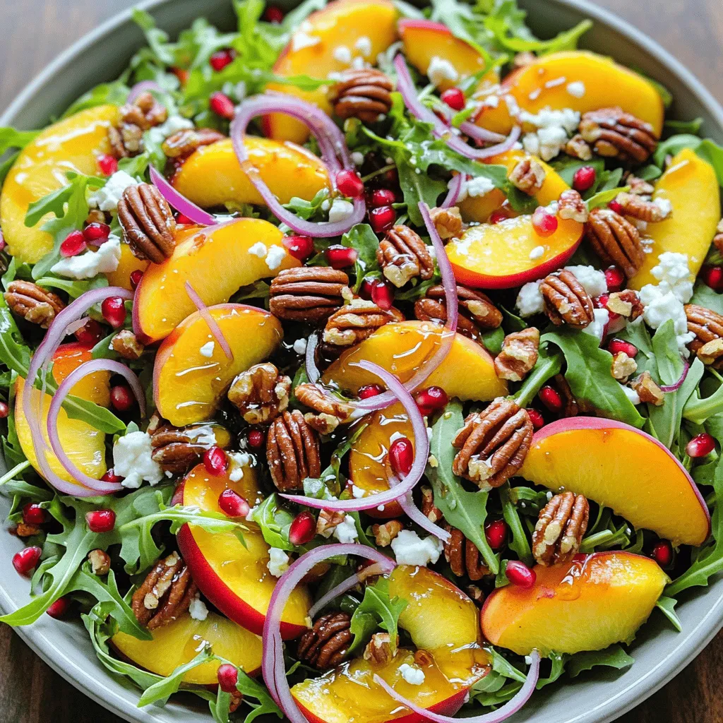 To make Millionaire Peach Salad, gather these fresh items: - 4 ripe peaches, sliced - 1 cup arugula or baby spinach - 1 cup mixed greens - 1/2 cup crumbled feta cheese - 1/3 cup candied pecans - 1/4 cup red onion, thinly sliced - 1/4 cup pomegranate seeds - 3 tablespoons olive oil - 2 tablespoons balsamic vinegar - 1 tablespoon honey - Salt and pepper to taste You will need a few simple tools: - A large salad bowl - A small bowl for the dressing - A whisk for mixing - A sharp knife for slicing - A cutting board for prep For the best taste, I recommend these brands: - Look for fresh, ripe peaches from local farmers' markets. - Use organic arugula or baby spinach for better flavor. - Choose high-quality feta cheese, like French or Greek brands. - For candied pecans, check out brands that use natural sugars. - Select a good olive oil, like extra virgin, for its rich taste. - For balsamic vinegar, opt for a brand aged for depth and sweetness. Finding these ingredients makes your salad truly shine. Each bite bursts with flavor and freshness. You can check the Full Recipe for more details on preparation! Start by washing your peaches. Make sure they are ripe and firm. Slice them into wedges. Place the slices aside for now. Next, gather your greens. You can use arugula or baby spinach. Mix them with your choice of mixed greens. The greens add a fresh taste to the salad. In a big salad bowl, add the greens first. Then, gently fold in the peach slices. Spread them out evenly for the best flavor. Now, sprinkle the crumbled feta cheese over the salad. It adds a creamy touch that pairs well with the peaches. Next, add the candied pecans for a sweet crunch. Thinly slice the red onion and add it in too. Finally, scatter the pomegranate seeds on top. They add color and a burst of flavor. To create the dressing, grab a small bowl. Whisk together the olive oil, balsamic vinegar, and honey. Add salt and pepper to taste. Mix until everything is combined well. Drizzle this dressing over the salad just before you serve. Toss gently to coat all the ingredients. This step ensures each bite is flavorful. Enjoy your fresh and tasty Millionaire Peach Salad! For complete instructions, check the Full Recipe. When picking peaches, look for a few signs. Choose peaches that feel slightly soft but not mushy. The skin should have a rich color. A sweet aroma is also a good sign of ripeness. Avoid peaches with dark spots or wrinkles. These may indicate over-ripeness or poor quality. Ripe peaches make the salad taste fresh and sweet. Tossing a salad well ensures every bite is tasty. Use clean hands or salad tongs to mix. Start with the greens and gently fold in the toppings. Avoid smashing the peaches; they can bruise easily. Serve the salad in a large, shallow bowl. This makes it look beautiful and easy to serve. Drizzle dressing just before serving to keep greens crisp. To make the Millionaire Peach Salad even better, try some extras. Fresh herbs like mint or basil can add a new twist. A squeeze of lemon juice can brighten flavors. For a spicy kick, add sliced jalapeños or red pepper flakes. You can also swap the feta for goat cheese for a tangy taste. Mixing flavors keeps the salad exciting and fresh. For the full recipe, check out the details above! {{image_2}} You can easily switch out some ingredients to match the seasons. In summer, use fresh berries instead of pomegranate seeds. They add a nice sweetness. In fall, consider adding sliced apples or pears for a crisp texture. You can also replace arugula with kale during the winter months. Kale holds up well and adds a hearty flavor. Making this salad vegan is simple. Just skip the feta cheese or use a plant-based version. For a gluten-free option, ensure your nuts and dressings are certified gluten-free. This salad is already gluten-free as written, which makes it a great choice for many diets. Looking to add a twist? Try including grilled chicken or shrimp for protein. You can also toss in some fresh herbs like basil or mint for extra flavor. If you want more crunch, add sliced radishes or cucumber. Each addition can change the salad's taste and make it your own. For the complete instructions and details, check out the Full Recipe. After enjoying your Millionaire Peach Salad, you may have some leftovers. To keep them fresh, store the salad in the fridge. Place the salad in an airtight container. This helps to prevent it from wilting. If you have leftover dressing, store it separately. This keeps the greens crisp. For the best storage, use glass or BPA-free plastic containers. Glass containers keep the salad fresh longer. They do not absorb odors. Look for containers with tight-fitting lids. This adds extra protection against air. I recommend eating the salad within three days. After that, the greens may become soggy. The peaches can also lose their flavor. Always check for freshness before serving. If the salad looks or smells off, it’s best to toss it. For the best taste, enjoy it soon after making the full recipe. If you don't have feta, try goat cheese. It has a creamy texture and tangy taste. You can also use ricotta salata for a milder flavor. For dairy-free options, consider using tofu or vegan cheese. Both options can mimic the crumbly texture and add flavor. To prep the Millionaire Peach Salad ahead, follow these steps. Wash and slice the peaches, but do not mix them with greens yet. Store the greens in a separate container. Keep the dressing in a jar in the fridge. When ready to serve, toss everything together. This keeps the greens fresh and crisp. Yes, this salad is great for meal prepping! Just store the ingredients in separate containers. Keep the dressing separate to avoid soggy greens. You can mix it all together when you're ready to eat. This way, you will enjoy a fresh salad all week long. For the full recipe, check out the details above. This article covered the essential elements for making a great Millionaire Peach Salad. We looked at the key ingredients, the best equipment, and premium brands to consider. I shared step-by-step instructions for preparation and mixing. You learned tips for selecting ripe peaches and enhancing flavors. We also explored variations for seasonal swaps and dietary needs. Lastly, I provided storage tips and answered common questions. Enjoy making and sharing this salad. It’s a fresh, tasty dish that everyone will love!