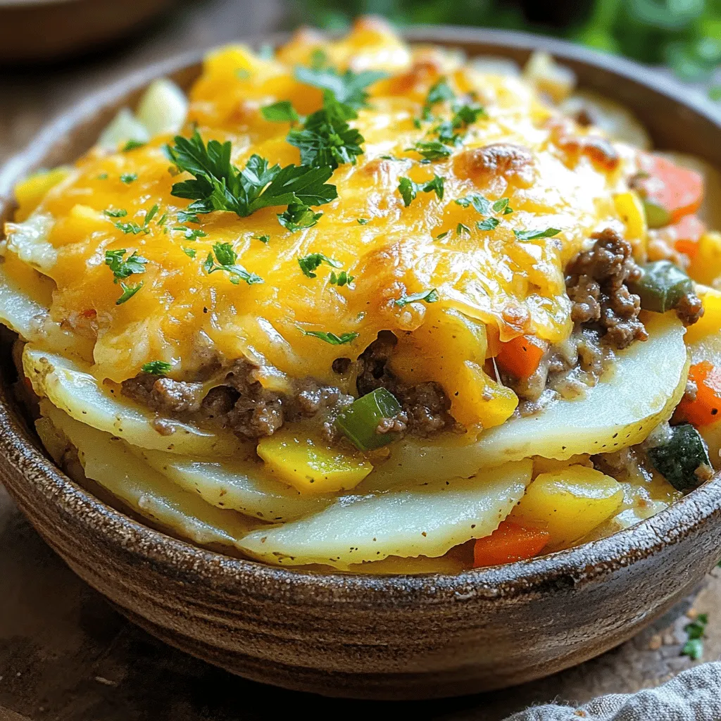 Here are the ingredients you need for Easy Ground Beef Hobo Casserole. This dish is simple and uses easy-to-find items. - 1 lb ground beef - 4 medium potatoes, peeled and thinly sliced - 1 cup frozen mixed vegetables (peas, carrots, corn) - 1 medium onion, diced - 2 cups beef broth - 1 cup shredded cheddar cheese - 1 teaspoon garlic powder - 1 teaspoon paprika - Salt and pepper to taste - 1 tablespoon olive oil You can find all these ingredients at your local store. Using fresh potatoes and quality beef makes a big difference in flavor. I prefer to use frozen mixed vegetables for convenience. They save time and still taste great. This recipe truly shines with the right balance of seasonings. The garlic powder and paprika add depth and warmth. For the best results, choose good beef broth. You can use homemade broth or a store-bought one. Both work well. When it comes to cheese, you can experiment with types, but cheddar gives that classic flavor. Once you gather all these ingredients, you are ready to create a warm and hearty meal. Check out the Full Recipe for more details on the cooking process! - Preheat your oven to 375°F (190°C). - Heat olive oil in a large skillet over medium heat. Add the diced onion. Sauté until it turns soft, about 3-4 minutes. - Add the ground beef to the skillet. Break it apart with a spatula. Cook until it turns brown, about 5-7 minutes. Mix in garlic powder, paprika, salt, and pepper. Drain any excess fat if needed. - In a greased 9x13 inch baking dish, layer half of the sliced potatoes across the bottom. - Spread half of the cooked ground beef mixture over the potatoes. Add half of the frozen mixed vegetables on top. - Repeat this layering process with the remaining potatoes, beef, and mixed vegetables. - Pour the beef broth evenly over the layered casserole. - Cover the dish tightly with aluminum foil. Bake in the preheated oven for 45 minutes. - Carefully remove the foil. Sprinkle shredded cheddar cheese over the top. Return to the oven uncovered for an additional 15 minutes, or until the cheese is bubbly and golden brown. - Let it rest for about 5 minutes before serving. Enjoy your Easy Ground Beef Hobo Casserole! For the complete recipe, see [Full Recipe]. To achieve perfect layering in your Easy Ground Beef Hobo Casserole, start with the potatoes. Place half of the sliced potatoes in the bottom of your baking dish. Make sure they cover the entire base. Next, add half of the ground beef mixture. This helps hold the layers in place. Repeat this process for the second layer. To prevent soggy potatoes, ensure you slice them thinly. This allows them to cook evenly. Also, don’t skip the beef broth. It adds moisture but doesn’t soak the potatoes too much. For even cooking, cover the casserole with aluminum foil while baking. This keeps the heat in and helps cook all layers well. Remove the foil during the last baking time to let the cheese melt and brown nicely. For serving suggestions, you can use both bowls and plates. If you want a more casual feel, bowls work great. For a more formal setting, use plates. For garnishing ideas, sprinkle fresh parsley over the top. It adds color and liveliness to your dish. You might also add more shredded cheese on top just before serving for extra flavor. The choice between bowl and plate presentation can change the dish's look. Bowls offer a cozy feel, while plates give a more elegant touch. Either way, your casserole will shine! You can find the full recipe in the recipe section above. {{image_2}} You can easily change this hobo casserole to fit your taste. Here are some swaps: - Alternative proteins: Use chicken or turkey instead of ground beef. Both give a lighter flavor. - Different vegetable combinations: You can mix in broccoli, bell peppers, or green beans. Choose what you love. - Cheese variations: Try mozzarella or pepper jack for a new twist. Each cheese brings its own taste. There are many ways to cook hobo casserole. Here’s how you can adapt it: - Slow cooker adaptation: Brown the meat and onion first. Then layer everything in the slow cooker. Cook on low for about 6 hours or high for 3 hours. - One-pot meal option: Use a large pot to cook everything. Sauté the meat and onion, add veggies and broth, then simmer until cooked through. This saves time on dishes. - Grilling variation: Wrap your layered casserole in foil. Cook it on the grill for about 30-40 minutes. This adds a smoky flavor. For a full recipe, check the Easy Ground Beef Hobo Casserole link. To keep your Easy Ground Beef Hobo Casserole fresh, store leftovers in the fridge. Use an airtight container to limit air exposure. This helps prevent spoilage. You can keep it in the fridge for up to three days. If you think you won't eat it soon, consider freezing it. For freezing, let the casserole cool completely. Then, wrap it tightly in plastic wrap and aluminum foil. This will help keep out moisture and freezer burn. You can freeze it for up to three months. When you want to enjoy the casserole again, you can use either a microwave or an oven. If you use the microwave, place a portion on a microwave-safe dish. Heat it for about 2 to 3 minutes. Check the temperature to make sure it's hot all the way through. If you prefer the oven, preheat it to 350°F (175°C). Put the casserole in a baking dish and cover it with foil. Heat for about 20 minutes. This way, the casserole stays moist and warm. To keep that cheesy top nice, you can remove the foil for the last 5 minutes. This will help it crisp up a bit, just like when you first made it. Enjoy your delicious meal! Can I make this casserole ahead of time? Yes, you can make this hobo casserole ahead of time. Prepare it up to the baking step. Cover it and store it in the fridge for up to two days. When ready to cook, just add a few extra minutes to the baking time. What can I serve with hobo casserole? This dish pairs well with a crisp salad or some crusty bread. You can also serve it with a side of steamed veggies for extra nutrition. How do I know when the casserole is done? The casserole is done when the potatoes are tender and the cheese is bubbly and golden. You can check the potatoes with a fork. If it goes in easily, it’s ready! Caloric content per serving Each serving of this hobo casserole has about 400 calories. This can vary based on the amount of cheese and beef you use. Dietary considerations (gluten-free, low-carb options) This recipe is naturally gluten-free as it uses no flour. For a low-carb option, you can swap potatoes for cauliflower. It keeps the dish hearty while lowering the carbs. Balanced meal suggestions To make this meal more balanced, add a side of green beans or carrots. This boosts fiber and adds vitamins. A simple green salad can also round out your meal nicely. For the complete recipe, check the Full Recipe section. This casserole combines ground beef, potatoes, and mixed veggies for a tasty meal. We discussed every step, from preparing the ingredients to delicious baking tips. I shared ideas for swaps and how to store leftovers well. In the end, this dish is easy to make and great for everyone. Try it with your favorite flavors and enjoy! You'll find it becomes a family favorite.