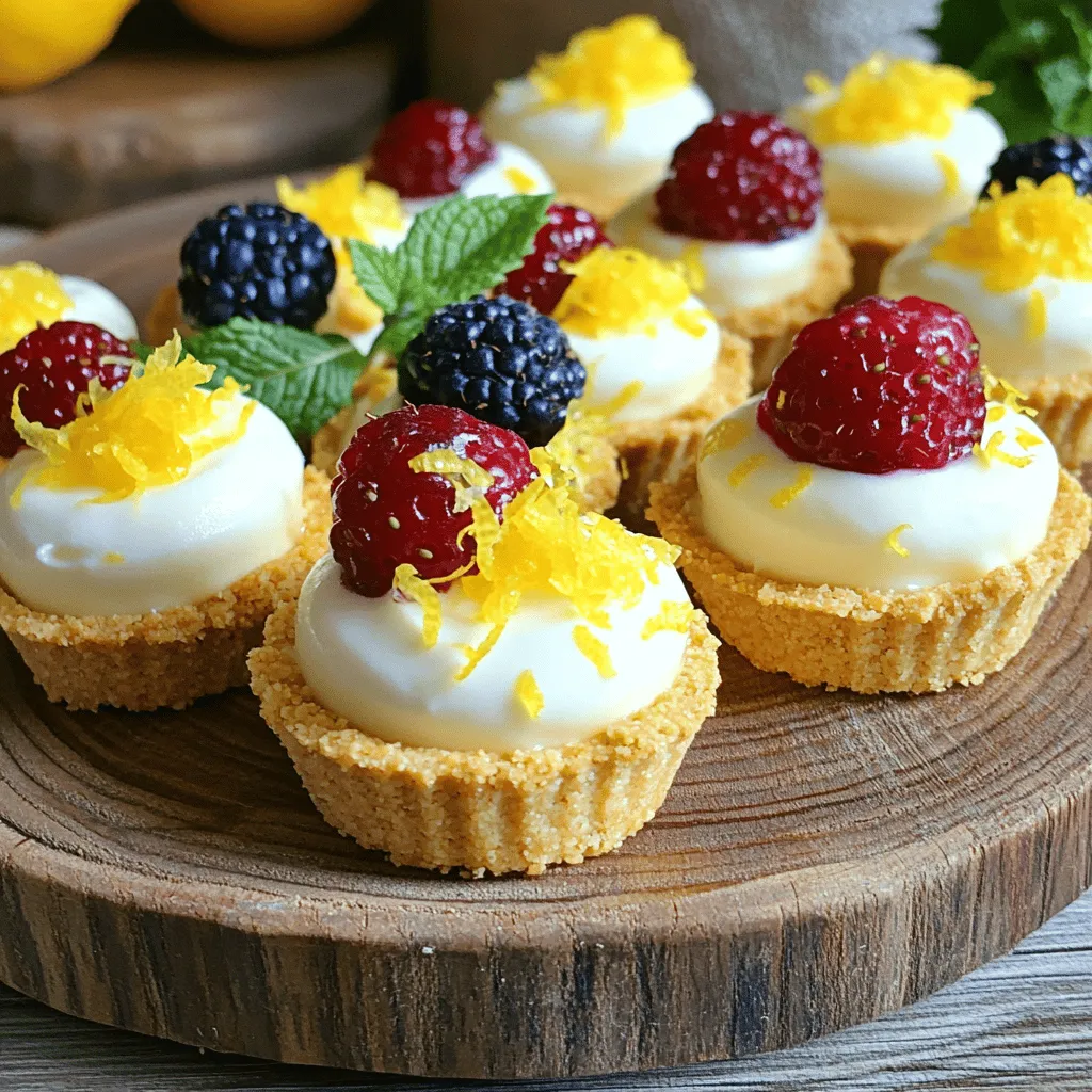 To make Mini No-Bake Lemon Cheesecake Tarts, you will need the following ingredients: - 1 ½ cups graham cracker crumbs - ½ cup unsalted butter, melted - 2 tablespoons sugar - 8 oz cream cheese, softened - ½ cup powdered sugar - ½ cup heavy whipping cream - 1 lemon, zested and juiced - 1 teaspoon vanilla extract - Fresh berries (for topping) - Mint leaves (for garnish) These ingredients create a bright and creamy tart. Each one plays a key role in flavor and texture. For variations, you might want to try adding a splash of fruit puree or using flavored extracts. You can swap out the fresh berries for your favorite fruits like kiwi or mango. This way, you can enjoy different tastes while keeping the same fun tart base. If you’re feeling adventurous, consider using a nut-based crust. Almond or pecan flour can add a unique twist. Experimenting with these options makes the recipe your own. For the full recipe, check out the details I've shared in the instructions. Enjoy making these tarts! To make these mini no-bake lemon cheesecake tarts, you need to follow a few key steps. First, you will prepare the crust, then make the filling, and finally assemble the tarts. The chilling time is key. It helps the flavors meld together and sets the filling. I recommend chilling for at least 2 hours for the best results. Start by gathering your ingredients for the crust. You will need graham cracker crumbs, melted butter, and sugar. In a mixing bowl, mix the graham cracker crumbs with melted butter and sugar. Stir until it looks like wet sand. Now, it’s time to form the crust. Press this mixture firmly into the bottom of mini tart pans or a muffin tin. Use your fingers or the back of a spoon to compact it well. For a perfect base, refrigerate for 10 to 15 minutes. Next, let’s move on to the filling. In a large bowl, beat the softened cream cheese until it’s smooth. This step is important. If the cream cheese is lumpy, it will affect the texture. Now, add powdered sugar, lemon zest, lemon juice, and vanilla extract. Mix until everything is well combined. The mixture should be smooth and creamy. Once your filling is ready, it’s time to fill the tarts. Remove the crusts from the fridge. Spoon the lemon cheesecake filling into each crust. Use a spatula to smooth the tops. Make sure the filling is evenly distributed in each tart. This step makes for a nice presentation. Lastly, you need to chill the tarts again. Place them in the refrigerator for at least 2 hours. This helps the filling set properly. When you're ready to serve, carefully remove the tarts from the pans. Top each one with fresh berries and a mint leaf for a touch of color. For a delightful treat, arrange them on a platter and sprinkle some lemon zest on top. Enjoy your delicious mini no-bake lemon cheesecake tarts! For the complete recipe, see [Full Recipe]. To get the best filling, whip the heavy cream until stiff peaks form. This means the cream holds its shape well. It makes your cheesecake light and fluffy. Be careful not to over-mix the cream cheese. Mix it gently until smooth. If you mix too long, it can become too runny. Here are some common pitfalls when making your mini tarts: - Too much mixing: This can lead to a runny filling. - Not chilling enough: The tarts need at least two hours to set. - Over-filling the crust: This can cause a messy presentation. If you run into issues, here are simple fixes: - If the filling is too runny, chill it a bit longer. - If the crust is crumbly, press it down more firmly next time. Garnishing adds beauty to your tarts. Top them with fresh berries like strawberries or blueberries. A mint leaf on each one looks great too. Arrange the tarts on a nice platter for serving. Sprinkling extra lemon zest gives a pop of color and flavor. Serve them chilled for the best taste. For the full recipe, check [Full Recipe]. {{image_2}} You can switch up the flavor of your tarts easily. Try using lime, orange, or even grapefruit. Each fruit brings a new taste. You can also add flavor extracts. A few drops of almond or coconut extract can enhance the taste. For toppings, think beyond berries. You could drizzle chocolate or sprinkle crushed nuts on top. Chopped pistachios or walnuts add a great crunch. These changes can make the tarts feel fresh and unique. If you want a lighter treat, consider using low-fat cream cheese. This change cuts calories but keeps the taste. You can also try Greek yogurt for an even healthier option. It gives a nice creaminess with fewer calories. To reduce sugar, use a sugar substitute like stevia or monk fruit. You can also cut the sugar in the crust. Swap in oats or almond flour for a healthier crust. This way, you keep the flavor while making it more nutritious. These tarts fit any theme or season. For a summer party, add fresh fruit like peaches or strawberries. For fall, try adding pumpkin spice to the filling. This gives a cozy vibe that's perfect for autumn. During the holidays, decorate with festive toppings. You can use crushed candy canes or eggnog flavor for a fun twist. These ideas help make your tarts special for any event. With a little creativity, you can impress your guests! To keep your mini no-bake lemon cheesecake tarts fresh, store them in the refrigerator. Place them in an airtight container or cover them with plastic wrap. This helps the tarts maintain their flavor and texture. Try to eat them within three days for the best taste. To avoid soggy crusts, make sure the crust has set well before adding the filling. A quick chill in the fridge helps it firm up. If you notice moisture, consider placing a paper towel under the tarts in the container. This will absorb any excess moisture. If you want to store tarts for a longer time, freezing is a great option. First, wrap each tart in plastic wrap. Then, place them in a freezer-safe container or bag. This helps prevent freezer burn and keeps them tasty. They can last up to two months in the freezer. When you’re ready to enjoy them, let the tarts defrost in the fridge overnight. This keeps the texture smooth and creamy. Avoid defrosting them at room temperature, as this can make the crust soggy. Enjoy your delightful treat! For the complete recipe, check out the Full Recipe. These mini tarts last about 3 to 5 days in the fridge. Keep them in an airtight container. If you want to freeze them, they can last for up to 2 months. Just wrap each tart tightly in plastic wrap before placing them in a freezer bag. When ready to eat, thaw them in the fridge for a few hours. You can use regular sugar, but it may change the texture. Regular sugar might not dissolve well in the cream cheese mix. This can make the filling grainy. Powdered sugar blends smoothly, giving a nice creamy texture. If you must use regular sugar, try grinding it in a blender first to make it finer. If you don’t have heavy whipping cream, you can use a few alternatives. Half-and-half can work, but your filling may not be as light. You can also use coconut cream for a dairy-free option. Just chill a can of coconut milk, scoop out the solid part, and whip it. This will add a nice flavor twist too! You don’t need special tart pans. Muffin tins work great, and they are easy to find. You can also use silicone molds, which make removing the tarts simpler. The key is to pack the crust tightly, no matter what pan you use. This helps the tarts hold their shape. You now know how to make mini no-bake lemon cheesecake tarts. We covered ingredients, step-by-step instructions, tips to perfect your tarts, and options for variations. Remember to chill your tarts well for the best taste and texture. Avoid common mistakes by following the tips provided. Don’t forget, you can customize flavors or choose healthier alternatives. These tarts are perfect for any occasion and easy to store. Enjoy making these delightful treats!