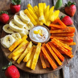 To make fruit fries, you need fresh fruits and vegetables. Here’s a simple list: - 1 large banana - 1 medium sweet potato - 1 medium apple - 1 cup strawberries, hulled and quartered These fruits and veggies provide a fun mix of flavors and textures. The sweet potato adds a nice crunch, while the banana and apple give a sweet taste. Strawberries are juicy and refreshing. For great flavor, we use a few spices and sugar. Here are the ingredients: - 1 teaspoon cinnamon - 2 tablespoons brown sugar - 1 tablespoon cornstarch Cinnamon adds warmth, while brown sugar gives sweetness. The cornstarch helps create a crispy texture on the sweet potato fries. Toss the sweet potato in this mix for the best flavor. The lemon dip is easy to make and yummy. You’ll need: - 2 tablespoons lemon juice - 1 tablespoon honey - 1 cup Greek yogurt This dip is creamy and tangy. The yogurt gives it a nice texture, while the honey adds sweetness. The lemon juice brightens the flavor, making it perfect for dipping your fruit fries. For the complete recipe, check out the Full Recipe section. To start, gather your fruits and veggies. You will need a banana, a sweet potato, an apple, and strawberries. First, slice the banana and apple into long strips. Aim for pieces that look like fries. Next, cut the sweet potato into thin matchsticks. This shape helps them cook evenly and makes them fun to eat. Heat oil in a deep frying pan over medium heat. Aim for about 350°F or 175°C. When the oil is hot, toss in the sweet potato fries in batches. Fry them for about 5-7 minutes. You want them golden brown and crispy. Use a slotted spoon to take them out, then let them drain on paper towels. This step helps to remove excess oil for a better crunch. While the sweet potato fries cook, prepare the banana and apple strips. In another pan, lightly fry them for about 2-3 minutes. You want them just soft, not mushy. If you like, sprinkle some cinnamon on top for extra flavor. Set them aside once done. Now, let’s whip up the lemon dip! In a small bowl, mix Greek yogurt with lemon juice and honey. Stir until smooth. This dip adds a zesty touch to the fruity fries. You can adjust the honey and lemon juice to suit your taste. You can find the full recipe with all the details listed above. To make sweet potato fries crispy, slice them thinly. Thin fries cook faster and turn crispier. Toss them in a mix of cinnamon, brown sugar, and cornstarch for added crunch. Fry them in hot oil, about 350°F. Fry in small batches to avoid steaming. Drain them on paper towels right after cooking to keep them crispy. When choosing fruits, opt for firm varieties. Bananas and apples work well, as they keep their shape when cooked. Strawberries add a fun twist but should be quartered. They are soft, so cook them quickly. You want them warm but not mushy. This mix creates a fun texture for your snack. Serve your fruit fries on a colorful platter. Pair them with the lemon dip for a zesty touch. For extra fun, add sprinkles or a drizzle of honey on top. You can also provide toothpicks for easy eating. This snack is great for kids and adults alike! Use the Full Recipe to explore more ways to enjoy this tasty treat. {{image_2}} You can mix up the fruit fries by using different fruits. Try using pears, peaches, or mangoes. They add unique flavors and textures. You can also use frozen fruit. Just thaw and slice them before cooking. Each fruit brings its taste, making your snack fun and fresh. If you want a healthier version, bake the fries instead of frying. Preheat your oven to 400°F (200°C). Place the cut fruit and sweet potato on a baking sheet. Drizzle a little oil and sprinkle cinnamon. Bake for about 20 minutes, or until they are golden and crisp. This method cuts down on oil and keeps the flavor. To make the lemon dip even tastier, try adding different flavors. You can mix in a bit of vanilla extract or a dash of cinnamon. For a fruity twist, add pureed berries or a splash of orange juice. Each addition brings a new layer of taste to the dip. You can easily customize it to match your mood or meal. For the full recipe, check out the details above. After you enjoy your fruit fries, store leftovers in an airtight container. Place them in the fridge. This keeps them fresh for about 2 days. Make sure to separate the fries to avoid sogginess. If you have leftover lemon dip, store it in a separate container. It will stay fresh for up to a week. If you want to keep fruit fries longer, freezing is a great option. Lay the fries out on a baking sheet. Make sure they don't touch each other to prevent sticking. Freeze them for about 1-2 hours. Once frozen, transfer them to a freezer bag. They can last for up to 3 months. When you're ready to eat, just reheat them! To enjoy crisp fruit fries again, use an oven or air fryer. Preheat your oven to 400°F (200°C). Spread the frozen fries on a baking sheet. Bake for about 10-15 minutes until hot and crispy. If using an air fryer, set it to 350°F (175°C) and cook for about 8-10 minutes. This way, you keep that delightful crunch. For more details, check out the Full Recipe. Yes, you can make this recipe vegan. Simply swap Greek yogurt for a plant-based yogurt. Use maple syrup instead of honey for sweetness. With these changes, you keep all the tasty flavors while making it vegan-friendly. You have many fun dip options! Try chocolate sauce for a sweet treat. Peanut butter or almond butter works well too. You can even mix yogurt with fruit puree for a fresh twist. Each dip adds a unique taste to your fruit fries. You can bake or air-fry the fruit fries! For baking, preheat your oven to 425°F (220°C). Lay the sweet potato fries on a baking sheet. Lightly coat them with oil and seasonings. Bake for 20-25 minutes, flipping halfway through. They will be crispy and delicious! Enjoy your fruit fries without frying. You can find the full recipe to get started. This blog post explored the fun of making fruit fries. You learned about key ingredients, from fruits to the perfect lemon dip. We covered step-by-step instructions for easy cooking. I shared tips for crispy fries and serving ideas. Variations let you mix flavors, and easy storage tips help keep leftovers fresh. Now, it’s time to enjoy your tasty creation. Experiment and make it your own! Your kitchen adventures will be delicious and rewarding.