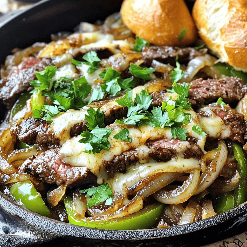 - 1 lb ribeye steak, thinly sliced - 1 medium onion, sliced - 1 medium green bell pepper, sliced - 2 cloves garlic, minced For a great Philly cheesesteak skillet, you need a few key ingredients. The ribeye steak gives it that juicy flavor. Slice it thinly to ensure quick cooking. Next, add a medium onion and a green bell pepper. These add sweetness and crunch. Minced garlic enhances the aroma and taste. - 1 teaspoon Worcestershire sauce - Salt and pepper to taste Seasonings bring out the best in your dish. Worcestershire sauce adds a rich, umami taste. Use salt and pepper to enhance the flavors. Start with a pinch and adjust to your liking. - 4 slices provolone cheese - 1 teaspoon olive oil - Fresh parsley, chopped (for garnish) - 4 hoagie rolls, for serving Cheese is a must! Provolone melts beautifully and adds creaminess. Olive oil keeps the skillet from sticking. Fresh parsley adds a pop of color and flavor at the end. Finally, hoagie rolls hold all that tasty filling. You can serve it in the rolls or over rice for a different twist. Check out the Full Recipe for all the details! - Heat the olive oil in the skillet. - Slice and prepare the vegetables. Start by heating the olive oil in a large skillet over medium-high heat. This oil adds flavor and prevents sticking. While the oil warms, slice the onion and green bell pepper. Aim for thin slices; they cook faster and blend well with the steak. - Sauté onions and peppers until softened. - Add garlic and thinly sliced steak to the skillet. Once the oil is hot, add the sliced onions and green bell peppers. Sauté them for 5-7 minutes until they soften and release their flavors. Then, add minced garlic and cook for one more minute. Push the veggies to the side of the skillet. Now, add the thinly sliced steak in the center. Cook it for about 2-3 minutes until it turns brown. - Incorporate Worcestershire sauce, season, and melt the cheese. - Garnish and serve the dish. Next, stir in the Worcestershire sauce, salt, and pepper. Mix everything well. After the steak is cooked to your liking, place the provolone cheese slices over the meat and veggies. Cover the skillet with a lid and cook for 2-3 more minutes until the cheese melts. Finally, remove the skillet from heat and garnish with fresh parsley before serving. You can find the full recipe [here](Full Recipe). For the best flavor, use ribeye steak. Ribeye is tender and has great fat. Look for steaks with good marbling. This fat adds richness and taste. Cut the steak thinly. Thin slices cook fast and stay juicy. To cook the steak tender, don’t overcrowd the pan. Give each piece space. This helps the meat sear well. Start with high heat, then lower it. This keeps the steak from getting tough. Always let the meat rest for a few minutes after cooking. This helps juices stay in the meat. You need a few key tools to make this dish perfect. A large skillet is a must. Use one that heats evenly. A good spatula helps mix the ingredients well. A sharp knife makes slicing the steak and veggies easy. If you have a meat thermometer, use it. It helps check the steak's doneness. A lid for your skillet is also useful. It helps melt the cheese evenly. Garnish your Philly cheesesteak with fresh parsley. It adds color and taste. You can also add hot sauce for a kick. Serve the cheesesteak in hoagie rolls. This is classic and fun. For sides, enjoy this dish with crispy fries. You can also serve it over rice or pasta. This turns the meal into a full feast. Each bite is sure to please! {{image_2}} You can swap out the ribeye steak for other meats. Chicken works great in this dish. Ground beef also makes a good choice. If you want to try a different cheese, use Cheez Whiz or provolone. They melt well and add a unique taste. For a twist, add sliced mushrooms or jalapeños. These ingredients bring extra flavor and texture to your skillet. For those avoiding red meat, venison is a tasty option. It has a rich flavor that pairs well with the other ingredients. Chicken cheesesteaks are also a great choice for a lighter meal. If you prefer vegan options, use plant-based steak substitutes. There are many brands that mimic the flavor and texture of beef. Instead of cheese, try vegan cheese. This makes the dish suitable for everyone. The classic Philly style is just one way to enjoy cheesesteaks. In Chicago, they add giardiniera, a pickled vegetable mix, for a spicy kick. In California, avocado slices bring creaminess to the meal. You could also try a Tex-Mex version with taco seasoning and pepper jack cheese. Each style adds a new twist to the beloved cheesesteak. Exploring these variations can be fun and tasty! To keep your Philly cheesesteak skillet fresh, store leftovers in an airtight container. Let the dish cool first. Place it in the fridge within two hours of cooking. This way, it can last up to three days. Make sure to mark the date on the container. This helps you track how long it's been stored. For reheating, I suggest using a skillet. Heat it on medium until warm. Add a splash of water or broth to keep it moist. Cover the skillet to trap steam and enhance flavor. Stir it occasionally to ensure even heating. If you prefer the microwave, use a microwave-safe dish. Heat it in short bursts of 30 seconds, stirring in between. This keeps the cheese from getting tough. You can freeze the Philly cheesesteak skillet, but it is best to do so before adding cheese. Cool the dish completely, then place it in a freezer-safe container. It can last for up to three months. When you're ready to enjoy it, thaw it overnight in the fridge. Reheat it in a skillet, then add the cheese at the end. This helps keep the cheese creamy and delicious. A Philly cheesesteak skillet is a one-pan dish. It combines ribeye steak, onions, and peppers. You cook all these in a skillet, which saves time and cleanup. This dish gets its rich flavor from the Worcestershire sauce and melted provolone cheese. It's a fun way to enjoy the classic Philly cheesesteak without the hoagie roll. You can serve it in rolls or over rice or pasta. It’s delicious, quick, and perfect for busy nights. Yes, you can prepare the Philly cheesesteak skillet ahead of time. Cook the steak and veggies, and let them cool. Store them in an airtight container in the fridge. You can keep it for up to three days. When you're ready to eat, just reheat it in a skillet. Add the cheese at the end, so it melts nicely. This method saves you time on a busy weekday. Adjusting spice is easy with this recipe. To add heat, sprinkle some red pepper flakes into the skillet while cooking. You can also add sliced jalapeños for extra spice. If you prefer it milder, skip the spicy additions. You can also use sweet bell peppers instead of hot ones. This way, you can enjoy the dish at your own heat level. You can serve this dish with many sides. Here are some great options: - Crispy fries - Onion rings - Side salad - Coleslaw - Garlic bread You can also enjoy it over rice or pasta for a hearty meal. This dish is versatile, and you can mix and match sides to fit your taste. For the full recipe, check the detailed instructions above. In this post, we covered how to make a tasty Philly cheesesteak skillet. We discussed the main ingredients, step-by-step cooking, and tips for great flavor. You learned about ingredient swaps and variations for dietary needs. Storing and reheating this dish can keep it fresh and delicious. Whether you cook this for a quick meal or a gathering, enjoy the flavors. This dish is fun to make and share. I hope you feel inspired to try it!