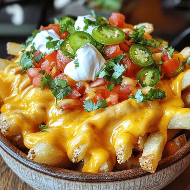 - 4 large russet potatoes - 1 tablespoon olive oil - Seasoning mixture (1 teaspoon garlic powder, 1 teaspoon paprika, 1 teaspoon chili powder, ½ teaspoon cumin, ½ teaspoon salt, ½ teaspoon black pepper) - Toppings (1 cup nacho cheese sauce, ½ cup sour cream, ½ cup diced tomatoes, ¼ cup sliced jalapeños, ¼ cup chopped green onions, fresh cilantro) These ingredients create a tasty treat that you will love. Start with the russet potatoes. They give the fries the right texture. Olive oil helps the fries get crispy and golden. The seasoning mixture adds a burst of flavor. Each spice plays a role. Garlic powder gives a savory kick. Paprika adds color and warmth. Chili powder brings heat. Cumin adds earthiness. Salt and black pepper enhance all the flavors. For toppings, the nacho cheese sauce is the star. It melts beautifully over the fries. Sour cream adds creaminess. Diced tomatoes give freshness. Sliced jalapeños add a spicy crunch. Chopped green onions add a mild onion flavor. Fresh cilantro brings brightness. This full recipe combines all these elements for a fun and delicious dish! 1. Preheat your oven to 425°F (220°C). This step is key to getting crispy fries. 2. Cut the large russet potatoes into thin fries. Use a sharp knife for clean edges. 3. In a bowl, toss the cut potatoes with 1 tablespoon of olive oil. Add garlic powder, paprika, chili powder, cumin, salt, and black pepper. Mix until all fries are coated. 4. Spread the seasoned fries in a single layer on a baking sheet lined with parchment paper. Avoid crowding them for even cooking. 5. Bake in the oven for 25-30 minutes. Flip them halfway through to ensure they brown well. 1. While the fries bake, warm 1 cup of nacho cheese sauce in a saucepan over low heat. Stir it gently until creamy. 2. Once the fries are golden and crispy, remove them from the oven. Drizzle the warm cheese sauce generously over the top. 1. Present the nacho fries in a large bowl or on a platter. Garnish with extra cilantro and jalapeños for flair. 2. Add dollops of sour cream and sprinkle diced tomatoes, sliced jalapeños, and chopped green onions over the cheese-topped fries. 3. Serve with extra nacho cheese and sour cream on the side for dipping. Enjoy your nacho fries with friends or family! For the full recipe, check out the [Full Recipe]. To get crispy fries, start with the right oil. Use enough olive oil to coat each fry evenly. This helps them crisp up nicely. Seasoning also plays a big role. Make sure to mix your spices well with the oil. This way, every fry gets a burst of flavor. When baking, use a single layer on your tray. It keeps them from steaming and makes them crispier. Flip the fries halfway through baking. This ensures even cooking. Bake them at 425°F (220°C) for the best texture. Want to spice things up? Try adding cayenne pepper or onion powder to your mix. You can also experiment with smoked paprika for a deeper flavor. If you love heat, toss in some crushed red pepper flakes. For toppings, think outside the box. Add guacamole for creaminess or some black olives for a salty kick. You can even try a drizzle of buffalo sauce for a tangy twist. The goal is to make the dish your own! What to drink with your nacho fries? A cold soda or iced tea works well. If you want something different, try a fruity mocktail. It balances the flavors of the fries. For sides, consider a fresh salad or some grilled veggies. They add a nice crunch and freshness to your meal. You can even serve some spicy salsa on the side for extra flavor. Enjoy your nacho fries with these tasty pairings! {{image_2}} You can change the cheese sauce to fit your taste. Try using a spicy queso for heat. A creamy white cheese sauce can add a rich flavor. For vegan options, use cashew cheese or a plant-based nacho sauce. These alternatives keep the dish tasty and exciting. Switch it up by using sweet potato fries instead of regular ones. Sweet potatoes add a nice sweetness that pairs well with cheese. You can also make loaded fries. Add toppings like black beans, diced avocado, or grilled chicken for a heartier meal. Make your nacho fries festive for the holidays. Top them with cranberry sauce for a fun twist. During game days, add extra toppings like pulled pork or chili. These variations make the dish even more appealing for gatherings. To store leftover nacho fries, first let them cool. Place fries in an airtight container. This keeps them fresh and prevents sogginess. I recommend using glass or BPA-free plastic containers. These work best for storing food. Make sure to eat them within three days for the best taste. To reheat fries without losing crispiness, use an oven or air fryer. Preheat your oven to 400°F (200°C). Spread the fries on a baking sheet. Heat for about 10-15 minutes until crispy again. If using an air fryer, set it to 350°F (175°C) and cook for 5-7 minutes. Both methods bring back that great crunch. Yes, you can freeze nacho fries! For best results, freeze them before adding toppings. Place fries in a single layer on a baking sheet. Freeze them for about an hour, then transfer to a freezer bag. To thaw, leave them in the fridge overnight. Reheat as mentioned above. This keeps them tasty! Taco Bell Nacho Fries are not vegan. They contain cheese sauce and sour cream. Both of these items have animal products. If you want a vegan version, skip the cheese and sour cream. Use a plant-based cheese instead for a similar taste. To recreate that famous flavor, use the right spices. This includes garlic powder, paprika, and chili powder. Season the fries well before baking. Use nacho cheese sauce, as it adds richness. Bake them until crispy for the best texture. You can go wild with toppings for nacho fries! Here are some popular choices: - Sliced jalapeños - Diced tomatoes - Chopped green onions - Fresh cilantro - Black olives - Guacamole Mix and match your favorites to make them your own. Homemade nacho fries last about 3 to 5 days in the fridge. To keep them fresh, store them in an airtight container. Reheat them in the oven to maintain that crispy texture. Avoid the microwave if you want to keep them crunchy. In this post, we explored everything about nacho fries. We discussed key ingredients, preparation steps, and tips for the perfect texture. I shared fun variations and how to store leftovers for later enjoyment. You can customize flavors and serve these fries for any occasion. Enjoy making these tasty nacho fries at home. Share them with friends and family for a delicious treat!