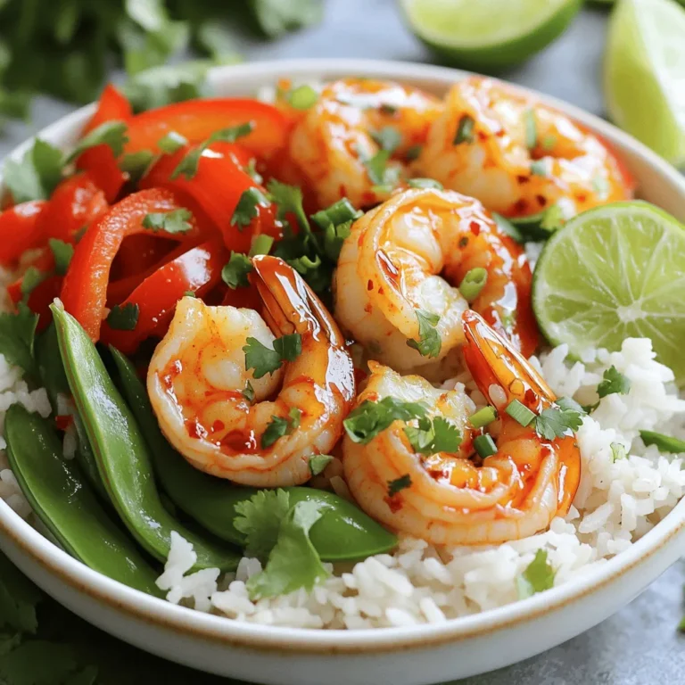 To make your spicy shrimp rice bowls, gather these main ingredients: - 1 pound large shrimp, peeled and deveined - 2 cups jasmine rice - 2 tablespoons olive oil - 2 tablespoons soy sauce - 1 tablespoon sriracha (more or less to taste) - 1 teaspoon garlic powder - 1 teaspoon ginger powder - 1 red bell pepper, sliced - 1 cup snap peas - 4 green onions, chopped - Salt and pepper to taste You can add extra flavor and color with these optional garnishes: - Fresh cilantro for garnish - Lime wedges for serving These will give your bowl a fresh twist that brightens up the meal. Having the right tools makes cooking easier. Here are some tools you will need: - Medium pot for the rice - Large bowl for marinating shrimp - Large skillet or wok for stir-frying - Serving bowls for assembly With these ingredients and tools, you can create a tasty dish. For the complete recipe, check out the full recipe link. To start, rinse the jasmine rice under cold water. You want the water to run clear. This step helps remove excess starch. In a medium pot, mix the rice with 4 cups of water and a pinch of salt. Bring the pot to a boil. Then, lower the heat to a simmer. Cover it and cook for about 15 minutes. The water should absorb, and the rice will fluff up. After cooking, let it sit covered for 5 more minutes. Grab a large bowl and add the shrimp. Pour in the olive oil, soy sauce, and sriracha. You can adjust the sriracha to your spice level. Mix in the garlic powder, ginger powder, salt, and pepper. Toss everything to coat the shrimp well. Let it marinate for 10 to 15 minutes. This step adds flavor and makes the shrimp juicy. Next, heat a large skillet or wok over medium heat. If needed, add a bit more olive oil. Toss in the sliced red bell pepper and snap peas. Stir-fry for about 3 to 4 minutes. You want them tender but still crisp. Once done, remove the vegetables from the skillet and set them aside. In the same skillet, add the marinated shrimp. Cook for about 3 to 4 minutes. Stir frequently until the shrimp turn pink and opaque. After that, add the sautéed vegetables back to the skillet. Toss everything together to heat it through. Now it’s time to build your bowls! Start with a generous scoop of jasmine rice in each serving bowl. Top it with the spicy shrimp and vegetable mix. For the finishing touch, sprinkle chopped green onions and cilantro on top. Serve with lime wedges on the side for an extra zesty kick. Enjoy your flavorful and simple meal! For the full recipe, check out the details above. To cook shrimp just right, start with fresh or thawed shrimp. Make sure they are peeled and deveined. Marinate them with olive oil, soy sauce, and spices. This adds flavor and keeps them moist. Heat your skillet over medium heat. Cook the shrimp for about 3 to 4 minutes. They should turn pink and opaque. Remove them from heat as soon as they are done. Overcooked shrimp can become rubbery, so keep an eye on them. If you like more heat, add extra sriracha to your shrimp mix. You can also sprinkle crushed red pepper on top before serving. For a milder dish, reduce the sriracha. You can replace it with a small amount of honey or sugar. This will balance the flavors without the spice. Taste your dish as you cook. Adjust the spice to fit your taste buds. Meal prepping saves time and makes lunch easy. Cook a big batch of jasmine rice. Store it in the fridge for up to four days. You can also marinate shrimp and vegetables in advance. Keep them in airtight containers. When you're ready to eat, just stir-fry them quickly. This makes a fast meal that still tastes fresh. For added variety, mix different veggies each week. This keeps your meal exciting and fun. For the full recipe, check out the detailed steps above. {{image_2}} You can easily make these bowls vegetarian or vegan. Swap shrimp for tofu or tempeh. Both options soak up flavors well. Use the same marinade with these proteins. For a lighter touch, try chickpeas. They add protein and a nice texture. If shrimp isn't your choice, consider chicken or beef. Thinly slice them to cook faster. You can also use fish like salmon. It pairs well with the spicy flavors. For a plant-based option, lentils are great. They are hearty and filling, perfect for a rice bowl. Feel free to get creative with your veggies. Broccoli, zucchini, or bell peppers work well. You can use frozen mixed vegetables for convenience. Carrots add sweetness and color. Just remember to cook them until tender but crisp. This keeps the texture fun and fresh! To keep your spicy shrimp rice bowls fresh, store them in airtight containers. Divide the rice, shrimp, and veggies into separate containers. This helps maintain texture and flavor. Let everything cool to room temperature before sealing. Refrigerate the containers right away. When you want to eat your leftovers, reheat them carefully. The best way is to use the microwave. Place the rice and shrimp in a microwave-safe dish. Add a splash of water to keep it moist. Heat for 1-2 minutes, or until warm. Stir halfway through for even heating. You can also reheat in a skillet over medium heat. Just add a little oil and stir until hot. For the best taste, eat your leftovers within 3 days. After this time, the shrimp may lose its flavor and texture. You can also freeze the shrimp and rice. If frozen, use them within 2 months for the best quality. Just remember to thaw in the fridge before reheating. Enjoy your meal! I recommend using large shrimp. They have a nice texture and cook well. Look for shrimp that are fresh or frozen and peeled. You can also use shrimp labeled as "jumbo" for an extra bite. Wild-caught shrimp often have better flavor than farmed ones. Yes, you can. Prep the rice and shrimp ahead of time. Store them in separate containers. You can cook the shrimp and veggies just before serving. This keeps everything fresh and tasty. You can serve many sides with shrimp rice bowls. Here are a few great options: - Steamed broccoli - Asian slaw - Cucumber salad - Egg rolls - Miso soup These sides add color and flavor to your meal. You can find the full recipe for Spicy Shrimp Rice Bowls in the recipe section above. It has all the details you need. This article covered spicy shrimp rice bowls, from ingredients to cooking steps. You learned about main components, optional add-ins, and useful tools. I shared tips for cooking shrimp just right and adjusting spice levels. You also found variations for different diets and storage tips for leftovers. With these insights, you can enjoy making this dish quickly and easily. Dive into your kitchen and try creating your own tasty version. Enjoy delicious meals any day of the week!