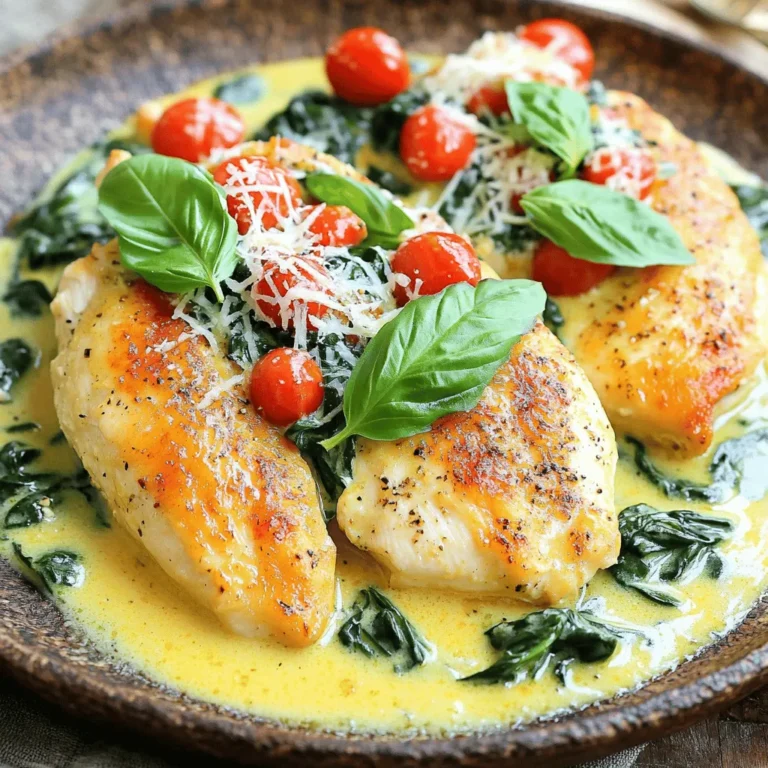 This dish needs just a few simple items. Here’s what you need: - 4 boneless, skinless chicken breasts - 2 tablespoons olive oil - 4 cloves garlic, minced - 1 cup cherry tomatoes, halved - 2 cups fresh spinach - 1 cup heavy cream - 1/2 teaspoon dried oregano - 1/2 teaspoon dried basil - 1/4 cup grated Parmesan cheese - Salt and pepper to taste - Fresh basil leaves for garnish These ingredients work together to create a rich and tasty meal. The chicken stays juicy, while the sauce is creamy and full of flavor. You can make this dish your own. Here are some ideas: - Mushrooms: Add sliced mushrooms for extra texture. - Sun-dried tomatoes: Swap in sun-dried tomatoes for a tangy flavor. - Chicken thighs: Use chicken thighs instead of breasts for a juicier bite. - Almond milk: For a lighter version, replace heavy cream with almond milk. Feel free to mix and match based on what you like or have on hand. This meal is not just delicious but also packed with nutrients. Here’s a quick glance at the nutritional facts per serving: - Calories: Approximately 500 - Protein: 40g - Carbohydrates: 10g - Fat: 35g This dish provides a good balance of protein and healthy fats, making it a satisfying choice for any weeknight. For more details and the full recipe, check out the [Full Recipe]. Start by heating 2 tablespoons of olive oil in a large skillet over medium-high heat. While the oil heats, season 4 boneless, skinless chicken breasts with salt and pepper on both sides. When the oil is hot, add the chicken breasts to the skillet. Cook for about 6-7 minutes on each side. They should turn golden brown and be cooked through. Once done, remove the chicken from the skillet and set it aside. In the same skillet, add 4 minced garlic cloves. Sauté them for about 30 seconds until they smell good. Next, add 1 cup of halved cherry tomatoes. Cook them for 2-3 minutes until they start to soften. Now, pour in 1 cup of heavy cream, and stir in 1/2 teaspoon of dried oregano and 1/2 teaspoon of dried basil. Let the cream simmer for about 2-3 minutes. This helps it thicken a bit. Stir in 1/4 cup of grated Parmesan cheese until it melts and the sauce becomes creamy. Finally, add 2 cups of fresh spinach, stirring until it wilts. Return the cooked chicken breasts to the skillet. Spoon the creamy sauce over the top. Let everything cook together for another 2 minutes. Taste the sauce and adjust the seasoning if needed. Serve the chicken on a plate, topped with the creamy sauce and fresh spinach. Garnish with fresh basil leaves for a nice touch. For the complete recipe, check out the Full Recipe section. To cook chicken that is juicy, start with even-sized pieces. I recommend using boneless, skinless chicken breasts. Season them well with salt and pepper. Heat your skillet with olive oil until it shimmers. Place the chicken gently in the pan. Cook them for about 6-7 minutes on each side. Look for a nice golden-brown color. Always check that the chicken reaches 165°F for safety. Let it rest for a few minutes before slicing. This keeps all the juices inside. For a rich creamy sauce, use heavy cream. After cooking the garlic, add the cream slowly. Stir in dried herbs like oregano and basil for flavor. Let the sauce simmer to thicken a bit. Add grated Parmesan cheese next. This cheese not only adds flavor but also gives the sauce a nice texture. If the sauce seems too thick, add a splash of chicken broth. Taste it and adjust the salt and pepper as needed. To make your dish look great, plate the chicken neatly. Spoon the creamy sauce over the chicken. Make sure to add some wilted spinach and cherry tomatoes on top. This adds color and freshness. Garnish with fresh basil leaves for a nice touch. Serve it with a side of pasta or rice for a complete meal. You can find the full recipe for this dish to explore more cooking tips and tricks. {{image_2}} You can switch chicken for other proteins. Try using shrimp or scallops for a seafood twist. Both cook quickly and absorb flavors well. If you prefer red meat, use thin slices of beef. Just adjust cooking times to ensure they are cooked through. For a vegetarian version, skip the meat and add hearty veggies. Use mushrooms for a meaty texture. Zucchini and bell peppers also work great. You can add more spinach for extra greens. Tofu is another option, soaking up the creamy sauce nicely. Want to boost the flavor? Add a splash of lemon juice for brightness. You can also mix in some sun-dried tomatoes for a tangy kick. Fresh herbs like thyme or parsley bring freshness to the dish. For a spicy touch, sprinkle in some red pepper flakes. For the full recipe, check out the detailed instructions above. To keep your creamy garlic Tuscan chicken fresh, let it cool first. Once cooled, place it in an airtight container. Store it in the fridge for up to three days. Always label the container with the date. This helps you keep track of freshness. When you're ready to enjoy leftovers, reheat gently. You can use a skillet over low heat. Stir occasionally to avoid burning. You can also use a microwave. Heat in short bursts, checking often. This keeps the chicken moist and the sauce creamy. If you want to freeze this dish, do it before reheating. Let it cool completely. Then, put it in a freezer-safe container. It will last for about two months. When ready to eat, thaw it in the fridge overnight. Reheat it slowly to keep the flavors intact. For the best taste, use the Full Recipe to guide you. Yes, you can make Creamy Garlic Tuscan Chicken ahead. Cook the chicken and sauce as directed. Let it cool down. Then, store it in a sealed container in the fridge. When you are ready to eat, just reheat it on the stove or microwave. This dish tastes even better the next day as the flavors blend nicely. This dish pairs well with many sides. You can serve it with: - Cooked pasta - Rice or quinoa - Garlic bread - A fresh green salad - Roasted vegetables Each of these options adds a nice touch to your meal and helps soak up the creamy sauce. To store leftovers, let the dish cool first. Place it in an airtight container. Store it in the fridge for up to three days. If you want to keep it longer, you can freeze the chicken and sauce. Just make sure to use a freezer-safe container. When ready to eat, thaw it overnight in the fridge before reheating. For the best taste, eat it within a month. For the complete recipe, check out the Full Recipe. In this post, we explored the creamy garlic Tuscan chicken. We covered the main ingredients, optional add-ins, and nutritional info. I shared step-by-step instructions, cooking tips, and serving suggestions. We also discussed variations for different diets and smart storage tips. This dish is easy to make and full of flavor. Try it out and enjoy this hearty recipe!