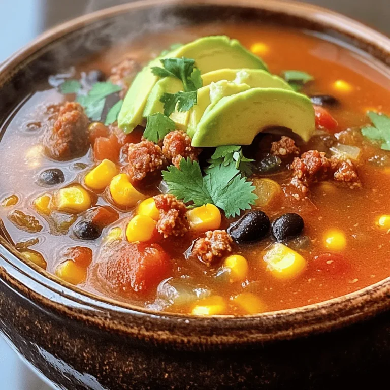 To make a tasty spicy chorizo soup, you need a few key ingredients: - 8 oz chorizo sausage, casing removed and crumbled - 1 tablespoon olive oil - 1 medium onion, diced - 3 cloves garlic, minced - 1 bell pepper (any color), diced - 1 can (14 oz) diced tomatoes with green chilies - 4 cups chicken broth - 1 can (15 oz) black beans, drained and rinsed - 1 cup corn (fresh, frozen, or canned) - 1 teaspoon ground cumin - 1 teaspoon smoked paprika - Salt and pepper to taste These ingredients work together to create a rich and hearty soup that warms the soul. The chorizo adds a spicy kick, while the veggies offer texture and flavor. The canned goods make this recipe simple and fast. To make your soup even better, try these garnishes: - Fresh cilantro - Avocado slices Adding cilantro gives a fresh taste, while avocado adds creaminess. These optional toppings can make your soup look and taste great. For the full recipe, check out the cooking instructions later in the article. First, prepare the pot. Heat a large pot over medium heat and add olive oil. Wait until the oil is hot. Then, add the crumbled chorizo. Cook it until it turns brown and crispy, which takes about 5 to 7 minutes. Use a slotted spoon to take out the chorizo. Leave the nice, flavorful fat in the pot. This fat will help flavor the soup. Now, it's time to sauté the veggies. Add the diced onion, minced garlic, and diced bell pepper into the pot. Stir them well. Cook these for about 5 minutes. You want them to be soft, not brown. This step brings out their natural sweetness. It also adds depth to your soup. Next, it's time for the fun part: combining everything! Stir in the can of diced tomatoes with green chilies. Then, add the chicken broth, black beans, corn, cumin, and smoked paprika. Finally, return the cooked chorizo to the pot. Mix well. Bring the soup to a boil, then lower the heat. Let it simmer for about 15 to 20 minutes. This allows the flavors to meld together nicely. Stir occasionally to keep everything mixed. For the full recipe, check out the detailed instructions. To make your spicy chorizo soup shine, balance the spice levels. If you love heat, add more chorizo. If you want it milder, use less or choose sweet chorizo. Adding acidity brightens the flavors. A squeeze of lime or a splash of vinegar can do wonders for the taste. Sautéing the onion, garlic, and bell pepper brings out their natural sweetness. Cook them on medium heat until they soften. This step adds depth to your soup. To prevent sticking, use a non-stick pot or add a bit more oil if needed. Stir often, ensuring nothing burns to the bottom. Pair your soup with crusty bread or a fresh salad for a complete meal. For presentation, serve in vibrant bowls. Garnish with fresh cilantro and avocado slices for color and taste. This makes your dish look as good as it tastes! For the full recipe, check out the [Full Recipe] link. {{image_2}} You can make Spicy Chorizo Soup even better by adding veggies. Here are some good options: - Carrots: They add sweetness. - Zucchini: This gives a nice texture. - Spinach: It boosts nutrients and color. - Potatoes: They add heartiness. Add these veggies about halfway through cooking. This way, they stay tender but not mushy. Timing is key for a great bite! If you want to switch things up, try other sausages. Here are some ideas: - Italian sausage: It has great flavor. - Chicken sausage: A leaner choice. - Turkey sausage: A lighter option. For a vegetarian soup, you can use plant-based sausage. You can also skip the meat and add more beans or lentils. This keeps the soup hearty and filling. You might like your soup thicker or thinner. You can change this easily! - Add chicken broth if it’s too thick. - Add black beans to make it heartier. For a creamy texture, try pureeing part of the soup. Use a blender to mix some soup, then stir it back in. This gives a smooth finish while keeping some chunks. Check out the Full Recipe for all the details. Enjoy! To store your Spicy Chorizo Soup, let it cool first. Use an airtight container for best results. This keeps out air and moisture. The soup lasts about 3-4 days in the fridge. You can easily reheat it on the stove. Just stir it occasionally to heat evenly. To freeze for later use, let the soup cool completely. Transfer it to freezer-safe containers. Leave some space at the top for expansion. The soup can stay frozen for up to 3 months. When you're ready to eat, thaw it in the fridge overnight. You can also use the microwave for a quick thaw. Reheat on the stove over low heat, stirring often. This ensures it warms up evenly. Enjoy the rich flavors of your soup even after freezing! For the complete recipe, check out the Full Recipe. Yes, you can make this soup ahead of time. Making it in advance allows the flavors to deepen. When you let it sit, the spices mix better. You can store it in the fridge for up to three days. Just reheat it before serving. This soup also freezes well. Store it in a safe container for up to three months. Thaw it overnight in the fridge before reheating. To tone down the spice, there are a few easy tricks. First, use mild chorizo instead of spicy. You can also add more beans or corn. These ingredients help balance the heat. If you want even less spice, add a splash of cream or sour cream. These will cool the flavor without changing the taste. This soup pairs well with many sides. You can serve it with crusty bread for dipping. A fresh salad with a light dressing is a great choice too. For drinks, a crisp beer or a fruity soda works well. You can also try a refreshing lemonade. The drink helps cut through the spice. Scaling this recipe is simple. Just double or triple the ingredients based on your needs. If you want to serve more people, use 16 oz of chorizo and double the broth. Be sure to adjust the spices accordingly. Always taste as you go. This way, you can keep the same great flavor for a bigger group. For large gatherings, cooking in batches may help. This blog post covered all you need for Spicy Chorizo Soup. We discussed essential ingredients, cooking steps, and tips for great flavor. Plus, I shared different variations and storage tips. With these details, you can create a tasty and satisfying meal. Remember to experiment with flavors and ingredients to make the soup your own. Enjoy making this soup for yourself or to share with friends!