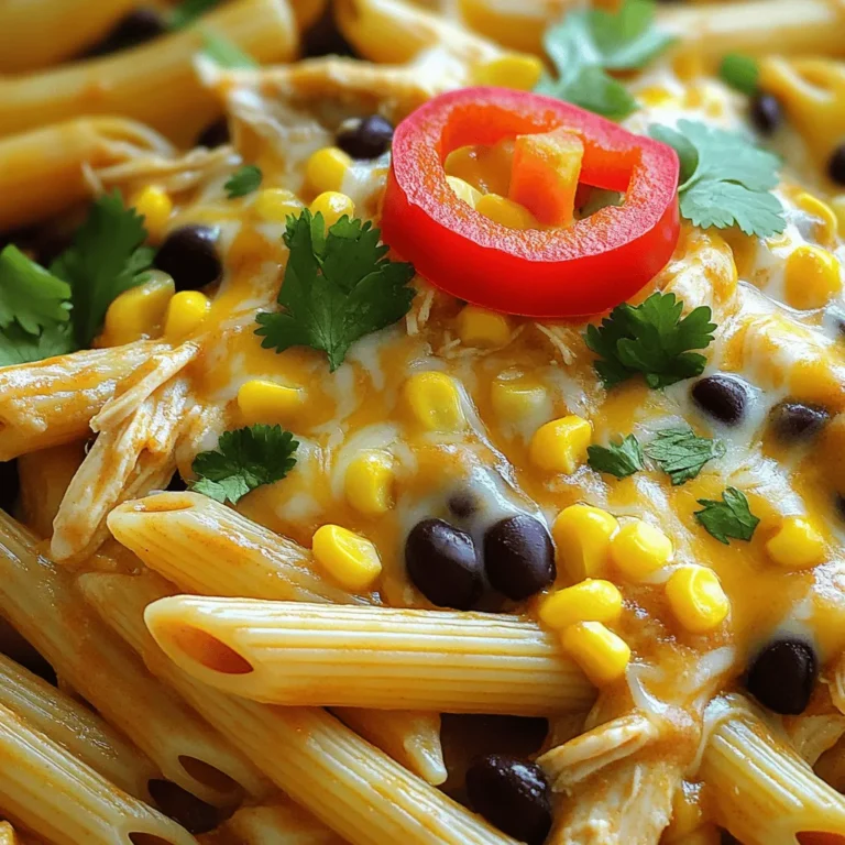 - 8 oz penne pasta - 2 cups cooked shredded chicken - 1 can (15 oz) black beans, drained and rinsed - 1 can (10 oz) enchilada sauce (red or green) - 1 cup corn (frozen or fresh) - 1 cup diced red bell pepper - 1 small red onion, chopped - 2 cups shredded cheese (cheddar or a Mexican blend) - 2 tablespoons olive oil - 1 tablespoon taco seasoning - Fresh cilantro, for garnish - Salt and pepper to taste To make your enchilada pasta shine, gather these simple ingredients. I love using penne pasta. It holds the sauce well and offers a great texture. Cooked shredded chicken adds protein. Black beans boost fiber and taste. Adding corn gives a sweet crunch, while red bell pepper brightens the dish. Chop a small red onion to add flavor and aroma. Cheese is a must! I prefer cheddar or a Mexican blend for that gooey finish. Olive oil helps sauté the veggies, while taco seasoning gives a nice kick. Fresh cilantro makes for a lovely garnish at the end. For tools, you’ll need a large pot to boil your pasta. A large skillet will work for sautéing the veggies. Grab your measuring cups and spoons to ensure accuracy. Lastly, a wooden spoon or spatula will help mix everything well. This recipe is all about simplicity and big flavors. You can find the Full Recipe online for more details and to get started on your enchilada pasta journey! Start by boiling a large pot of salted water. Add 8 oz of penne pasta and cook until al dente, following the package instructions. Once done, drain the pasta and set it aside for later use. This step is important to get the pasta just right. In a large skillet, heat 2 tablespoons of olive oil over medium heat. Add 1 small chopped red onion and 1 cup of diced red bell pepper to the skillet. Cook these for about 3-4 minutes until they become soft. This will build a nice flavor base for your dish. Now, stir in 2 cups of cooked shredded chicken, 1 can of drained black beans, and 1 cup of corn into the skillet. Cook for another 2-3 minutes until everything is warmed through. Next, pour in 1 can of enchilada sauce and 1 tablespoon of taco seasoning. Mix well and let it simmer for about 5 minutes. Season with salt and pepper to taste. Finally, add in the cooked penne pasta and 2 cups of shredded cheese. Mix everything thoroughly, allowing the pasta to soak up the sauce for another 2-3 minutes on low heat. This step makes all the flavors come together beautifully. To make your enchilada pasta shine, start with seasoning. Adjust the salt and pepper until it tastes just right. You should also try different brands of enchilada sauce. Each sauce has a unique flavor. Some are spicy, while others are mild. Experiment to find your favorite. For a great cheese melt, use a lid. It traps heat and helps the cheese melt faster. This makes your pasta dish creamy and delicious. When sautéing vegetables, cook them until they are just tender. Overcooking can lead to mushy veggies. You want a nice, crisp texture that adds freshness. Serve your enchilada pasta with a dollop of sour cream. It adds a cool touch that balances the heat. You can also pair it with guacamole for that creamy goodness. For sides, try Mexican-style rice or corn salad. These add color and flavor to your plate. {{image_2}} You can easily make this dish vegetarian. First, swap out the cooked chicken for grilled vegetables or tofu. This keeps the meal hearty and tasty. Use a mix of bell peppers, zucchini, and mushrooms for great flavor. You can also add extra beans for protein. Black beans or pinto beans work well and boost the protein content. This way, everyone can enjoy a delicious meal. If you love heat, try making a spicy version. Add jalapeños or your favorite hot sauce for that extra kick. You can adjust the spice level to your taste. To amp it up even more, incorporate spicy cheese blends. Look for pepper jack cheese or a spicy Mexican cheese blend. These will make every bite warm and exciting. For a gluten-free version, swap the penne pasta for gluten-free pasta alternatives. Many brands offer great options that taste good and hold up well. Make sure to check that all other ingredients are gluten-free, too. This includes the enchilada sauce and any cheese blends you choose. Enjoy a comforting meal that fits your dietary needs. Store any leftovers in an airtight container. Make sure to seal it tightly. To keep the flavors fresh, consume the refrigerated pasta within 3-4 days. This helps prevent spoilage and keeps your meal tasty. If you want to save some for later, portion out the pasta. Freeze it in sealed containers. When you're ready to eat, just thaw it in the fridge overnight. Reheat it thoroughly before serving to ensure it's safe and delicious. To add heat, try these easy tips: - Add jalapeños: Dice them and stir them in with the other veggies. - Use cayenne pepper: Just a pinch can raise the heat level. - Try spicy taco seasoning: Look for blends labeled as "hot" or "spicy." You can also use a spicy enchilada sauce. This will give your dish a nice kick. Yes, you can use many pasta shapes! Here are some great options: - Fusilli: Its twists hold sauce well. - Rotini: Perfect for capturing all the flavors. - Spaghetti: A classic choice, but cook it a little less. If you switch pasta shapes, adjust the cook time. Follow the package instructions for best results. Pair your dish with complementary sides for a complete meal: - Mexican rice: Fluffy rice adds a nice touch. - Corn salad: Fresh and crunchy, it brightens the plate. - Guacamole or sour cream: They balance the spicy flavors. For drinks, try a light beer or a fruity soda. They work well with the flavors in the pasta. For the full recipe of Enchilada Pasta Fiesta , check out the easy access link here. This will guide you through making this delicious dish step-by-step. You have all the tools to make a delicious Enchilada Pasta Fiesta. With a simple list of ingredients and easy steps, you can create a meal that pleases everyone. Experiment with flavors and textures to find your favorite version. Don't forget to store your leftovers properly for future enjoyment. Cooking doesn’t have to be hard. With these tips and tricks, you will impress your family and friends every time. Enjoy your cooking adventure!
