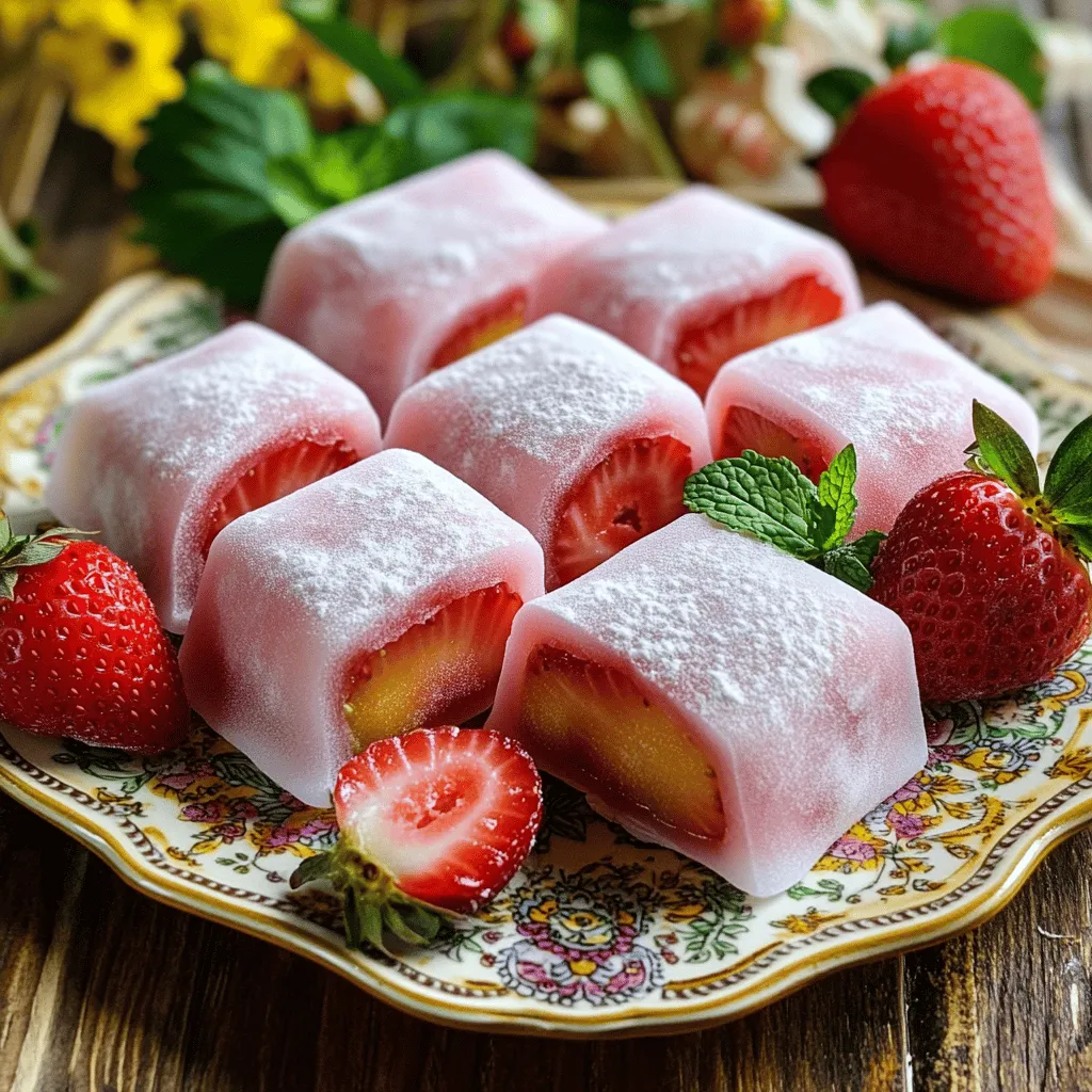 To make delicious strawberry mochi, gather these simple ingredients: - 1 cup sweet rice flour (mochi flour) - 1/4 cup sugar - 1/2 cup water - 1/2 cup fresh strawberries, chopped - 1 tablespoon cornstarch (for dusting) - 1 teaspoon vanilla extract - 1/4 teaspoon salt Using high-quality ingredients makes a big difference. Fresh strawberries are best for flavor. If strawberries are out of season, you can use frozen ones. Just make sure to thaw and drain them well. For sweet rice flour, look for brands labeled “mochi flour.” Regular rice flour won’t give you the right texture. Sugar can be adjusted based on your taste. If you prefer, try a sugar substitute like stevia. Each piece of strawberry mochi has about: - Calories: 90 - Protein: 1g - Fat: 0g - Carbohydrates: 22g - Sugar: 6g - Fiber: 1g This treat is fun and light, perfect for any occasion. Making it at home lets you enjoy a tasty dessert without too many calories. Enjoy the process and the delicious results! For the full recipe, check the earlier section. To make the mochi dough, start by mixing the dry ingredients. In a bowl, combine: - 1 cup sweet rice flour (mochi flour) - 1/4 cup sugar - 1/4 teaspoon salt Stir these together until they blend well. Next, add the wet ingredients. Gradually mix in: - 1/2 cup water - 1 teaspoon vanilla extract Keep stirring until the mixture is smooth and free of lumps. This step is key for good texture. Now, pour the mixture into a microwave-safe dish. Cover it with plastic wrap, leaving a small vent for steam. Microwave on high for 1 minute. After that, carefully remove it and stir. Cover it again and microwave for another minute. Repeat this process until you microwave for 3 minutes total, stirring each time. Be cautious; it will be hot! While the mochi cools, prepare the strawberries. Chop 1/2 cup of fresh strawberries into small pieces. Once the mochi is cool enough to touch, dust your countertop with cornstarch. This helps prevent sticking. Transfer the mochi onto the cornstarch surface. Flatten the mochi dough to about 1/4 inch thick. Cut it into squares or circles, each about 3 inches wide. Place a small spoonful of chopped strawberries in the center of each piece. Fold the edges over the filling and pinch them to seal. Finally, roll each mochi ball gently to smooth it out. Dust with more cornstarch to keep them from sticking, then place them on a serving plate. Enjoy your sweet strawberry mochi! For the complete process, check the Full Recipe. Making strawberry mochi is fun, but some errors can happen. First, do not skip the cornstarch. It keeps the mochi from sticking. If the dough is too sticky, add more cornstarch. Always cover the dish when microwaving. This helps the mochi cook evenly. If you rush the cooling time, the mochi may tear when you shape it. Take your time! To keep your strawberry mochi fresh, store it in an airtight container. Place parchment paper between layers to avoid sticking. Keep it in the fridge for up to three days. If you want to save it longer, freeze the mochi. Wrap each piece in plastic wrap, then place them in a freezer bag. They can last for up to a month in the freezer. Serving strawberry mochi is a treat for the eyes. Arrange the mochi on a colorful plate. Dust it lightly with more cornstarch for a clean look. Add whole strawberries or fresh mint leaves for a pop of color. You can also use cute cupcake liners for individual servings. This makes your dessert look extra special for parties or gatherings. {{image_2}} You can make a vegan version of strawberry mochi. Just swap regular sugar for coconut sugar. Use almond milk instead of water. This makes a tasty treat for everyone, even those who avoid dairy. The texture will stay soft, and the flavor remains sweet. If you want a low-sugar option, use a sugar substitute. Stevia or erythritol works well. You can also reduce the amount of sugar in the original recipe. This is a great way to enjoy mochi without the extra sugar. Just make sure to taste as you go! You can fill your mochi with many different flavors. Try red bean paste for a classic taste. Chocolate ganache adds a rich twist. For a fruity option, use mango or raspberries. Each filling changes the mochi's taste and makes it fun to try new things. For the full recipe, check out the Sweet Strawberry Mochi section. You can find great strawberry mochi online. Websites like Amazon and specialty Asian markets sell it. I recommend checking out sites like Mochi Ice Cream or My/Mo Mochi. They offer fresh and tasty options. Read reviews to find the best brands. Look for sellers with good ratings to ensure quality. If you prefer shopping in person, look for local Asian grocery stores. Many carry fresh strawberry mochi. Check out Japanese markets or dessert shops in your area. They often have a variety of flavors, too. Ask about their sourcing methods; fresh is always best. Prices for strawberry mochi vary. Online, you might pay around $5 to $10 for a pack. Local stores may charge similar prices, but sometimes they offer better deals. Always compare prices before buying. If you want to try making it at home, check the full recipe. It’s fun and tasty! Strawberry mochi is made from a few simple ingredients. You need: - 1 cup sweet rice flour (mochi flour) - 1/4 cup sugar - 1/2 cup water - 1/2 cup fresh strawberries, chopped - 1 tablespoon cornstarch (for dusting) - 1 teaspoon vanilla extract - 1/4 teaspoon salt These ingredients blend together to create a tasty treat. The sweet rice flour gives mochi its chewy texture. The strawberries add a fresh, fruity flavor. To store leftover mochi, place it in an airtight container. Keep it in the fridge for up to three days. This helps keep the mochi soft and tasty. If you notice it getting dry, you can lightly mist it with water before sealing. Yes, you can freeze strawberry mochi! Wrap each piece in plastic wrap. Then, place them in a freezer-safe bag. They can stay in the freezer for up to a month. When you're ready to eat, let them thaw in the fridge. Mochi has many fun variations. Some popular types include: - Matcha (green tea) mochi - Red bean mochi - Chocolate-filled mochi - Ice cream mochi Each variation brings a unique flavor. You can experiment with different fillings to find your favorite. To boost the flavor of strawberry mochi, try these tips: - Add a pinch of lemon zest to enhance the strawberries. - Mix in a splash of coconut milk for a tropical twist. - Use flavored extracts like almond or orange for extra taste. These ideas will make your mochi even more delightful! For the full recipe, check out the Sweet Strawberry Mochi section above. You learned how to make delicious strawberry mochi. We covered key ingredients, preparation steps, and tips to avoid mistakes. I shared ways to store and present your mochi, along with fun variations. You can easily find strawberry mochi online or in local stores. With this guide, you can enjoy fresh, tasty treats. Dive in and experiment with flavors and fillings. Remember, your best mochi will come from practice and creativity. Enjoy every bite!
