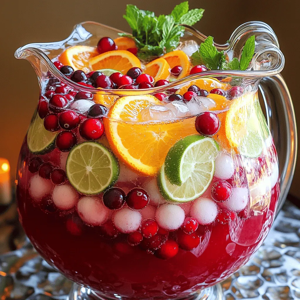 - 4 cups cranberry juice - 2 cups orange juice - 1 cup sparkling water or club soda To create a festive drink, start with the main ingredients. The cranberry juice gives a tart flavor. The orange juice adds a sweet touch. The sparkling water or club soda adds fizz, making the drink refreshing. - 1/2 cup fresh cranberries - 1 orange, sliced - Fresh mint leaves for garnish These optional garnishes make your punch look pretty. Floating fresh cranberries on top gives a pop of color. Orange slices add brightness, and mint leaves bring a fresh aroma. They also add a nice touch to the flavor. - 1 cup pomegranate juice - 1/2 lime, sliced - 1 teaspoon fresh ginger, grated These additional ingredients enhance the punch. Pomegranate juice adds a deeper flavor and rich color. Lime slices give a zesty kick, while fresh ginger brings warmth. Together, they create a balance of flavors that will impress your guests. For the full recipe, check out the Christmas Cranberry Punch instructions. Start by mixing the juices. Grab a large pitcher and pour in 4 cups of cranberry juice, 2 cups of orange juice, and 1 cup of pomegranate juice. Stir the mixture well. This blend creates a sweet and tangy base. Next, we add ginger. Grate 1 teaspoon of fresh ginger and mix it into the juice blend. Ginger adds a warm, zesty kick that makes this punch special. Now it’s time to add some fizz. Pour in 1 cup of sparkling water or club soda. This step brings bubbles to our punch. Stir gently to combine, but be careful! You don’t want to lose those refreshing bubbles. Now we can serve the punch. First, fill each glass with ice cubes. This keeps the drink cold and refreshing. Then, pour the punch mixture over the ice until the glasses are three-quarters full. For a festive touch, float fresh cranberries, orange slices, and lime slices on top of each glass. Finally, garnish with a few sprigs of fresh mint. This adds a pop of color and a lovely aroma. Serve immediately and enjoy this delightful holiday drink! You can find the full recipe above. To make the best Christmas Cranberry Punch, use chilled ingredients. Cold juices and soda keep the punch refreshing. You can also adjust the sweetness. If you want it sweeter, add more juice. Apple or pineapple juice works great! Choose clear glassware for a beautiful display. A tall glass lets guests see the festive colors. Serve your punch with fun holiday treats. Cookies or cheese plates pair well. The flavors complement each other. Preparing ingredients in advance saves time. You can mix the juices the day before. Store them in the fridge until ready. Keep the sparkling water separate until serving. This way, it stays fizzy. For best storage, use airtight containers. Enjoy the ease of having punch ready for your guests! For the full recipe, check out the Christmas Cranberry Punch recipe section. {{image_2}} You can make your Christmas Cranberry Punch even better by adding other fruit juices. Apple juice brings a sweet, crisp taste. Pineapple juice adds a tropical twist. Both juices mix well without overpowering the cranberry flavor. Infusing with seasonal spices also makes a big difference. Try adding a few cinnamon sticks or whole cloves. These spices add warmth and make your punch feel festive. You can steep them in the juice for a few hours for the best flavor. For those who want a little kick, consider adding wine or rum. A dry white wine can balance the sweetness of the juices. If you prefer rum, a light or spiced rum works best. When creating a boozy punch, add the alcohol last. This keeps the flavor light and fresh. Start with a cup of wine or rum, then taste and adjust as needed. Using herbal teas can give your punch a unique flavor. Try using chamomile or hibiscus tea as a base. Brew the tea and let it cool before mixing it with the juices. This gives your punch a fresh, herbal note. You can also add soda flavors like ginger ale. This adds extra fizz and a hint of spice. Just mix in ginger ale right before serving to keep it bubbly. For the full recipe, check out the Christmas Cranberry Punch section. You can keep leftovers of your Christmas Cranberry Punch in the refrigerator. Just pour the punch into a clean container. Use a glass jar or a pitcher with a lid. This helps keep the drink fresh and tasty. Make sure to drink it within three days. If you want to save it longer, you can freeze parts of the punch. Freeze the fruit slices and fresh cranberries separately. They last up to three months in the freezer. The mixed punch can also freeze, but it may lose some fizz. Store it in an airtight container. It lasts up to two months in the freezer. In the fridge, the punch is best enjoyed in three days. To thaw the punch, place it in the fridge overnight. This keeps it safe and tasty. If you froze the fruit, add it back to the punch after thawing. This adds flavor and color. After freezing, the punch may taste a bit flat. You can adjust it by adding a splash of sparkling water or club soda. This will bring back some fizz and freshness. You can adjust the sweetness easily. Start with the juices. If it tastes too tart, add more orange juice. You can also add a little sugar or honey. Start with a teaspoon and stir. Taste and add more if needed. Remember, balance is key. You want the punch to be refreshing, not too sweet. Yes, you can make this punch ahead of time. Mix the juices and ginger in a pitcher. Store it in the fridge for up to 24 hours. Just before serving, add the sparkling water. This keeps the fizz fresh. If you add the garnishes early, they may lose their crunch. Wait to add ice and garnishes until you serve. Garnishes make your punch look festive. Use fresh cranberries, orange slices, and lime slices. You can also add mint leaves for a pop of green. These not only look good but also add extra flavor. For a fun twist, try adding rosemary sprigs. They give a lovely aroma and a unique taste. This blog post covered a refreshing cranberry punch recipe, including ingredients, steps, and tips. You learned how to mix juices, add fizz, and serve with style. Don’t forget the garnishes to impress your guests! You can also explore fruity variations or even make it alcoholic. Remember, you can prepare it ahead and store leftovers correctly. Enjoy creating this drink for your next gathering and impress everyone with your skills. Cheers to making memorable moments with this delicious punch!