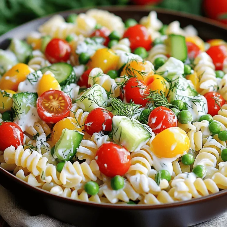 - 8 oz rotini pasta - 1 cup cherry tomatoes, halved - 1 cucumber, diced - 1 bell pepper (any color), diced - 1 cup frozen peas (thawed) - ½ cup red onion, finely chopped - 1 cup Greek yogurt - ¼ cup mayonnaise - 2 tablespoons lemon juice - 1 tablespoon Dijon mustard - 1 tablespoon fresh dill, chopped - 1 tablespoon fresh parsley, chopped - Salt and pepper to taste - Cheese (feta or mozzarella) - Cooked chicken or shrimp - Olives or artichokes To create a creamy pasta salad, start by gathering these fresh ingredients. The rotini pasta is perfect for holding the dressing. Cherry tomatoes and cucumbers add a bright crunch. Diced bell pepper brings sweetness, while peas add a pop of color. Red onion gives a sharp bite, balancing the creamy dressing. For the dressing, Greek yogurt and mayonnaise work together for a rich taste. Lemon juice adds a zesty kick. Dijon mustard brings depth, while dill and parsley add freshness. Salt and pepper round out the flavors nicely. Feel free to mix in extras like cheese or meat for added flavor and texture. These options make your salad even more exciting. You can find the full recipe [Full Recipe] to guide you through each step. 1. First, bring a large pot of salted water to a boil. This step adds flavor to the pasta. 2. Add the rotini pasta and cook it for about 8 to 10 minutes. You want it al dente, which means it should be firm but not hard. 3. After cooking, drain the pasta in a colander. Rinse it with cold water to stop the cooking. This helps keep it from becoming mushy. Set the pasta aside to cool. 1. In a large bowl, combine fresh vegetables. You will need cherry tomatoes, cucumber, bell pepper, thawed peas, and red onion. 2. For cutting, use a sharp knife. Cut the cucumber and bell pepper into small pieces. Halve the cherry tomatoes. Dicing the onion finely makes it less sharp in flavor. 1. In a separate bowl, whisk together the Greek yogurt and mayonnaise. Add lemon juice and Dijon mustard. Mix well until smooth. 2. You can adjust the flavors to your taste. If you want it tangier, add more lemon juice. For a creamier taste, add more yogurt. 1. Add the cooled pasta to the bowl with the vegetables. Pour the dressing over the pasta and veggies. 2. Gently mix everything together. Be careful not to mash the pasta. Folding helps keep the pasta intact. 1. Cover the salad with plastic wrap. You can also use an airtight container. Chill it in the fridge for at least 30 minutes. 2. This chilling time helps the flavors blend. You can store it for up to three days before serving. 1. For presentation, serve the pasta salad in a large bowl. Garnish it with fresh herbs and extra cherry tomatoes. This adds color and looks great. 2. You can also serve it in individual jars. This is a fun and modern way to present the dish. You can find the full recipe above to make this creamy pasta salad a hit at your next gathering! For creamy pasta salad, rotini is my top choice. Its twists hold the dressing well. Other good options include fusilli and farfalle. They add fun shapes and textures. To cook pasta perfectly, boil salted water first. Add the rotini and stir gently. Follow the package time for al dente. Drain it well, then rinse under cold water. This stops cooking and keeps it firm. The dressing is key to creaminess. You want it smooth but not too thick. Mix Greek yogurt and mayonnaise for a balanced taste. I suggest using two parts yogurt to one part mayonnaise. This keeps it light and flavorful. If your dressing feels too thick, add a splash of lemon juice. It brightens the flavor and helps the dressing coat the pasta well. Herbs can really boost the taste of your salad. Fresh dill and parsley are my favorites. They add freshness and a nice aroma. You could also try basil for a twist. For more flavor, think about add-ins. Chopped olives or sun-dried tomatoes work well. You can also mix in some crumbled feta or cooked chicken. These additions make the salad heartier and more satisfying. For the full recipe, check out the Creamy Herb-Infused Pasta Salad. It’s a dish full of flavor! {{image_2}} You can make the creamy pasta salad even more colorful and tasty with different veggies. Try adding: - Broccoli florets - Carrots, shredded - Spinach or arugula - Zucchini, diced For a plant-based dressing, swap Greek yogurt with silken tofu or cashew cream. These options keep the salad creamy while adding nutrition. Adding protein makes this dish more filling. You can try: - Grilled chicken diced into bite-sized pieces - Shrimp that is cooked and chilled - Cooked bacon for a smoky flavor You can also mix in legumes or beans like chickpeas or black beans. They add fiber and protein, making your salad hearty. Take your pasta salad to new places with global flavors. For an Italian twist, mix in: - Pesto sauce instead of dressing - Fresh basil leaves for a burst of aroma For Mediterranean flair, add: - Kalamata olives - Sundried tomatoes for a tangy taste These variations keep your creamy pasta salad fresh and exciting! For the complete recipe, check out the Full Recipe section. To keep your creamy pasta salad fresh, store it in airtight containers. Glass or plastic containers work well. Be sure to seal them tightly. This prevents air from spoiling the salad. Refrigerate the pasta salad right after you serve it. It tastes best when cold. Aim to eat leftovers within three to four days for the best flavor. You can freeze creamy pasta salad, but note that some ingredients may change in texture. To freeze, place the salad in a freezer-safe container. Leave some space at the top to allow for expansion. When you’re ready to eat it, move the salad to the fridge for a slow thaw. This takes several hours. Stir it well before serving to blend the flavors again. In the fridge, your creamy pasta salad can last up to four days. After that, it may start to spoil. Check for signs like a sour smell or changed color. If you see any, it’s best to throw it away. Enjoy your creamy pasta salad while it’s fresh for the best taste! Yes! You can use many pasta shapes. Some great alternatives for rotini are: - Fusilli - Penne - Farfalle If you prefer gluten-free options, try: - Brown rice pasta - Quinoa pasta - Chickpea pasta These options work well and make the salad tasty. To lighten the salad, you can substitute creamy ingredients. Instead of using a lot of mayonnaise, use more Greek yogurt. You can also add more vegetables to bulk it up. Some great choices include: - Spinach - Zucchini - Broccoli These will add flavor and nutrients while keeping the salad light. Absolutely! You can prepare this pasta salad in advance. Here are some tips: - Cook and cool the pasta a day before. - Chop vegetables and store them in the fridge. For the best taste, store prepped ingredients separately. Mix them before serving to keep everything fresh and crisp. This creamy pasta salad combines fresh ingredients with a tasty dressing. You learned how to cook the pasta, prepare the veggies, and mix everything for the best flavor. I shared tips for variations, storage, and enhancements to fit your taste. Try this recipe at your next gathering. It's easy to make, fun to customize, and always a hit. With these steps, you'll impress everyone with your pasta salad skills and enjoy a dish that's both delicious and refreshing.