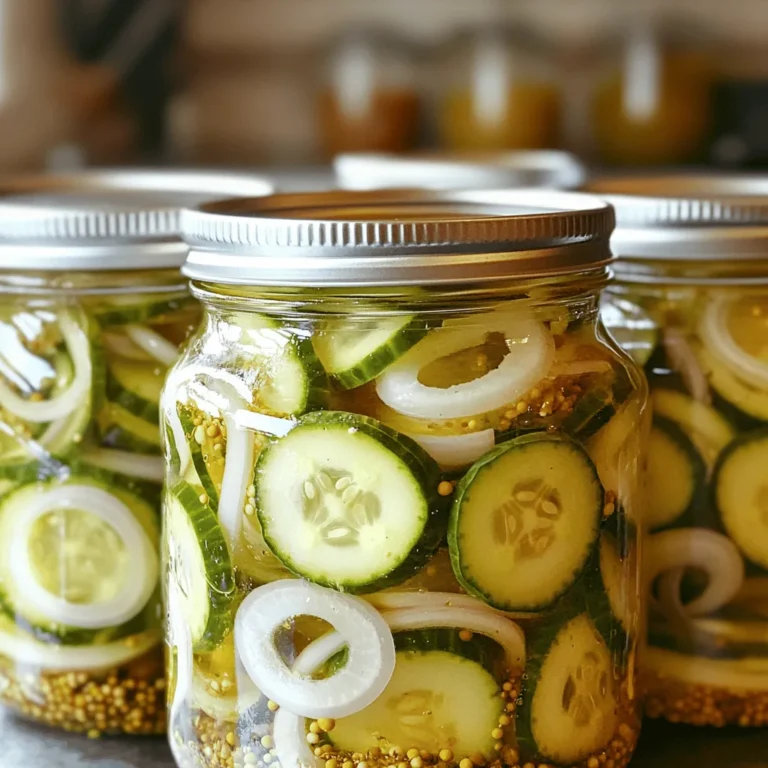To make great bread and butter pickles, you will need: - 4 cups cucumbers, sliced into thin rounds - 1 medium onion, thinly sliced - 1 cup sugar - 1 cup apple cider vinegar - 1 tablespoon mustard seeds - 1 tablespoon celery seeds - ½ teaspoon turmeric - ½ teaspoon salt - ¼ teaspoon black pepper - 1 clove garlic, sliced (optional) Each ingredient plays a key role. The cucumbers give the crunch, while the sugar adds sweetness. The vinegar brings a tangy taste, crucial for balance. Mustard and celery seeds add a nice pop of flavor. You don't need fancy tools to make these pickles. Here are the basics: - A sharp knife for slicing - A large bowl for mixing - A saucepan for heating the vinegar mix - Clean jars for storage These tools make the job easy and fun. A sharp knife helps you slice the cucumbers and onions quickly. When picking cucumbers, look for firm ones. They should feel heavy for their size. Avoid soft or wrinkled cucumbers as they can spoil quickly. Smaller cucumbers often have better taste and crunch. Try to use pickling cucumbers, as they have fewer seeds and a thicker skin. This makes them perfect for pickling. Making easy bread and butter pickles is fun and simple. First, gather all your ingredients. You need cucumbers, onion, sugar, apple cider vinegar, and some spices. 1. Combine Ingredients: Take a large bowl and mix the sliced cucumbers with the sliced onion. 2. Make the Brine: In a saucepan, mix sugar, apple cider vinegar, mustard seeds, celery seeds, turmeric, salt, black pepper, and garlic if you want. 3. Heat the Mixture: Put the saucepan on medium heat. Stir until the sugar dissolves. Watch for it to boil gently. 4. Pour the Brine: Carefully pour the hot mixture over the cucumbers and onions. Ensure they are all submerged in the brine. 5. Cool Down: Let the mixture sit at room temperature for about 30 minutes. 6. Transfer to Jars: Move the cooled mixture into clean jars. Seal them tightly to keep the flavors in. 7. Refrigerate: Place the jars in the fridge for at least 24 hours. The pickles taste best after a few days. When making pickles, avoid these common errors for the best results: - Skipping the Salt: Salt helps pull out moisture from cucumbers. Don't skip it! - Not Cooling Properly: Let the mixture cool before sealing. Hot brine can spoil the taste. - Using Unclean Jars: Clean jars prevent bacteria. Always wash them before use. - Not Waiting Long Enough: Give the pickles time to soak in the flavors. One day is just a start! For a clearer understanding, check out this visual guide: [Link to Images or Video]. It shows each step, from mixing ingredients to sealing jars. This guide will help make your pickles perfect! For great flavor, let your pickles sit. After you make them, refrigerate for at least 24 hours. The longer they sit, the better they taste. I often find that waiting a few days works wonders. This allows the flavors to blend fully. You can enjoy them right away, but they truly shine after a couple of days. Slice your cucumbers thinly for the best crunch. Aim for about 1/8 inch in thickness. This lets the brine soak in well. Use a sharp knife for smooth, even cuts. If you prefer, you can also use a mandoline for speed. Just be careful with your fingers. Uniform slices ensure even flavor distribution. Feel free to get creative with spices! You can add red pepper flakes for some heat. Dill is a classic choice for a fresh taste. Try adding a few coriander seeds for a hint of sweetness. Experiment with your favorite spices. Just remember, a little goes a long way. Start small and adjust to your taste. For more details, check out the Full Recipe. {{image_2}} Bread and butter pickles can be sweet or savory. The classic version is sweet. It uses sugar and vinegar for a nice balance. If you want savory pickles, try adding garlic or spices. Each style brings out unique flavors. Sweet pickles work well on sandwiches. Savory ones pair great with meats and cheese. You can make your pickles even more fun with add-ins. Try fresh herbs like dill or thyme for a burst of flavor. Sliced jalapeños can add heat if you like spice. You can also include crushed red pepper for warmth. Experiment with different spices like coriander or fennel seeds. Each add-in makes your pickles special and unique. If you want to cut sugar, there are options. Use a sugar substitute like stevia or monk fruit. You can also reduce the sugar amount in the recipe. Vinegar and spices still give great flavor. No-sugar versions can be just as tasty. Enjoy the crunch of fresh cucumbers without the extra calories. Check out the Full Recipe for a delicious way to start your pickling journey! To keep your pickles fresh, store them in the fridge. Use clean jars with tight lids. I recommend recycling glass jars, as they seal well. Make sure to keep the pickles submerged in the brine. This helps them stay crunchy and flavorful. Always use a clean spoon when scooping out pickles. This prevents germs from getting inside. Homemade bread and butter pickles last about two months in the fridge. After opening, eat them within a month for the best taste. If you see any changes in color or smell, it's best to toss them. The flavors will improve after a few days, so be patient! Check for a few signs to know if your pickles are bad. Look for mold on the surface or a change in color. If the brine smells off or sour, that’s a bad sign too. If the pickles feel soft or mushy, it’s time to say goodbye. Always trust your senses; if something seems wrong, don’t eat them! Yes, you can. While I love using pickling cucumbers for their crunch, you can use other types. English cucumbers work great too. They are long, smooth, and have fewer seeds. Just make sure to slice them thinly. This helps them absorb the flavors better. You can keep your bread and butter pickles in the fridge for about two months. They taste best after a few days. The flavors mix and get better over time. Just make sure to use clean jars to prevent spoilage. Canning your bread and butter pickles is a fun idea! You will need sterilized jars and lids. Follow proper canning steps to ensure safety. Process them in a water bath for at least 10 minutes. This way, you can enjoy your pickles long after the cucumbers are gone. Absolutely! The Full Recipe is easy to tweak. If you want a spicier kick, add red pepper flakes. For a more tangy taste, increase the vinegar. You can also swap out sugar for honey or agave. Experiment and find the perfect mix for your taste buds! You now have all the tools to make amazing bread and butter pickles. We covered essential ingredients, tools, and tips for choosing the best cucumbers. I shared step-by-step instructions and common mistakes to avoid. You learned about flavor tricks and fun variations for your pickles. Lastly, I explained how to store your pickles properly and answers to common questions. Enjoy experimenting and making pickles your way! The joy of homemade pickles is just a jar away.