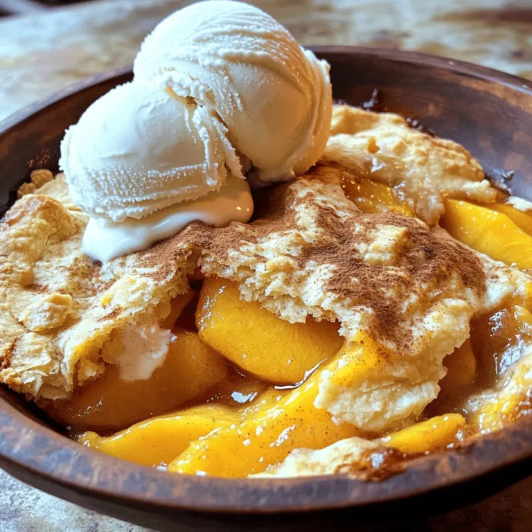 - 4 cups fresh peaches, peeled and sliced - 1 tablespoon lemon juice - 1 teaspoon vanilla extract Fresh peaches are key for this recipe. They bring sweetness and juiciness to the dish. Choose ripe peaches for the best flavor. You can use a mix of yellow and white peaches for added depth. The lemon juice helps balance the sweetness and keeps the peaches bright. - 1 cup granulated sugar (divided) - 1 cup all-purpose flour - 1 teaspoon baking powder - 1/2 teaspoon salt - 1/2 cup milk - 1/2 cup unsalted butter, melted - 1 teaspoon ground cinnamon - 1/2 teaspoon nutmeg These staples are common in most kitchens. Sugar sweetens the dish, while flour forms the base. Baking powder gives the cobbler its lift. Salt enhances flavor without making it salty. Milk adds moisture, and unsalted butter provides richness. Cinnamon and nutmeg add warm spice notes that blend perfectly with peaches. - 1/2 cup chopped nuts (like pecans or almonds) - 1/2 cup berries (like blueberries or raspberries) Adding nuts gives a nice crunch. They also add a hint of earthiness. Berries can bring a pop of color and extra tartness. Experiment with these options to create your own twist on this classic dessert. For the full recipe, check out the link. First, wash your peaches. This step helps remove any dirt. Next, peel the peaches. You can use a knife or your hands. After peeling, slice them into thin pieces. Place the slices in a large bowl. Add half a cup of sugar, lemon juice, and vanilla extract. Stir gently to coat the peaches. Let them sit for a bit to absorb the flavors. This makes the peaches sweet and juicy. In a separate bowl, combine flour, baking powder, salt, cinnamon, and nutmeg. Whisk these dry ingredients well. Next, add the rest of the sugar, milk, and melted butter. Mix until just combined. You want a smooth batter, but don’t overmix. This batter will hold everything together and create a lovely base for your cobbler. Now, preheat your oven to 375°F (190°C). Pour the batter into a greased 9x13 inch baking dish. Spread it evenly across the bottom. Carefully spoon the peach mixture over the batter. Make sure the peaches are spread out, but don’t stir it in. Bake for 35 to 40 minutes. The top should be golden brown when done. The peaches will bubble, creating a delicious aroma. Once baked, let it cool slightly before serving. Enjoy warm with a scoop of vanilla ice cream! For the complete details, check the Full Recipe. Choose firm, ripe peaches for your cobbler. Look for peaches that smell sweet. The skin should be slightly fuzzy and free of blemishes. When pressed, a ripe peach should yield slightly to your touch. Try to select local peaches in season for the best flavor. To get the best texture, slice your peaches evenly. This helps them cook at the same rate. Mixing sugar with the peaches draws out their juices. Let them sit for a few minutes before baking. This makes the filling sweet and juicy. Avoid overmixing the batter; it should be lumpy for a tender texture. Serve your peach cobbler warm for the best taste. A scoop of vanilla ice cream on top adds creaminess. You can sprinkle some cinnamon for extra flavor. For a twist, try adding whipped cream or a drizzle of caramel. Enjoy it fresh from the oven or chilled for a refreshing treat. Check out the Full Recipe for more details! {{image_2}} You can easily make a vegan peach cobbler. Swap the milk for almond or oat milk. Use coconut oil or vegan butter instead of regular butter. For the batter, replace granulated sugar with coconut sugar. This keeps it sweet but adds a nice flavor twist. Your vegan peach cobbler will taste just as good as the classic version. To make a gluten-free peach cobbler, use a gluten-free flour blend. Most blends work well in this recipe. You can also add a bit of cornstarch to help with texture. Make sure your baking powder is gluten-free too. This way, you can enjoy a delicious dessert without gluten. Get creative with your cobbler! Add berries like blueberries or raspberries to the peach filling. They bring a lovely tartness. You can also mix in nuts like pecans or almonds for a crunchy texture. Both options add great flavor and make your cobbler even more special. For more ideas, check out the Full Recipe. After you enjoy this delicious peach cobbler, store the leftovers in an airtight container. Keep it in the fridge for up to three days. Make sure it cools down before sealing it. This helps keep the texture nice. You can freeze peach cobbler for later. Cut it into squares and place them in a freezer-safe container. Wrap each piece tightly in plastic wrap first. It can last up to three months in the freezer. Just remember to label the container with the date. To reheat, preheat your oven to 350°F (175°C). Place the cobbler in an oven-safe dish. Cover it with foil to keep it moist. Heat for about 15 to 20 minutes. If you want a crispy top, remove the foil for the last 5 minutes. Enjoy it warm, maybe with some ice cream! Homemade Peach Cobbler can last for about 3 to 4 days in the fridge. Make sure you cover it well. If it is stored tightly, it stays fresh longer. You can also freeze it for up to 3 months. Just let it cool first. Then wrap it in plastic wrap before placing it in a freezer bag. Yes, you can use canned or frozen peaches. Just make sure to drain canned peaches well. If using frozen peaches, thaw them first and drain any extra liquid. This helps keep the cobbler from getting soggy. The flavor will still be nice, but fresh peaches give the best taste. Peach Cobbler is great on its own, but you can add fun toppings. Here are some ideas: - Vanilla ice cream - Whipped cream - A sprinkle of cinnamon - Fresh mint leaves These toppings make the dish even more special. Yes, you can use coconut oil or a dairy-free margarine. Both work well in this recipe. Just melt the substitution like you would with butter. This keeps the flavor rich and creamy without dairy. The main difference is in the topping. Peach Cobbler has a soft, cake-like batter on top. Peach Crisp features a crunchy topping made of oats and brown sugar. Both desserts are delicious, but they give different textures and flavors. You can choose based on what you like best. For the full recipe, check out the Sweet Summer Peach Cobbler. Making peach cobbler is a fun and tasty adventure. We covered fresh ingredients and kitchen staples, plus some optional extras for flavor. I shared easy steps for prepping, mixing, and baking. You learned tips on picking the best peaches and serving ideas. Remember, you can make vegan or gluten-free versions too. Storing and reheating tips ensure every bite stays fresh. Enjoy your peach cobbler journey! You now have the skills to impress friends and family with this delicious treat.