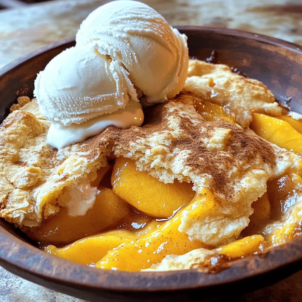 - 4 cups fresh peaches, peeled and sliced - 1 tablespoon lemon juice - 1 teaspoon vanilla extract Fresh peaches are key for this recipe. They bring sweetness and juiciness to the dish. Choose ripe peaches for the best flavor. You can use a mix of yellow and white peaches for added depth. The lemon juice helps balance the sweetness and keeps the peaches bright. - 1 cup granulated sugar (divided) - 1 cup all-purpose flour - 1 teaspoon baking powder - 1/2 teaspoon salt - 1/2 cup milk - 1/2 cup unsalted butter, melted - 1 teaspoon ground cinnamon - 1/2 teaspoon nutmeg These staples are common in most kitchens. Sugar sweetens the dish, while flour forms the base. Baking powder gives the cobbler its lift. Salt enhances flavor without making it salty. Milk adds moisture, and unsalted butter provides richness. Cinnamon and nutmeg add warm spice notes that blend perfectly with peaches. - 1/2 cup chopped nuts (like pecans or almonds) - 1/2 cup berries (like blueberries or raspberries) Adding nuts gives a nice crunch. They also add a hint of earthiness. Berries can bring a pop of color and extra tartness. Experiment with these options to create your own twist on this classic dessert. For the full recipe, check out the link. First, wash your peaches. This step helps remove any dirt. Next, peel the peaches. You can use a knife or your hands. After peeling, slice them into thin pieces. Place the slices in a large bowl. Add half a cup of sugar, lemon juice, and vanilla extract. Stir gently to coat the peaches. Let them sit for a bit to absorb the flavors. This makes the peaches sweet and juicy. In a separate bowl, combine flour, baking powder, salt, cinnamon, and nutmeg. Whisk these dry ingredients well. Next, add the rest of the sugar, milk, and melted butter. Mix until just combined. You want a smooth batter, but don’t overmix. This batter will hold everything together and create a lovely base for your cobbler. Now, preheat your oven to 375°F (190°C). Pour the batter into a greased 9x13 inch baking dish. Spread it evenly across the bottom. Carefully spoon the peach mixture over the batter. Make sure the peaches are spread out, but don’t stir it in. Bake for 35 to 40 minutes. The top should be golden brown when done. The peaches will bubble, creating a delicious aroma. Once baked, let it cool slightly before serving. Enjoy warm with a scoop of vanilla ice cream! For the complete details, check the Full Recipe. Choose firm, ripe peaches for your cobbler. Look for peaches that smell sweet. The skin should be slightly fuzzy and free of blemishes. When pressed, a ripe peach should yield slightly to your touch. Try to select local peaches in season for the best flavor. To get the best texture, slice your peaches evenly. This helps them cook at the same rate. Mixing sugar with the peaches draws out their juices. Let them sit for a few minutes before baking. This makes the filling sweet and juicy. Avoid overmixing the batter; it should be lumpy for a tender texture. Serve your peach cobbler warm for the best taste. A scoop of vanilla ice cream on top adds creaminess. You can sprinkle some cinnamon for extra flavor. For a twist, try adding whipped cream or a drizzle of caramel. Enjoy it fresh from the oven or chilled for a refreshing treat. Check out the Full Recipe for more details! {{image_2}} You can easily make a vegan peach cobbler. Swap the milk for almond or oat milk. Use coconut oil or vegan butter instead of regular butter. For the batter, replace granulated sugar with coconut sugar. This keeps it sweet but adds a nice flavor twist. Your vegan peach cobbler will taste just as good as the classic version. To make a gluten-free peach cobbler, use a gluten-free flour blend. Most blends work well in this recipe. You can also add a bit of cornstarch to help with texture. Make sure your baking powder is gluten-free too. This way, you can enjoy a delicious dessert without gluten. Get creative with your cobbler! Add berries like blueberries or raspberries to the peach filling. They bring a lovely tartness. You can also mix in nuts like pecans or almonds for a crunchy texture. Both options add great flavor and make your cobbler even more special. For more ideas, check out the Full Recipe. After you enjoy this delicious peach cobbler, store the leftovers in an airtight container. Keep it in the fridge for up to three days. Make sure it cools down before sealing it. This helps keep the texture nice. You can freeze peach cobbler for later. Cut it into squares and place them in a freezer-safe container. Wrap each piece tightly in plastic wrap first. It can last up to three months in the freezer. Just remember to label the container with the date. To reheat, preheat your oven to 350°F (175°C). Place the cobbler in an oven-safe dish. Cover it with foil to keep it moist. Heat for about 15 to 20 minutes. If you want a crispy top, remove the foil for the last 5 minutes. Enjoy it warm, maybe with some ice cream! Homemade Peach Cobbler can last for about 3 to 4 days in the fridge. Make sure you cover it well. If it is stored tightly, it stays fresh longer. You can also freeze it for up to 3 months. Just let it cool first. Then wrap it in plastic wrap before placing it in a freezer bag. Yes, you can use canned or frozen peaches. Just make sure to drain canned peaches well. If using frozen peaches, thaw them first and drain any extra liquid. This helps keep the cobbler from getting soggy. The flavor will still be nice, but fresh peaches give the best taste. Peach Cobbler is great on its own, but you can add fun toppings. Here are some ideas: - Vanilla ice cream - Whipped cream - A sprinkle of cinnamon - Fresh mint leaves These toppings make the dish even more special. Yes, you can use coconut oil or a dairy-free margarine. Both work well in this recipe. Just melt the substitution like you would with butter. This keeps the flavor rich and creamy without dairy. The main difference is in the topping. Peach Cobbler has a soft, cake-like batter on top. Peach Crisp features a crunchy topping made of oats and brown sugar. Both desserts are delicious, but they give different textures and flavors. You can choose based on what you like best. For the full recipe, check out the Sweet Summer Peach Cobbler. Making peach cobbler is a fun and tasty adventure. We covered fresh ingredients and kitchen staples, plus some optional extras for flavor. I shared easy steps for prepping, mixing, and baking. You learned tips on picking the best peaches and serving ideas. Remember, you can make vegan or gluten-free versions too. Storing and reheating tips ensure every bite stays fresh. Enjoy your peach cobbler journey! You now have the skills to impress friends and family with this delicious treat.