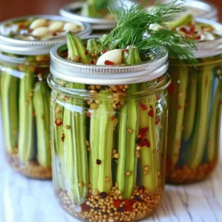 - Fresh okra: Use 1 pound of fresh okra. Trim the tops and tails. - Essential pickling ingredients: You need 4 cups of water, 1 cup of apple cider vinegar, 2 tablespoons of sea salt, and 2 tablespoons of granulated sugar. - Flavor-enhancing spices and herbs: Gather 4 cloves of garlic (peeled), 2 teaspoons of mustard seeds, 1 teaspoon of red pepper flakes, 1 teaspoon of dill seeds, and 1 teaspoon of black peppercorns. Don't forget fresh dill sprigs for garnish! These ingredients work together to create a crunchy and flavorful snack. The okra stays crisp, while the spices add a spicy kick. You can find the Full Recipe to get all the steps for making this delicious treat! To start, you need to prepare your jars for pickling. Take four pint-sized mason jars and their lids. Boil them in water for 10 minutes. This step keeps your pickles safe. After boiling, let the jars dry upside down on a clean cloth. It’s important to keep them clean. Next, we move on to boiling the brine mixture. In a large pot, combine 4 cups of water, 1 cup of apple cider vinegar, 2 tablespoons of sea salt, and 2 tablespoons of granulated sugar. Heat the mixture over medium heat. Stir it until the salt and sugar dissolve. Bring it to a boil. This brine is the heart of your pickles. Once you have your brine ready, it’s time to pack the jars. Divide 1 pound of fresh okra evenly among the sterilized jars. In each jar, add 1 clove of peeled garlic, 1/2 teaspoon of mustard seeds, 1/4 teaspoon of red pepper flakes, 1/4 teaspoon of dill seeds, and a few black peppercorns. This mix adds great flavor. Now, carefully pour the hot brine over the okra in each jar. Make sure the okra is fully submerged. Leave about 1/2 inch of headspace at the top. This space helps the pickles stay fresh. Next, we need to seal the jars. Wipe the rims of the jars with a clean cloth. This step removes any brine residue. Place the sterilized lids on top and screw the metal bands fingertip-tight. For the next step, use the water bath canning method. Place the jars in a boiling water bath for 10 to 15 minutes. This process creates a seal. Adjust the time based on your elevation. You’ll need a longer time for higher elevations. After the water bath, remove the jars and let them cool completely. Place them on a clean towel or cooling rack. As they cool, listen for the lids to pop. This pop means you have a good seal. Store your pickled okra in a cool, dark place for at least 1 week. This wait helps enhance the flavor. You can find the full recipe [here](#). For the best flavor in spicy dill pickled okra, I suggest you let the jars sit for at least a week. This time allows the spices to blend with the okra. You can taste your pickles after a week. If you want more heat, add extra red pepper flakes. Taste as you go to find your perfect spice level. When canning, proper sterilization is key. Always boil your jars and lids for ten minutes before use. This step kills germs and keeps your pickles safe. After sealing, check that each lid is tight. A good seal means the lid won't pop up when you press it. If the lid pops back, the jar is not sealed. Spicy dill pickled okra is great as a snack or appetizer. Serve it with cheese and crackers for a tasty platter. You can also add it to salads for a crunchy kick. Try it in your favorite sandwiches. The flavors really shine when paired with rich meats or creamy dips. Enjoy this crunchy treat any time! {{image_2}} You can boost the taste of your spicy dill pickled okra easily. Adding different spices or herbs can change the flavor profile. Try adding coriander seeds for a citrusy twist. You can also use fresh thyme or oregano for a unique touch. Experimenting with vinegar types can create different tastes too. For a milder flavor, use white vinegar. If you want a sweeter taste, try rice vinegar. Each choice will give your pickled okra a new life. You might want to make a low-sodium version of this recipe. Simply reduce the amount of sea salt. You can also use salt substitutes to keep the taste strong without the sodium. For those who follow a vegan diet, you’re in luck! The base recipe is already vegan-friendly. Just ensure you use plant-based salt substitutes if you choose to adjust salt levels. Get creative by incorporating other vegetables into your jars. Carrots or cauliflower add color and crunch. You can even add some sliced bell peppers for a sweet flavor. If you want to mix in fruits, consider using sliced apples or pears. They add a nice sweetness that contrasts well with the heat. Just remember to balance sweet and savory for the best results. Store your spicy dill pickled okra in a cool, dark place. The ideal temperature is around 50 to 70 degrees Fahrenheit. This helps keep the flavor fresh. Try to avoid direct sunlight, as it may affect the taste and color. Pickled okra can last for several months. When kept properly, it can stay good for up to one year. However, for the best taste, enjoy it within six months. You should refrigerate your pickled okra after opening the jar. This keeps it fresh and crunchy longer. Once opened, it can last about 2 to 4 weeks in the fridge. If unopened, you can store the jars in the pantry. They will still taste great for many months. Just make sure they are sealed well before storing. Check for signs of spoilage before eating pickled okra. If the lid is bulging or the jar is leaking, do not eat it. Also, look for any strange smells or colors. If the okra is soft or mushy, that is a warning sign too. Always trust your senses. If something seems off, throw it away safely. How long do I need to wait before eating? I recommend waiting at least one week. This time allows the flavors to blend well. The longer you wait, the better the taste will be. Some prefer to wait two weeks for a richer flavor. Can I reuse the brine for new batches? Reusing brine is possible, but it may lose flavor. Always check for signs of spoilage before using it again. If you plan to reuse, add fresh spices and salt to boost flavor. Health benefits of okra Okra is rich in vitamins and minerals. It provides fiber, which aids digestion. It also contains antioxidants that can help reduce inflammation. Eating okra may support heart health and lower blood sugar levels. Caloric content per serving A serving of spicy dill pickled okra has about 20 calories. This makes it a low-calorie snack. It is a great option for those watching their calorie intake while still enjoying a flavorful treat. Sourcing fresh okra Look for okra in local farmers' markets or grocery stores. Fresh okra should feel firm and look bright green. If you can, choose pods that are small to medium-sized for the best flavor. Recommended suppliers or markets I suggest checking out your local co-op or specialty grocery store. These places often stock fresh, high-quality okra. You can also find it at some big-chain grocery stores, especially during peak season. In this blog post, we explored how to pickle okra. We covered essential ingredients, step-by-step instructions, and helpful tips. You learned about flavor variations and the best storage practices. Pickling okra can add a tasty crunch to your meals. It is rewarding and safe if you follow the guidance provided. Enjoy your pickled okra as snacks or sides, and feel free to experiment with ingredients. Happy pickling!